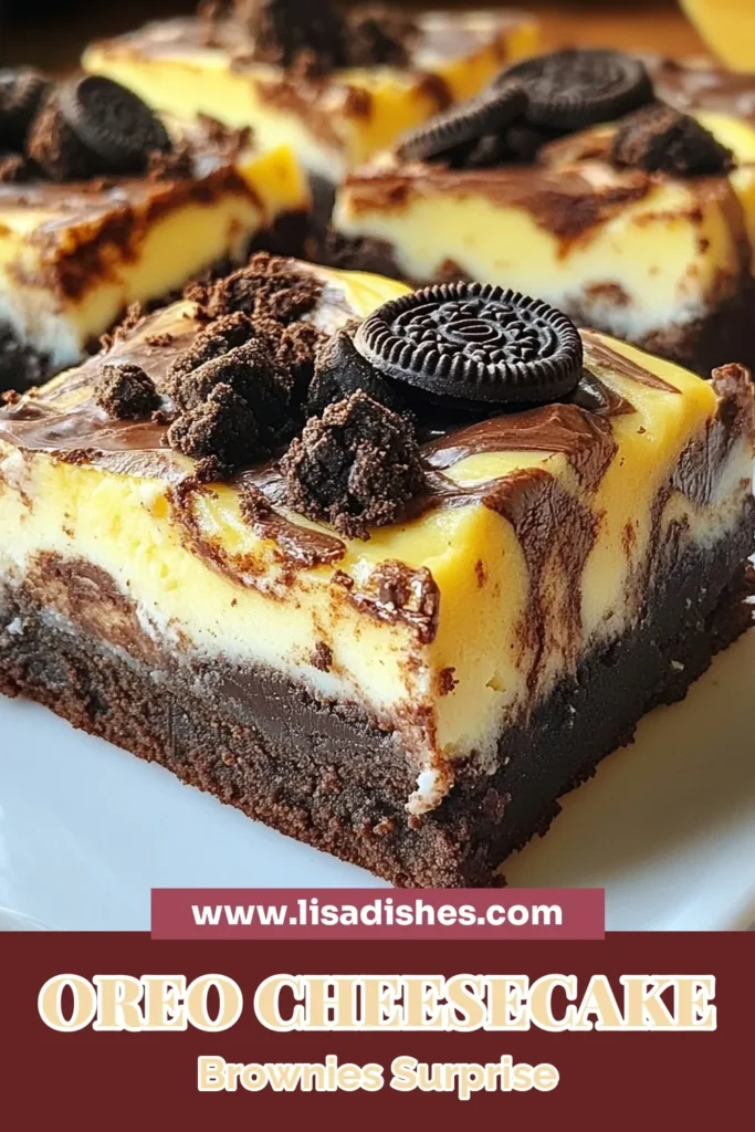 Indulge in the ultimate dessert with this Oreo cheesecake brownies recipe! These chocolate cheesecake brownies combine rich brownie and creamy cheesecake layers for a deliciously easy Oreo brownie dessert. Baked Oreo brownies are perfect for any occasion and will impress your guests. Try this cream cheese brownie recipe today and watch them disappear! Save this recipe for your next baking adventure! #OreoBrownies #CheesecakeBrownies #DessertRecipe #BakingJoy
