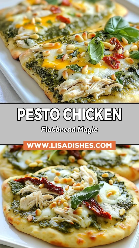 Looking for a delicious and quick dinner recipe? Try this pesto chicken flatbread! This easy flatbread recipe is perfect for busy nights and brings the flavor of chicken pesto pizza right to your table. With layers of shredded chicken, mozzarella, sun-dried tomatoes, and fresh spinach, it's a healthy flatbread meal the whole family will love. Don’t miss out—save this recipe for your next meal! #PestoChickenFlatbread #EasyDinner #FlatbreadRecipe #HealthyMeals
