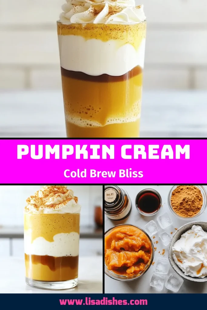 Indulge in the flavors of fall with this Pumpkin Cream Cold Brew recipe! This easy cold brew coffee recipe combines smooth cold brew coffee with a delightful pumpkin spice drink that's perfect for cozy mornings. Made with rich heavy cream, real pumpkin puree, and a hint of maple syrup, this pumpkin cream cold brew is a must-try. Enjoy as a delicious cold brew dessert or refreshing pick-me-up. Save this recipe to bring autumn vibes to your kitchen! #PumpkinCreamColdBrew #ColdBrewCoffeeRecipe #PumpkinSpiceDrink #FallCoffeeRecipe
