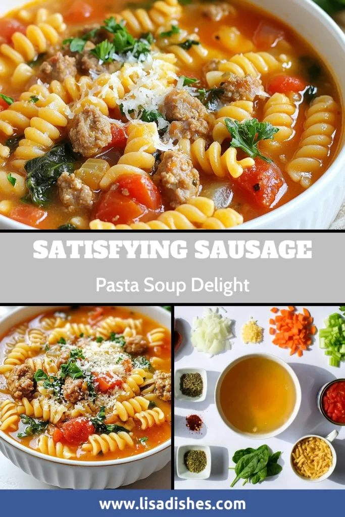 Warm up with this savory sausage pasta soup that's perfect for any weeknight dinner. This easy pasta soup combines Italian sausage, fresh vegetables, and chicken broth for a delicious one-pot sausage soup that family and friends will love. Enjoy a comforting meal in just 30 minutes with this Italian sausage soup recipe. Save this recipe for later and share the joy of cooking! #SausagePastaSoup #OnePotMeals #ItalianSausage #EasyDinnerIdeas