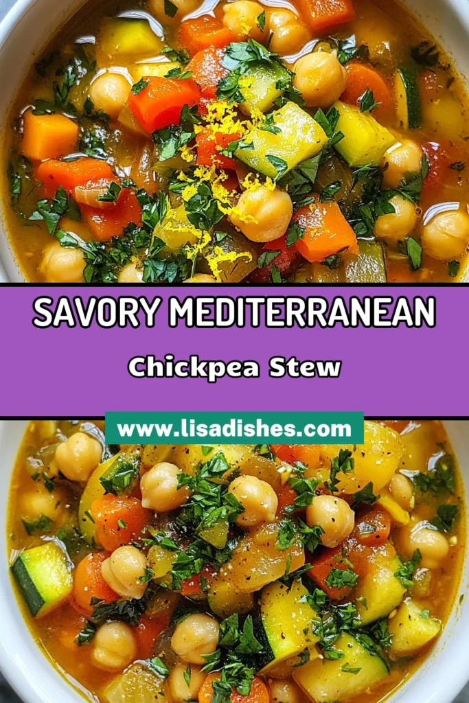 Discover the delightful flavors of this Mediterranean Chickpea Stew! This easy vegetable stew is a hearty, vegan chickpea recipe that doubles as a healthy Mediterranean stew. In just one pot, you’ll create a filling chickpea meal that's perfect for any day of the week. Enjoy the aromatic blend of spices and fresh veggies in every bite. Save this simple, wholesome recipe for your next dinner! #MediterraneanChickpeaStew #VeganRecipe #OnePotMeal #HealthyEating