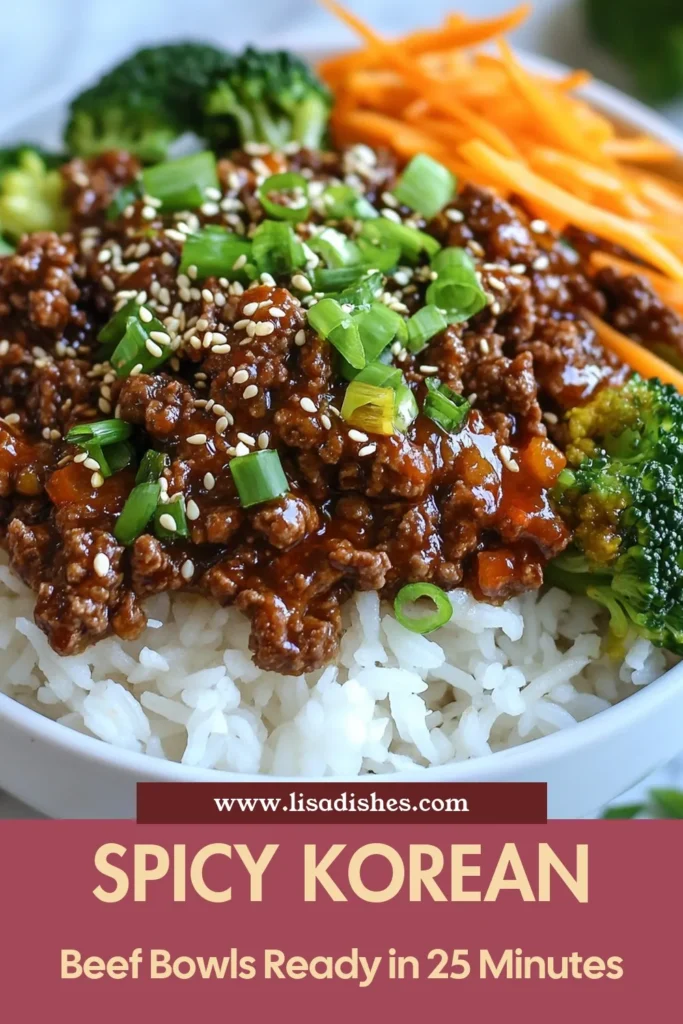 Discover a delicious Spicy Korean beef recipe that will elevate your weeknight dinners! These Gochujang beef bowls are not only quick to make but also perfect for a satisfying ground beef meal prep. Packed with flavor, our broccoli carrot bowl recipe adds a nutritious twist. Ready in just 25 minutes, this quick Korean dinner is perfect for busy nights. Save this recipe for a tasty meal that your family will love! #KoreanBeef #MealPrep #QuickDinner #HealthyEating