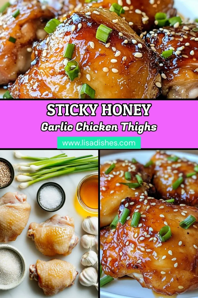 Discover this mouthwatering honey garlic chicken recipe featuring sticky chicken thighs that are easy to make and perfect for any weeknight dinner. These baked chicken thighs are drenched in a flavorful garlic soy sauce, making every bite irresistible. Enjoy a delightful meal that the whole family will love! Save this recipe for your next easy chicken dinner and impress your guests. #HoneyGarlicChicken #StickyChickenThighs #EasyChickenDinner #BakedChickenThighs