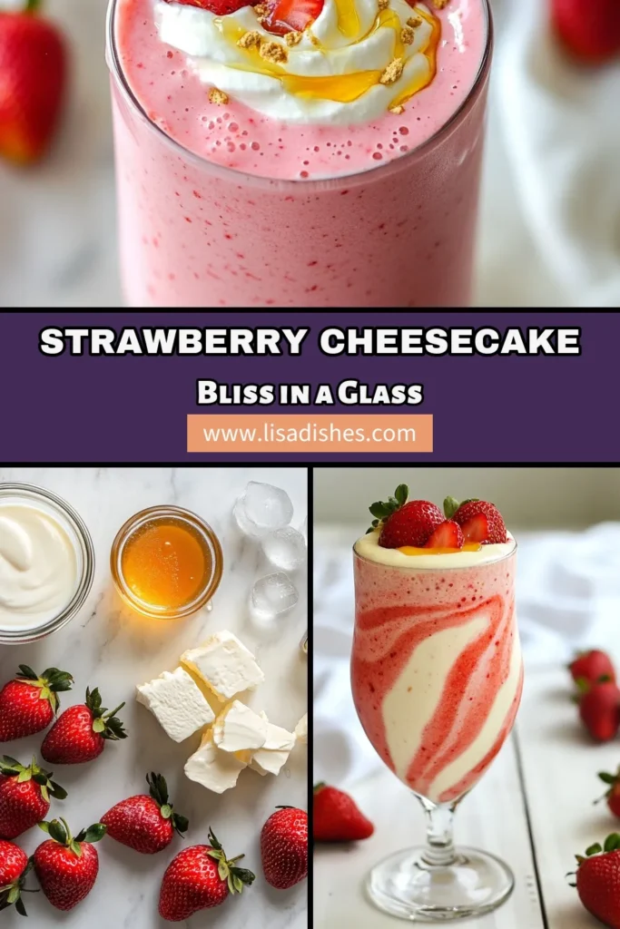 Indulge in this delicious strawberry cheesecake smoothie, a quick dessert smoothie that delights your taste buds! This healthy smoothie recipe features cream cheese and Greek yogurt for a creamy texture, blending fresh strawberries for a fruity twist. Perfect for any time of day, it's a guilt-free treat you can whip up in just 10 minutes. Click to discover the recipe and savor this delightful drink! #SmoothieRecipe #StrawberryCheesecake #HealthyDessert #CreamCheeseSmoothie