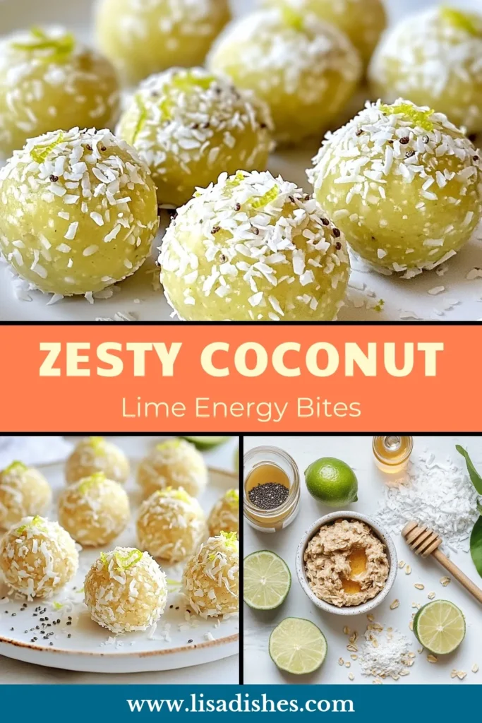 Looking for a delicious and nutritious treat? Try these Coconut Lime Energy Balls! Packed with flavor, these Healthy Energy Snacks are perfect for a quick boost. Made with rolled oats, almond butter, and zesty lime, they’re great as No-Bake Coconut Balls or Lime Chia Energy Bites. Fuel your day with these Nut Butter Energy Balls that are easy to make and perfect for on-the-go snacking. Save this recipe for later! #HealthySnacks #EnergyBites #NoBakeRecipes #CoconutLime