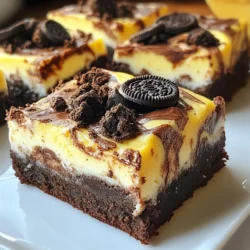 To make Oreo Cheesecake Brownies, gather the following ingredients: - 1 cup unsalted butter (2 sticks), melted - 2 cups granulated sugar - 4 large eggs - 1 teaspoon vanilla extract - 1 cup all-purpose flour - 1 cup unsweetened cocoa powder - ½ teaspoon salt - 1 cup crushed Oreo cookies (plus extra for topping) - 8 oz cream cheese, softened - ½ cup powdered sugar - 1 egg - 1 teaspoon vanilla extract These ingredients work together to create a rich and decadent treat. The unsalted butter adds moisture, while the sugar sweetens the mix. The eggs help bind everything, making the brownies soft and chewy. The vanilla extract brings a lovely flavor. All-purpose flour and cocoa powder form the brownie base, while the salt helps balance the sweetness. The crushed Oreo cookies add crunch and flavor, making these brownies special. The cream cheese and powdered sugar create a smooth cheesecake layer. This layer contrasts with the brownie texture. Adding another egg and vanilla to the cheesecake mixture helps it set perfectly. With these ingredients, you can create a dessert that is both creamy and chocolaty. It’s a crowd-pleaser for any occasion! {{ingredient_image_1}} Start by preheating your oven to 350°F (175°C). This temperature is key for baking. Next, take a 9x13-inch baking dish and grease it with cooking spray. You can also line it with parchment paper for easy removal later. This step helps prevent sticking and makes serving easier. In a large bowl, mix 1 cup of melted unsalted butter with 2 cups of granulated sugar. Whisk them together until they blend well. Now, add 4 large eggs one by one. Mix thoroughly after each egg. This makes your batter rich and fluffy. Finally, stir in 1 teaspoon of vanilla extract for extra flavor. In another bowl, sift 1 cup of all-purpose flour, 1 cup of unsweetened cocoa powder, and ½ teaspoon of salt together. This step combines the dry ingredients and breaks up any lumps. Slowly add this dry mix to the wet mixture. Stir gently until just combined. Don’t overmix! Fold in 1 cup of crushed Oreo cookies, leaving some aside for the topping. In a separate bowl, beat 8 oz of softened cream cheese with ½ cup of powdered sugar. Mix until the cream cheese is smooth. Now add 1 egg and 1 teaspoon of vanilla extract. Blend until everything is well mixed. This creamy layer adds a nice contrast to the brownies. Spread half of the brownie batter evenly into the prepared baking dish. Then, spoon the cheesecake mixture over this layer. Gently spread it out to cover the brownie batter. Finally, drop spoonfuls of the remaining brownie batter on top of the cheesecake layer. Use a knife to swirl the two layers together for a marbled look. Place the dish in your preheated oven and bake for 30 to 35 minutes. To check if they are done, insert a toothpick into the center. It should come out mostly clean, but some moist brownie crumbs are fine. After baking, let the brownies cool in the pan for at least 15 minutes. This cooling time helps them set and makes slicing easier. To get a great brownie texture, mix well but don’t overdo it. Over-mixing can make brownies tough. When you add dry ingredients, stir just until you see no flour. This helps keep them soft and fudgy. Use high-quality cocoa powder for a richer taste. The key is to bake them until a toothpick shows a few moist crumbs. Swirling the cheesecake layer into the brownie mix adds a nice look. After you layer the brownie and cheesecake, use a knife to gently swirl. Don't over-swish! You want distinct layers, not a blended mess. A simple back-and-forth motion works well. This gives each bite the perfect mix of brownie and cheesecake. Let the brownies cool for at least 15 minutes before slicing. This helps them set and makes cutting easier. For serving, try a decorative platter. Top with extra crushed Oreo cookies for a fun touch. You can also drizzle some melted chocolate or caramel sauce over them for extra flair. Pro Tips Butter Temperature: Ensure your butter is fully melted but not too hot to prevent cooking the eggs when mixed in. Cheesecake Consistency: Beat the cream cheese until completely smooth to avoid lumps in your cheesecake layer. Swirling Technique: Use a knife to create gentle swirls for a beautiful marbled effect, but don't overdo it to keep the layers distinct. Cooling Time: Allow the brownies to cool for at least 15 minutes before slicing to ensure cleaner cuts and better texture. {{image_2}} You can make gluten-free Oreo cheesecake brownies easily. Simply swap the all-purpose flour for a gluten-free blend. Look for a blend that works well in baking. This will keep the texture light and chewy. Check the cookie package too; some brands offer gluten-free Oreos. While Oreos shine in this recipe, you can get creative. Try using chocolate chip cookies or peanut butter cookies instead. Just crush them like Oreos and use them as a topping. This adds a fun twist to the flavor. You can even mix different cookie types for a unique crunch. For a little extra crunch, consider adding nuts. Chopped walnuts or pecans work well. Just fold them into the brownie batter before baking. If you love chocolate, toss in some chocolate chips. These add richness and melt beautifully. You can mix and match to find your favorite combination! To store your Oreo cheesecake brownies, first let them cool. Place them in an airtight container. You can keep them at room temperature for up to two days. For longer storage, refrigerate them. They will stay fresh for about a week. Just make sure to cover them well to keep them moist. You can freeze these brownies if you want to save some for later. Cut them into squares and wrap each piece in plastic wrap. Then, place the wrapped brownies in a freezer bag. They can last up to three months in the freezer. When you’re ready to enjoy, let them thaw in the fridge overnight. If you want to warm up the brownies, use the microwave. Heat them for about 10 to 15 seconds. This helps to soften the cheesecake layer. You can also reheat them in the oven at 350°F for about 5 to 10 minutes. Enjoy them warm for a gooey treat! Yes, you can use other cookies. Try chocolate sandwich cookies, peanut butter cookies, or even gingersnaps. Each will give a unique twist to your brownies. Just crush them into small pieces like you would with Oreos. If you need a substitute for cream cheese, use Greek yogurt or mascarpone. Both will give a creamy texture. You can also use silken tofu for a dairy-free option. Just blend it well to make it smooth. To check if your brownies are done, insert a toothpick into the center. If it comes out with a few moist crumbs, they are ready. If it’s wet with batter, bake a few more minutes. Yes, you can make these brownies ahead of time. Bake them and let them cool completely. Store them in an airtight container at room temperature for up to three days. To cut brownies neatly, use a sharp knife. Dip the knife in hot water and wipe it dry before each cut. This helps create clean edges. Make sure to let them cool first for easier cutting. In this post, I shared a simple recipe for delicious brownie cheesecake with Oreos. You learned about the key ingredients, step-by-step instructions, and helpful tips for perfecting your brownies. I also provided variations to suit different diets and preferences. These brownies are easy to make and fun to share. Try them at your next gathering! Enjoy your baking journey!