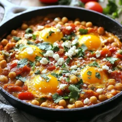 - 1 tablespoon olive oil - 1 medium onion, finely chopped - 2 garlic cloves, minced - 1 red bell pepper, diced - 1 can (15 oz) chickpeas, drained and rinsed - 1 can (14 oz) diced tomatoes - 1 teaspoon smoked paprika - 1 teaspoon ground cumin - 1/2 teaspoon chili powder - Salt and pepper to taste - 4 large eggs - Fresh cilantro or parsley for garnish - Crumbled feta cheese (optional) Using fresh ingredients makes a big difference. Choose bright, firm vegetables for the best taste. Fresh herbs like cilantro or parsley add a burst of flavor. Always use high-quality olive oil. It enhances the dish's richness. Canned tomatoes should be ripe and flavorful. Look for ones with no added preservatives. If you don’t have chickpeas, you can use black beans. They hold up well and taste great. If you need a vegan option, skip the eggs and use tofu. You can also swap the red bell pepper for yellow or green. For spices, use smoked salt if you don’t have smoked paprika. If you want more heat, add cayenne pepper instead of chili powder. {{ingredient_image_1}} To make this dish, start by heating one tablespoon of olive oil in a large skillet over medium heat. Next, add one medium onion that you finely chopped. Cook it until it softens, about five minutes. Now, stir in two minced garlic cloves and one diced red bell pepper. Cook for another three to four minutes until the pepper is tender. Add one can of drained chickpeas and one can of diced tomatoes to the skillet. Sprinkle in one teaspoon each of smoked paprika and ground cumin, along with half a teaspoon of chili powder. Season with salt and pepper to your liking. Stir everything together well. Let the mixture simmer for around ten minutes. Stir occasionally as the sauce thickens. With a spoon, make small wells in the chickpea mix. Carefully crack one egg into each well. Cover the skillet with a lid and cook for about five to seven minutes. The egg whites should set, but the yolks should stay runny. If you prefer firmer yolks, adjust the cooking time. Once done, remove from heat and garnish with fresh cilantro or parsley. If you like, sprinkle crumbled feta cheese on top. To get the best eggs, use fresh eggs. They hold their shape better. Keep an eye on the time while cooking. The perfect runny yolk takes about five to seven minutes. If you want firmer yolks, leave them a bit longer. Covering the skillet helps the eggs cook evenly. Serve your smoky chickpea shakshuka directly from the skillet for a cozy feel. Pair it with warm, crusty bread or pita for scooping. You can also add a sprinkle of extra paprika or some chili flakes on top for a pop of color and flavor. Enjoy your meal! When making smoky chickpea shakshuka, avoid these common errors: - Not draining chickpeas: Always drain and rinse your chickpeas. This helps remove excess salt and makes them fresher. - Overcooking the eggs: Be careful not to overcook the eggs. Cook them until the whites are set but the yolks remain runny. - Ignoring seasoning: Taste your dish before serving. Adjust salt and pepper to enhance the flavors. To adjust spice levels in your shakshuka, follow these tips: - Start with less spice: If you are unsure, start with half the chili powder. You can always add more later. - Add heat gradually: If you want more heat, add a pinch of cayenne or red pepper flakes slowly. - Balance with sweetness: If it gets too spicy, add a little sugar or honey to balance the heat. Using the right tools makes cooking easier and more enjoyable: - Large skillet: A 10- or 12-inch skillet works best. It provides enough room for the eggs and chickpeas. - Lid for the skillet: This helps cook the eggs evenly and keeps moisture in. - Spatula or wooden spoon: Use this to stir and serve your shakshuka without scratching your skillet. Pro Tips Fresh Ingredients: Using fresh herbs and vegetables will elevate the flavor of your shakshuka. Always opt for ripe tomatoes and vibrant bell peppers for the best taste. Customize the Spice: Feel free to adjust the spices to suit your taste. If you like it spicier, add more chili powder or a dash of cayenne pepper for a kick. Perfect Egg Yolks: For runny yolks, cook the eggs for just 5-7 minutes. If you prefer firmer yolks, increase the cooking time slightly and check for doneness. Serving Suggestions: Serve your shakshuka with warm crusty bread or pita for dipping. A side of creamy yogurt can also complement the dish beautifully. {{image_2}} You can easily make this dish vegetarian or vegan. To do this, skip the eggs. Instead, use silken tofu. Crumble it into the chickpea mix. It gives a creamy texture. You can also add more veggies. Spinach, zucchini, or mushrooms work well. They add great taste and nutrition. If you want more protein, add different options. You can mix in cooked chicken or turkey. They add a nice flavor. You can also try using sausage. Just slice it and cook it with the onions. For a plant-based option, consider adding lentils. They blend well with chickpeas and spices. Spice blends can change the flavor of your shakshuka. Try adding harissa for a North African twist. This spice mix brings heat and depth. You can also use curry powder for an Indian flair. It gives a unique taste. If you want a Mediterranean vibe, add za'atar. This mix of herbs and spices will brighten the dish. Experimenting with spices makes this dish fun and personal! To store your smoky chickpea shakshuka, wait until it cools. Use an airtight container. You can keep it in the fridge for up to three days. If you want to keep it longer, consider freezing it. When you are ready to eat, heat the shakshuka on the stove. Use low heat to prevent burning. Stir it often to warm it evenly. You can also use a microwave. Place it in a microwave-safe dish and cover it. Heat it in short bursts, stirring in between. To freeze shakshuka, portion it into small containers. Leave some space at the top for expansion. It can last for up to three months in the freezer. To enjoy, thaw it overnight in the fridge. Then, reheat it as mentioned above. Shakshuka is a tasty dish from North Africa and the Middle East. It features eggs cooked in a spicy tomato sauce. The sauce often includes peppers, onions, and spices. It's hearty and perfect for breakfast or brunch. Chickpea shakshuka adds protein and fiber, making it even better. Yes, you can make chickpea shakshuka ahead of time. Cook the dish and let it cool. Store it in the fridge for up to three days. When ready to eat, reheat it on the stove. You can add eggs fresh for the best taste. You know the eggs are done when the whites are set. The yolks should still be runny if you like them that way. If you want firmer yolks, cook for a few more minutes. Covering the skillet helps the eggs cook evenly. Shakshuka is great with warm crusty bread or pita. You can also pair it with a side salad for freshness. For a special touch, sprinkle crumbled feta cheese on top. Fresh herbs like cilantro or parsley add flavor and color. In this blog post, we explored how to make a delicious shakshuka. We covered the key ingredients and emphasized quality. You learned how to adjust spices and try tasty substitutions. The step-by-step instructions guided you through cooking and serving tips. We shared common mistakes to help you succeed and suggested storage ideas for leftovers. Remember, shakshuka is versatile, and you can make it your own. Experiment with protein additions or global spices to suit your taste. Enjoy the journey of creating this delightful dish!