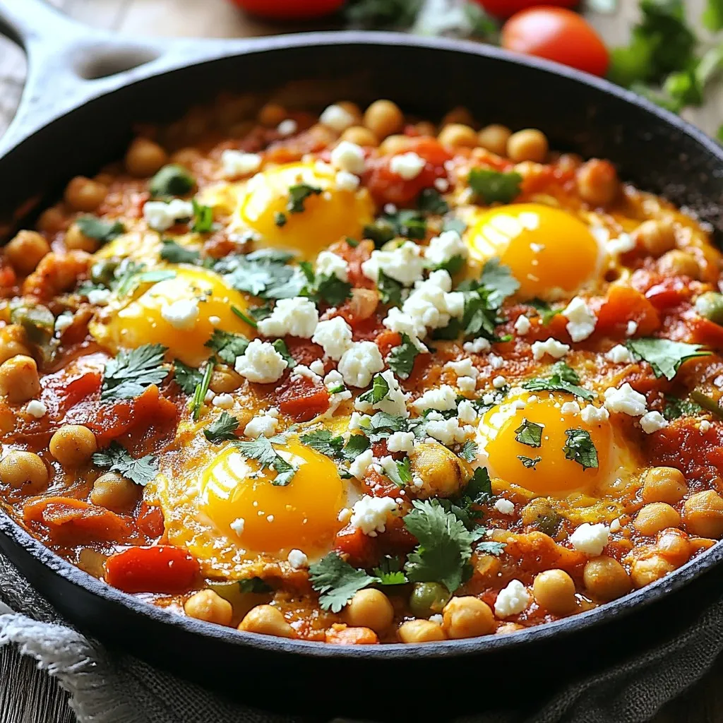 - 1 tablespoon olive oil - 1 medium onion, finely chopped - 2 garlic cloves, minced - 1 red bell pepper, diced - 1 can (15 oz) chickpeas, drained and rinsed - 1 can (14 oz) diced tomatoes - 1 teaspoon smoked paprika - 1 teaspoon ground cumin - 1/2 teaspoon chili powder - Salt and pepper to taste - 4 large eggs - Fresh cilantro or parsley for garnish - Crumbled feta cheese (optional) Using fresh ingredients makes a big difference. Choose bright, firm vegetables for the best taste. Fresh herbs like cilantro or parsley add a burst of flavor. Always use high-quality olive oil. It enhances the dish's richness. Canned tomatoes should be ripe and flavorful. Look for ones with no added preservatives. If you don’t have chickpeas, you can use black beans. They hold up well and taste great. If you need a vegan option, skip the eggs and use tofu. You can also swap the red bell pepper for yellow or green. For spices, use smoked salt if you don’t have smoked paprika. If you want more heat, add cayenne pepper instead of chili powder. {{ingredient_image_1}} To make this dish, start by heating one tablespoon of olive oil in a large skillet over medium heat. Next, add one medium onion that you finely chopped. Cook it until it softens, about five minutes. Now, stir in two minced garlic cloves and one diced red bell pepper. Cook for another three to four minutes until the pepper is tender. Add one can of drained chickpeas and one can of diced tomatoes to the skillet. Sprinkle in one teaspoon each of smoked paprika and ground cumin, along with half a teaspoon of chili powder. Season with salt and pepper to your liking. Stir everything together well. Let the mixture simmer for around ten minutes. Stir occasionally as the sauce thickens. With a spoon, make small wells in the chickpea mix. Carefully crack one egg into each well. Cover the skillet with a lid and cook for about five to seven minutes. The egg whites should set, but the yolks should stay runny. If you prefer firmer yolks, adjust the cooking time. Once done, remove from heat and garnish with fresh cilantro or parsley. If you like, sprinkle crumbled feta cheese on top. To get the best eggs, use fresh eggs. They hold their shape better. Keep an eye on the time while cooking. The perfect runny yolk takes about five to seven minutes. If you want firmer yolks, leave them a bit longer. Covering the skillet helps the eggs cook evenly. Serve your smoky chickpea shakshuka directly from the skillet for a cozy feel. Pair it with warm, crusty bread or pita for scooping. You can also add a sprinkle of extra paprika or some chili flakes on top for a pop of color and flavor. Enjoy your meal! When making smoky chickpea shakshuka, avoid these common errors: - Not draining chickpeas: Always drain and rinse your chickpeas. This helps remove excess salt and makes them fresher. - Overcooking the eggs: Be careful not to overcook the eggs. Cook them until the whites are set but the yolks remain runny. - Ignoring seasoning: Taste your dish before serving. Adjust salt and pepper to enhance the flavors. To adjust spice levels in your shakshuka, follow these tips: - Start with less spice: If you are unsure, start with half the chili powder. You can always add more later. - Add heat gradually: If you want more heat, add a pinch of cayenne or red pepper flakes slowly. - Balance with sweetness: If it gets too spicy, add a little sugar or honey to balance the heat. Using the right tools makes cooking easier and more enjoyable: - Large skillet: A 10- or 12-inch skillet works best. It provides enough room for the eggs and chickpeas. - Lid for the skillet: This helps cook the eggs evenly and keeps moisture in. - Spatula or wooden spoon: Use this to stir and serve your shakshuka without scratching your skillet. Pro Tips Fresh Ingredients: Using fresh herbs and vegetables will elevate the flavor of your shakshuka. Always opt for ripe tomatoes and vibrant bell peppers for the best taste. Customize the Spice: Feel free to adjust the spices to suit your taste. If you like it spicier, add more chili powder or a dash of cayenne pepper for a kick. Perfect Egg Yolks: For runny yolks, cook the eggs for just 5-7 minutes. If you prefer firmer yolks, increase the cooking time slightly and check for doneness. Serving Suggestions: Serve your shakshuka with warm crusty bread or pita for dipping. A side of creamy yogurt can also complement the dish beautifully. {{image_2}} You can easily make this dish vegetarian or vegan. To do this, skip the eggs. Instead, use silken tofu. Crumble it into the chickpea mix. It gives a creamy texture. You can also add more veggies. Spinach, zucchini, or mushrooms work well. They add great taste and nutrition. If you want more protein, add different options. You can mix in cooked chicken or turkey. They add a nice flavor. You can also try using sausage. Just slice it and cook it with the onions. For a plant-based option, consider adding lentils. They blend well with chickpeas and spices. Spice blends can change the flavor of your shakshuka. Try adding harissa for a North African twist. This spice mix brings heat and depth. You can also use curry powder for an Indian flair. It gives a unique taste. If you want a Mediterranean vibe, add za'atar. This mix of herbs and spices will brighten the dish. Experimenting with spices makes this dish fun and personal! To store your smoky chickpea shakshuka, wait until it cools. Use an airtight container. You can keep it in the fridge for up to three days. If you want to keep it longer, consider freezing it. When you are ready to eat, heat the shakshuka on the stove. Use low heat to prevent burning. Stir it often to warm it evenly. You can also use a microwave. Place it in a microwave-safe dish and cover it. Heat it in short bursts, stirring in between. To freeze shakshuka, portion it into small containers. Leave some space at the top for expansion. It can last for up to three months in the freezer. To enjoy, thaw it overnight in the fridge. Then, reheat it as mentioned above. Shakshuka is a tasty dish from North Africa and the Middle East. It features eggs cooked in a spicy tomato sauce. The sauce often includes peppers, onions, and spices. It's hearty and perfect for breakfast or brunch. Chickpea shakshuka adds protein and fiber, making it even better. Yes, you can make chickpea shakshuka ahead of time. Cook the dish and let it cool. Store it in the fridge for up to three days. When ready to eat, reheat it on the stove. You can add eggs fresh for the best taste. You know the eggs are done when the whites are set. The yolks should still be runny if you like them that way. If you want firmer yolks, cook for a few more minutes. Covering the skillet helps the eggs cook evenly. Shakshuka is great with warm crusty bread or pita. You can also pair it with a side salad for freshness. For a special touch, sprinkle crumbled feta cheese on top. Fresh herbs like cilantro or parsley add flavor and color. In this blog post, we explored how to make a delicious shakshuka. We covered the key ingredients and emphasized quality. You learned how to adjust spices and try tasty substitutions. The step-by-step instructions guided you through cooking and serving tips. We shared common mistakes to help you succeed and suggested storage ideas for leftovers. Remember, shakshuka is versatile, and you can make it your own. Experiment with protein additions or global spices to suit your taste. Enjoy the journey of creating this delightful dish!
