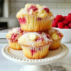 - 2 cups all-purpose flour - 1/2 cup sugar - 1 tablespoon baking powder - 1/2 teaspoon salt - 1/2 cup unsalted butter, melted - 1 cup milk - 2 large eggs - 1 teaspoon vanilla extract - 1 cup fresh raspberries (or frozen, thawed and drained) - 1 cup white chocolate chips In this recipe, I use simple ingredients that create a perfect balance of flavors. Each one plays a key role in the muffins' texture and taste. - All-purpose flour: You can use whole wheat flour for a nuttier taste. Almond flour is another great choice for a gluten-free option. - Dairy-free choices: Swap milk with almond or oat milk. Use coconut oil instead of butter for a vegan option. - Sweeteners: For a healthier muffin, try honey or maple syrup instead of sugar. You can also use coconut sugar for a lower glycemic index. Using these alternatives can help you tailor the muffins to your diet. Feel free to mix and match to find your favorite combination! {{ingredient_image_1}} - Preheat your oven to 375°F (190°C) and line your muffin tin with paper liners or spray with non-stick spray. This step helps the muffins come out easily. - In a large mixing bowl, whisk together 2 cups of all-purpose flour, 1/2 cup of sugar, 1 tablespoon of baking powder, and 1/2 teaspoon of salt. Mixing these dry ingredients well makes sure everything combines evenly. - In another bowl, mix 1/2 cup of melted unsalted butter, 1 cup of milk, 2 large eggs, and 1 teaspoon of vanilla extract. Stir until smooth. This mixture adds flavor and moisture to the muffins. - Pour the wet mixture into the dry ingredients. Stir gently until just combined. It’s okay if the batter has lumps; overmixing can make the muffins tough. - Gently fold in 1 cup of fresh or thawed raspberries and 1 cup of white chocolate chips. Be careful not to crush the raspberries, as this keeps their shape and adds bursts of flavor. You can use a spatula to lift and fold the mixture instead of stirring vigorously. - Divide the batter evenly among the muffin cups, filling each about 2/3 full. This allows room for the muffins to rise. - Bake the muffins for 18-20 minutes. To test for doneness, insert a toothpick into the center of a muffin; if it comes out clean, they are ready. - Once baked, let the muffins cool in the tin for about 5 minutes before transferring them to a wire rack. This cooling process keeps them from becoming soggy and helps maintain their texture. To bake perfect muffins, avoid common mistakes like overmixing. Overmixing makes muffins tough. When you mix the wet and dry ingredients, stir gently. It is okay if the batter has lumps. This keeps your muffins light and fluffy. Use a light hand when folding in the raspberries and white chocolate chips. This helps keep the fruit whole. If you crush the raspberries, they may turn your batter pink. Serve your muffins warm for the best flavor. Place them on a nice platter. You can garnish with extra raspberries and a light dusting of powdered sugar. This makes the muffins look fancy and inviting. For parties, arrange muffins in a tiered stand. This adds height and interest to your table. It also makes it easy for guests to grab a muffin. Store any leftover muffins in an airtight container. They stay fresh for up to three days. You can also freeze them for later. Wrap each muffin in plastic wrap and place them in a freezer bag. They will be good for about three months. Just thaw them at room temperature when you want to enjoy them again. Pro Tips Use Fresh Raspberries: For the best flavor and texture, opt for fresh raspberries. If using frozen, ensure they are fully thawed and drained to prevent excess moisture in your batter. Don’t Overmix: When combining the wet and dry ingredients, mix just until incorporated. Overmixing can lead to dense muffins instead of light and fluffy ones. Room Temperature Ingredients: Ensure your eggs and milk are at room temperature before mixing. This helps create a smoother batter and promotes even baking. Cool Properly: Let the muffins cool in the tin for a few minutes before transferring them to a wire rack. This helps them set and prevents them from becoming soggy. {{image_2}} You can make your white chocolate raspberry muffins even better! Adding lemon or orange zest can give them a fresh twist. Just a teaspoon will do. The zest adds bright flavors that blend well with the sweetness. It’s a small change that makes a big impact. You can also swap white chocolate for dark chocolate chips. Dark chocolate has a richer taste. This change makes the muffins taste more complex. If you love chocolate, try it! Need a gluten-free option? You can replace all-purpose flour with a gluten-free blend. This way, everyone can enjoy the muffins without worry. Make sure to check the blend for best results! For a vegan twist, use plant-based butter and milk. You can skip the eggs. Use flaxseed meal mixed with water instead. This swap works well in muffins. They still taste great and stay moist! Enjoy baking your muffins in a way that fits your diet! Can I use frozen raspberries instead of fresh? Yes, you can use frozen raspberries. Make sure to thaw and drain them first. This helps prevent excess moisture in the muffins. How do I know when muffins are done baking? Check for doneness by inserting a toothpick into the center. If it comes out clean, the muffins are done. You can also look for a golden top and a slight spring when you touch them. Can I make the batter ahead of time? You can prepare the batter in advance, but I recommend baking it right away. If you let it sit too long, the muffins may not rise as well. What's the difference between muffins and cupcakes? Muffins are less sweet and denser than cupcakes. Cupcakes are often frosted and richer. Muffins have a more bread-like texture. Are white chocolate raspberry muffins considered a dessert? Yes, they can be a dessert! They are sweet and delicious. You can serve them as a treat after meals or with coffee. Recommended bakeries known for white chocolate raspberry muffins Look for local bakeries that specialize in gourmet treats. Many bakeries make fresh batches daily. They often showcase these muffins as a seasonal favorite. Online sources for purchasing pre-made muffins You can find pre-made muffins at online retailers. Websites like Etsy or local grocery stores may offer them for delivery. Check for bakeries that ship nationwide for a wider selection. Each muffin has about 180 calories. This number can vary based on portion size and ingredients. Here are the key ingredients and their nutritional values: - All-purpose flour: Provides carbs and energy. - Sugar: Adds sweetness and quick energy. - Unsalted butter: Gives flavor and richness. - Milk: Adds calcium and protein. - Eggs: Offer protein and healthy fats. - Raspberries: Low in calories, high in fiber and vitamins. - White chocolate chips: Adds sweetness and creaminess. Using fresh raspberries brings many benefits. They are low in calories and packed with vitamins like vitamin C. These berries also have fiber, which helps digestion. Fresh raspberries can boost your immune system. They add a bright flavor to your muffins. White chocolate, when used in moderation, can be a treat. It has a creamy texture that makes muffins tasty. While it has sugar and fat, it can satisfy sweet cravings. Enjoying small amounts can add joy to your baking. These muffins pair well with drinks. Enjoy them with a cup of coffee or tea. They also taste great with a glass of milk. Serve these muffins on special occasions. They are perfect for brunches or afternoon snacks. You can also pack them for picnics or school lunches. Their sweet flavor and lovely look make them fun to share! This blog post covered delicious white chocolate raspberry muffins. We explored the key ingredients and offered substitutions for various diets. You learned step-by-step instructions for making them perfectly, along with tips to avoid common mistakes. We discussed fun variations to keep things interesting and shared answers to common questions. In the end, these muffins are tasty, fun to make, and perfect for sharing. Enjoy baking and experimenting with your own twists!