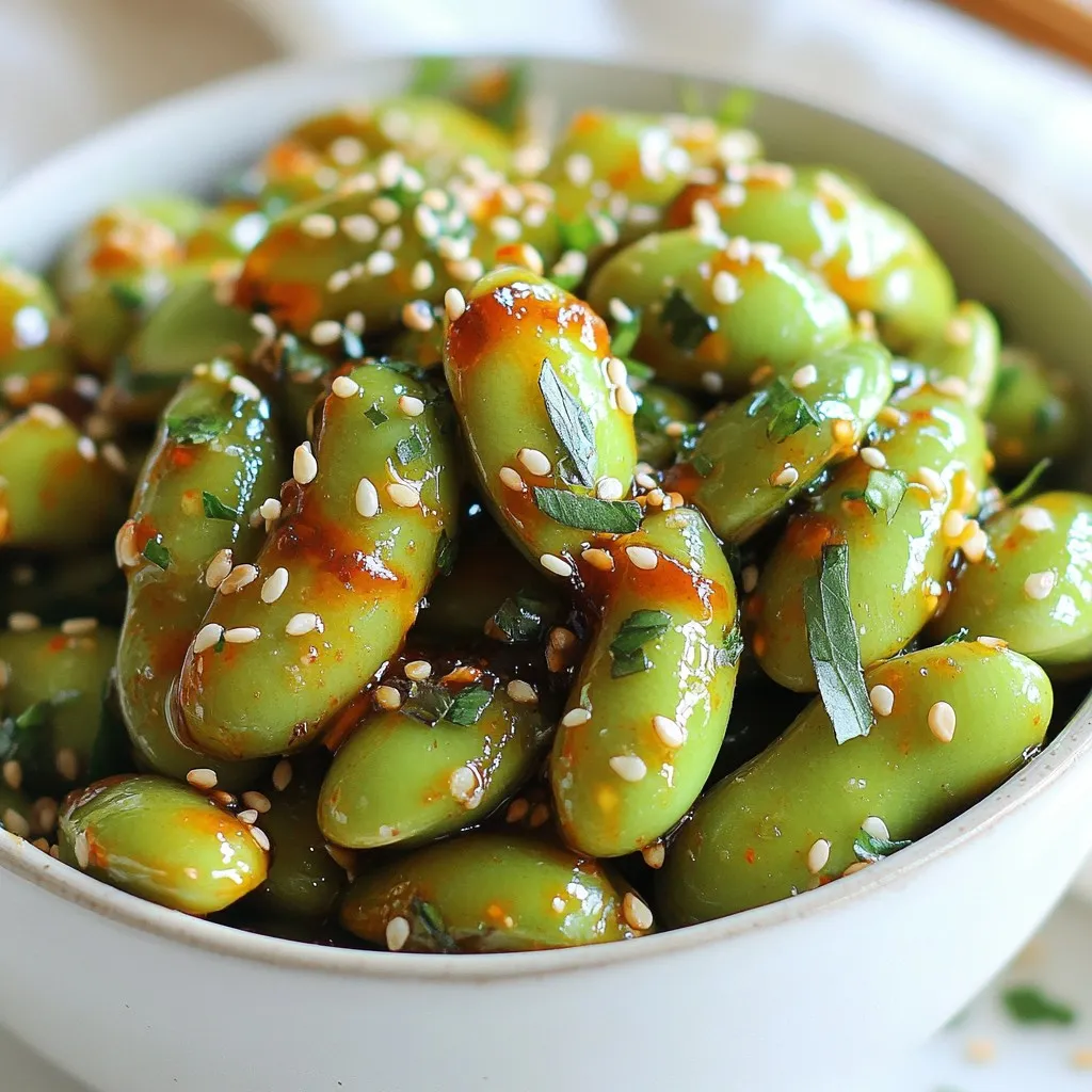 - 2 cups edamame (in pods, fresh or frozen) - 4 cloves garlic, minced - 2 tablespoons olive oil - 1 tablespoon soy sauce - 1 tablespoon sriracha or your favorite hot sauce - 1 teaspoon sesame oil - 1 teaspoon toasted sesame seeds - Salt, to taste - Fresh cilantro or green onions for garnish (optional) For the best flavor, I recommend using Goya for soy sauce. Their sauce is rich and adds depth. For sriracha, Huy Fong is a classic choice. It has a nice kick without being too hot. When it comes to olive oil, California Olive Ranch provides a robust taste that enhances the dish. If you want to switch things up, you can use canola oil instead of olive oil. It has a neutral flavor. For the soy sauce, tamari is a great gluten-free option. If you don’t have sriracha, try chili garlic sauce for a similar heat. For a fun twist, you can use lime juice in place of sesame oil for a zesty kick. {{ingredient_image_1}} First, get the edamame ready. If you use frozen edamame, bring a pot of salted water to a boil. Add the edamame pods to the pot. Cook them for about 3-5 minutes until tender. If you use fresh edamame, steam them until they are soft. Once they are cooked, drain the edamame and set them aside. This step is key to a tasty snack. Next, heat a large skillet over medium heat. Add 2 tablespoons of olive oil to the skillet. Then, add 4 minced garlic cloves. Sauté the garlic for about 1-2 minutes. You want it fragrant but not burnt. This will give your dish a lovely garlic flavor. After that, add the cooked edamame to the skillet. Stir them well to coat with the garlic oil. Now, pour in 1 tablespoon of soy sauce, 1 tablespoon of sriracha, and 1 teaspoon of sesame oil. Stir everything together to ensure the edamame is covered in the spicy sauce. Let it cook for an additional 3-4 minutes. This step allows the flavors to blend and the edamame to heat through. Finally, remove the skillet from the heat. Sprinkle toasted sesame seeds and salt to taste over the edamame. For a colorful touch, you can garnish with fresh cilantro or green onions if you like. This adds a nice pop of color and flavor. Now your spicy garlic edamame is ready to enjoy! To get the best texture for your edamame, cook them just right. If you use frozen edamame, boil them in salted water for about 3-5 minutes. For fresh edamame, steam them until tender. You want them soft but still firm to the bite. Overcooking will make them mushy. After cooking, drain them well. This step helps keep the edamame from getting too soggy in the pan. The garlic oil will coat them better if they are dry. You can easily change how spicy your edamame is. If you love heat, add more sriracha or hot sauce. Start with a tablespoon and taste as you go. If you want it milder, you can cut back on the sriracha. Another tip is to add a little sugar to balance the heat. This mix of sweet and spicy gives you a great flavor. Remember, you can always add more spice, but it’s hard to take it away. Spicy garlic edamame is a fun snack or side dish. For a simple appetizer, serve them warm in a bowl. You can add fresh cilantro or chopped green onions on top for extra color and flavor. Pair them with a cold drink, like iced tea or a light beer. These edamame also go well with rice dishes or salads. They make a great addition to a party spread. Enjoy them as a tasty treat any time! Pro Tips Choose Fresh Edamame: Using fresh edamame will give you a better texture and flavor compared to frozen. Look for bright green pods without blemishes. Adjust Spice Levels: If you're not a fan of too much heat, start with less sriracha and gradually add more to suit your taste. You can also try different hot sauces for variety. Add a Zesty Twist: Incorporate citrus zest, like lime or lemon, to brighten the flavors of the dish. A squeeze of fresh lime juice before serving can also enhance the taste. Perfect Garlic Sauté: Ensure you sauté the garlic just until fragrant to prevent bitterness. If it starts to brown too quickly, lower the heat. {{image_2}} You can change the flavor of your spicy garlic edamame by using different sauces. If you want a tangy taste, try adding hoisin sauce. It adds a sweet and savory kick. For a smoky flavor, use chipotle sauce. You can also mix soy sauce with lime juice for a fresh twist. Each sauce brings its own unique taste to the dish. Adding extra veggies to your edamame can boost nutrition and flavor. Try tossing in bell peppers or snap peas while cooking. These veggies add crunch and color. You can also add diced carrots for a bit of sweetness. Get creative! Broccoli florets or zucchini can blend well with the spicy sauce. Garnishes can elevate your dish. Instead of cilantro or green onions, try using crushed peanuts for crunch. They add a nice texture and nutty flavor. You can also sprinkle chili flakes for extra heat. If you love freshness, add lime wedges on the side. This will give a zesty finish to your spicy garlic edamame. After enjoying your spicy garlic edamame, store any leftovers in an airtight container. This keeps them fresh and tasty. Place the container in the fridge. They will stay good for up to three days. Make sure to cool them down before sealing. This helps prevent moisture build-up. To reheat, you can use a skillet or microwave. If using a skillet, heat it on medium. Add a little olive oil and toss in the edamame. Stir for about three to five minutes until warm. If you prefer the microwave, place them in a bowl. Cover with a damp paper towel and heat for one to two minutes. Check to see if they are warm enough. If you want to save some for later, freezing is a great option. Place the cooled edamame in a freezer-safe bag or container. Squeeze out as much air as possible. Label the bag with the date. You can freeze them for up to three months. When ready to use, thaw in the fridge overnight. Then reheat as described above. Enjoy your spicy garlic edamame anytime! Edamame is young soybeans. They are green and often served in their pods. You can eat them hot or cold. They are popular in many Asian dishes. Edamame is rich in protein, fiber, and vitamins. This makes them a healthy snack choice. You can find them in the frozen section of most grocery stores. Yes, you can use frozen edamame! In fact, I often use it myself. Frozen edamame is quick and easy. Just boil it for 3-5 minutes until tender. If you use frozen, there is no need to thaw it first. This saves time and keeps your snack simple. Making spicy garlic edamame vegan is easy. Simply use vegetable oil instead of olive oil. Check your soy sauce to ensure it is vegan. Most soy sauces are vegan-friendly. You can also skip any non-vegan garnishes like fish sauce. The result will still be tasty and satisfying! This blog post covered how to make perfect spicy garlic edamame. We looked at the best ingredients and their brands, plus substitutions if needed. You learned step-by-step instructions to prepare and cook the dish, along with tips for texture and spice levels. I shared variations to keep things fresh and fun, plus how to store and reheat leftovers. This simple dish can match any meal. Keep exploring different flavors to make it your own! Enjoy your cooking journey!