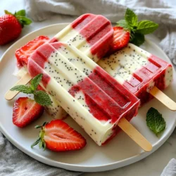 You need 2 cups of fresh strawberries. Make sure they are ripe and sweet. Hull and slice them before blending. Fresh strawberries give the popsicles their bright color and fruity taste. Use 1 cup of coconut milk for a creamy texture. Coconut milk adds a rich flavor that pairs well with strawberries. Choose full-fat coconut milk for the best taste. Add 1/4 cup of honey or maple syrup. You can adjust this to your taste. Honey gives a floral note, while maple syrup adds a deep, earthy flavor. You will need 2 tablespoons of chia seeds. These tiny seeds thicken the mixture and add a nice crunch. Also, include 1 teaspoon of vanilla extract and a pinch of salt. The vanilla enhances the flavor, while the salt balances the sweetness. {{ingredient_image_1}} First, take 2 cups of fresh strawberries. Make sure to hull and slice them. Then, place the strawberries in a blender. Blend until smooth. If you like some texture, leave a few small chunks. This gives a nice bite in the popsicles. Pour the blended strawberries into a bowl and set aside. In a separate mixing bowl, combine 1 cup of coconut milk and 1/4 cup of honey or maple syrup. You can adjust the sweetness to your taste. Add 1 teaspoon of vanilla extract, 2 tablespoons of chia seeds, and a pinch of salt. Stir well to combine everything. This mix will add creaminess and flavor to your popsicles. Grab your popsicle molds. Fill each mold halfway with the coconut mixture. Then, layer the blended strawberries on top. Fill the molds to the top. Use a skewer or spoon to swirl gently. This will create a lovely marbled effect that looks great. Insert popsicle sticks into the molds. Place them in the freezer and freeze for at least 4 to 6 hours or until solid. When ready to serve, run warm water over the outside of the molds for a few seconds. This helps loosen the popsicles. Carefully pull them out and enjoy your tasty treat! To get that beautiful swirl, blend your strawberries until smooth. If you like texture, keep some chunks. Fill your molds halfway with the coconut mix first. Then, add the strawberry layer on top. Use a skewer or spoon to swirl gently. This creates a fun marbled look. Removing popsicles can be tricky. To make it easy, run warm water over the molds for a few seconds. This loosens the popsicles without breaking them. If they stick, try twisting the stick gently. Don't pull too hard; you want them to come out whole. Presentation makes a big difference. Serve your popsicles on a colorful plate. Add fresh strawberry slices and a sprig of mint for extra color. You can also drizzle some honey on top for flair. This makes your popsicles look as good as they taste! Pro Tips Use Frozen Strawberries: If fresh strawberries are out of season, frozen strawberries work well too! Just thaw them slightly before blending for the best texture. Experiment with Sweeteners: Adjust the sweetness by using different natural sweeteners like agave syrup or stevia to suit your taste preferences. Chia Seed Soaking: For a smoother texture, soak the chia seeds in a little coconut milk for 10-15 minutes before mixing them into the recipe. Creative Swirls: Try adding layers of other fruits like mango or blueberry puree for a colorful and flavorful twist! {{image_2}} You can swap strawberries for other fruits. Try ripe bananas or sweet mangoes. Blueberries also work well for a fun twist. Each fruit gives a new flavor, keeping it fresh. Simply blend your chosen fruit as you did with the strawberries. This keeps it easy and fun. Coconut milk is already a great dairy-free choice. If you want a lighter option, use almond milk or oat milk. Both add a unique taste that pairs well with fruits. You can even mix coconut milk with almond milk for a rich flavor. To cut back on sugar, use less honey or maple syrup. You can also try stevia or monk fruit sweetener. These options give you sweetness without extra calories. Always taste the mix before freezing to make sure you love it! To keep your Strawberry Coconut Chia Popsicles fresh, store them in an airtight container. You can also wrap them in plastic wrap to prevent freezer burn. Avoid stacking other items on top of them. This way, they stay safe and tasty. These popsicles need to freeze for at least 4-6 hours. For the best quality, eat them within two weeks. After that, they might lose some taste and texture. If you notice ice crystals, it means they have been in the freezer too long. When you are ready to enjoy a popsicle, run warm water over the mold. This helps loosen the popsicle without melting it. If you let them sit for a minute, they will be easier to pull out. Enjoy the creamy and fruity goodness right away for the best experience! Strawberry Coconut Chia Popsicles can last for about 2 to 3 months in the freezer. To keep them fresh, store them in an airtight container. This helps prevent freezer burn and keeps their flavor bright. After a few months, they may lose some taste and texture but will still be safe to eat. Yes, you can substitute chia seeds with flaxseeds. Just grind them into a fine powder before adding. Flaxseeds have a similar texture but may alter the flavor slightly. You can also skip the seeds entirely if you prefer a smoother popsicle. However, chia seeds do add a fun texture and extra nutrients. Chia seeds are tiny powerhouses of nutrition. They are high in fiber, which aids digestion. They also contain omega-3 fatty acids, which are good for heart health. Plus, they are packed with protein, making these popsicles a filling treat. Using chia seeds adds great texture and boosts the health factor of your popsicles. You learned how to make tasty strawberry coconut chia popsicles. We covered the key ingredients, like fresh strawberries and coconut milk, along with sweeteners and chia seeds. The step-by-step guide showed you how to blend, combine, and freeze. I also shared tips for perfect swirls and easy removal. You can try different fruits or go dairy-free to mix things up. Finally, I offered storage tips to keep your popsicles fresh. Enjoy making these simple treats! They are fun, healthy, and sure to impress everyone.