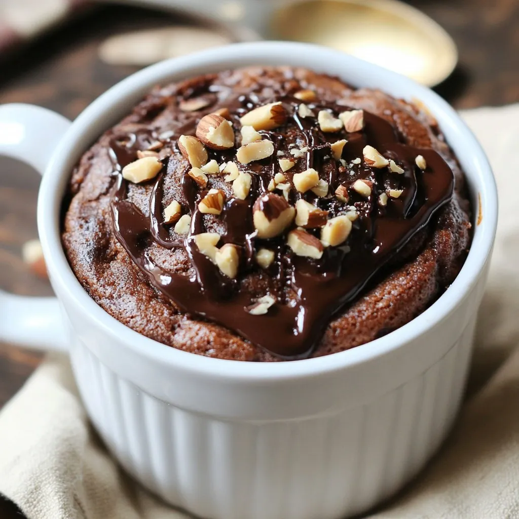 To make a quick and tasty chocolate hazelnut mug cake, you need a few simple items. Here’s what you’ll need: - 4 tablespoons all-purpose flour - 3 tablespoons granulated sugar - 2 tablespoons cocoa powder - 1/8 teaspoon baking powder - 1/8 teaspoon salt - 3 tablespoons milk (or non-dairy alternative) - 2 tablespoons vegetable oil - 1/2 teaspoon vanilla extract - 1 tablespoon chocolate hazelnut spread (e.g., Nutella) - Optional: Chopped hazelnuts for topping Each ingredient plays a key role. The flour gives the cake structure, while the sugar adds sweetness. Cocoa powder gives that rich chocolate flavor. Baking powder helps the cake rise, and salt enhances all the flavors. The milk and oil keep the cake moist, while vanilla adds a lovely aroma. Finally, the chocolate hazelnut spread creates a gooey center. If you want a crunchy bite, sprinkle some chopped hazelnuts on top! Gather these ingredients before you start. This will help your cooking flow smoothly. Trust me; it makes the whole process easier and more fun! {{ingredient_image_1}} - In a microwave-safe mug, add: - 4 tablespoons all-purpose flour - 3 tablespoons granulated sugar - 2 tablespoons cocoa powder - 1/8 teaspoon baking powder - 1/8 teaspoon salt Whisk these dry ingredients well. This step makes sure they mix evenly. It is key for the cake to rise nicely. - Next, add: - 3 tablespoons milk (or a non-dairy alternative) - 2 tablespoons vegetable oil - 1/2 teaspoon vanilla extract Stir until the mixture is smooth. Look for no lumps. A smooth batter helps the cake cook evenly. - Add 1 tablespoon of chocolate hazelnut spread on top. - Use a toothpick or a small spoon to swirl it in. Make sure not to mix it all the way. You want a melty center that adds gooey goodness. - Microwave the mug on high for 40-60 seconds. The time can change based on your microwave's wattage. Keep an eye on it. The cake should rise and look set but still be soft in the middle. Let it cool for a minute before you dig in. If you want, top it with chopped hazelnuts for extra crunch! To check if your mug cake is done, poke it gently with a toothpick. If it comes out clean or with a few moist crumbs, it's ready. Overcooking can make it tough. Aim for a soft center that slightly jiggles. If it looks too wet, microwave it for 10 more seconds. You can add fun flavors and textures. Here are some tips: - Add a tablespoon of peanut butter for a nutty twist. - Mix in chocolate chips for extra gooeyness. - Top with whipped cream or ice cream for a treat. - Sprinkle with chopped hazelnuts for crunch. Avoid these common pitfalls: - Don't overmix your batter; this can make the cake tough. - Use the right mug size; a 12 oz mug works best. - Watch your cooking time closely; each microwave is different. - If your cake is dry, it may have cooked too long. Aim for a moist cake. Pro Tips Use a larger mug: This helps prevent overflow as the cake rises while cooking in the microwave. Check microwave power: Adjust cooking time based on your microwave's wattage to prevent overcooking. Add a pinch of espresso: A tiny pinch enhances the chocolate flavor without making it taste like coffee. Experiment with toppings: Try adding whipped cream, chocolate chips, or fresh fruit for added flair. {{image_2}} If you want a nut-free option, you can swap the hazelnut spread. Try using sunflower seed butter or soy nut butter. Both options give a nice creamy texture. You can also use chocolate spread that is nut-free. Look for brands that are safe for allergies. Feeling adventurous? You can change the flavor of your mug cake. Add a tablespoon of instant coffee for a mocha flavor. Mix in a spoon of peanut butter for a rich twist. You could even try mint extract for a fresh taste. Just remember to keep the total liquid the same when you add new flavors. Want to make this mug cake vegan? Use plant-based milk and a vegan chocolate spread. You can also substitute the egg by using flaxseed meal mixed with water. For a gluten-free option, replace the all-purpose flour with almond flour or a gluten-free blend. Both will work well in this recipe! To store any leftover mug cake, let it cool first. Cover the mug with plastic wrap or transfer the cake to an airtight container. This keeps it fresh and moist. You can store it in the fridge for up to two days. If you want to save it longer, consider freezing it. Just wrap the mug cake tightly in plastic wrap, then place it in a freezer bag. It can last up to a month in the freezer. When you're ready to enjoy your mug cake again, reheating is key. Remove any plastic wrap if you used it. Place the mug in the microwave for about 10-15 seconds. Check if it's warm enough. If it's still cold, heat it in additional 5-second bursts. Reheating too long can make it dry, so take your time. You can make multiple servings of this mug cake in advance. Just mix the dry ingredients in a bowl and store them in separate bags. When you’re ready to bake, add the wet ingredients to each mug. This makes it easy for a quick dessert. You can also prepare several mug cakes and keep them in the fridge for a fast treat. Just remember to adjust the heating time for each mug. You can use a larger mug, but I recommend a 12 oz mug. This size helps the cake cook evenly. If your mug is too big, the cake may not rise well. It might also cook too fast, leading to a dry texture. Stick with the right size for the best results. To make this mug cake sugar-free, use sugar substitutes like stevia or erythritol. These options give sweetness without added sugar. They work well and keep the cake tasty. Adjust the amount to match your desired sweetness level. You may need to experiment a bit. If you don't have a microwave, you can bake the mug cake in the oven. Preheat your oven to 350°F (175°C). Pour the batter into an oven-safe dish and bake for about 15-20 minutes. Check for doneness with a toothpick. It should come out clean. Enjoy the same great flavor! This post covered how to make a simple mug cake. You learned about the key ingredients and step-by-step instructions. I shared tips to avoid common mistakes and gave ideas for variations. You can personalize your mug cake to fit your needs. Remember, this recipe is easy and fun. With a few tweaks, you can make it your own. Enjoy your mug cake adventure!