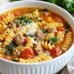 - 1 pound Italian sausage - 1 medium onion, diced - 3 cloves garlic, minced - 2 carrots, diced - 2 celery stalks, diced - 6 cups chicken broth - 1 can (14.5 oz) diced tomatoes with juice - 1 teaspoon dried oregano - 1 teaspoon dried basil - 1 cup small pasta (like ditalini or elbow macaroni) - Salt and pepper to taste To make a hearty sausage pasta soup, start with quality Italian sausage. I like to choose between mild or spicy based on my mood. Diced onion, carrots, and celery add great flavor and texture. The chicken broth and diced tomatoes form a rich base. Oregano and basil bring warmth and depth to the soup. Don't forget the small pasta, which makes it filling! Season it with salt and pepper to your taste. - 1/2 teaspoon red pepper flakes for heat - 2 cups fresh spinach - Fresh parsley, chopped (for garnish) - Grated Parmesan cheese (for serving) For an extra kick, I sometimes add red pepper flakes. Fresh spinach adds color and nutrition. It wilts nicely into the soup. Garnishing with parsley makes it look beautiful. A sprinkle of grated Parmesan cheese enhances the flavor, too! You can mix and match these to fit your taste preferences. {{ingredient_image_1}} First, I take one pound of Italian sausage. I choose either mild or spicy, depending on my taste. I crumble the sausage into a large pot over medium heat. I cook it until it browns, which takes about 5-7 minutes. Once browned, I use a slotted spoon to remove the sausage. I set it aside for later, leaving the fat in the pot. This fat adds great flavor to the soup. Next, I add diced onion, carrots, and celery to the same pot. I sauté these vegetables for about 5-7 minutes until the onion turns translucent. The smell is amazing! After that, I stir in minced garlic, dried oregano, and dried basil. If I like a bit of heat, I add red pepper flakes too. I cook this mix for one more minute, letting the aromas fill my kitchen. Now, it’s time to bring everything together. I pour in six cups of chicken broth and one can of diced tomatoes with their juice. I bring this mixture to a boil. Once boiling, I add one cup of small pasta, like ditalini or elbow macaroni. I reduce the heat and let it simmer for 8-10 minutes, or until the pasta is al dente. After the pasta is cooked, I stir in the cooked sausage and two cups of fresh spinach. I let it cook for another 2-3 minutes until the spinach wilts. Finally, I season with salt and pepper to taste. - How to avoid overcooking the pasta: Cook the pasta until it is just firm. This usually takes about 8-10 minutes, depending on the type. After you add it to the soup, remember that it will keep cooking in the hot broth. If you want to keep it firm, you can cook the pasta separately. Then, add it to the soup right before serving. - Best methods for seasoning: Start with salt and pepper. Add them at the end to taste. You can also taste as you cook. This way, you adjust the flavors to your liking. Fresh herbs like parsley add great flavor. Use them as a garnish right before serving. - How to store in the fridge or freezer: Let the soup cool before storing. Use airtight containers for the fridge. The soup lasts about 3-4 days in the fridge. For longer storage, freeze it. Use freezer-safe containers or bags. The soup can last up to 3 months in the freezer. - Reheating instructions: To reheat, thaw the soup overnight in the fridge. Heat it on the stove over low heat. Stir it often for even warming. If you used frozen pasta, it might soften more while reheating. If the soup is too thick, add a splash of broth or water. Pro Tips Use Quality Sausage: Opt for high-quality Italian sausage for the best flavor. Fresh sausage from a local butcher can elevate your soup significantly. Customize Your Veggies: Feel free to add other vegetables such as bell peppers or zucchini. This soup is versatile and can accommodate what you have on hand. Adjust the Heat: If you prefer a milder soup, choose mild sausage and omit the red pepper flakes. For extra heat, add more flakes or use spicy sausage. Perfect Pasta Cooking: To prevent overcooked pasta, cook it separately and add it to individual bowls before ladling the soup over. This helps maintain the pasta's texture. {{image_2}} You can change the sausage for more options. Try chicken or turkey sausage for a lighter dish. These swaps still give great flavor. For pasta, use any small type you like. Ditalini, elbow macaroni, or even shells work well. Each choice adds its own touch to this soup. If you want a meat-free meal, use plant-based sausage instead. This keeps the texture and taste. Also, switch the chicken broth for vegetable broth. It adds richness without meat. These options make the soup tasty for everyone. You can enjoy this dish no matter your diet. To keep your sausage pasta soup fresh, use an airtight container. Make sure it cools before sealing. This soup stays good in the fridge for about 3 to 4 days. Always check for any bad smells or changes in color before eating. If you want to save some for later, freezing is a great option. First, let the soup cool completely. Then, pour it into freezer-safe containers. Leave some space at the top for expansion. When you’re ready to eat, thaw it overnight in the fridge. To reheat, warm it on the stove over low heat. Stir often to make it smooth and tasty again. If the soup is too thick, add a splash of broth or water. Enjoy your hearty meal! Can I use other types of sausage? Yes, you can use other types of sausage. Chicken sausage, turkey sausage, or even plant-based sausage work well. Each type will change the flavor a bit, but they all fit nicely in this soup. How do I make it spicier? To add spice, use hot Italian sausage. You can also add more red pepper flakes. If you want even more heat, try crushed chili peppers or hot sauce. Start slow, then taste as you go. Can I add more vegetables? Absolutely! This soup welcomes extra vegetables. Try zucchini, bell peppers, or even green beans. Just chop them small and add them when you cook the other veggies. They will add flavor and nutrition. Overview of calories, protein, and fat content This soup is hearty and filling. One serving has about 300 calories. It packs around 15 grams of protein and about 10 grams of fat. These numbers can change based on the sausage and cheese you choose. Health benefits of included ingredients This soup is full of good stuff. Spinach adds iron and vitamins A and C. Carrots bring beta-carotene, which is great for your eyes. Onions and garlic may help with heart health. Plus, the broth keeps you hydrated. Enjoy these tasty benefits with each bowl! This blog post covered a great recipe for sausage pasta soup. You learned about key ingredients, cooking steps, and helpful tips. I shared options for flavor changes and storing leftovers too. Making this soup can be fun and easy. It’s a meal you can enjoy in many ways. Whether you try new flavors or stick to the basics, this soup is a winner. Enjoy your cooking journey!