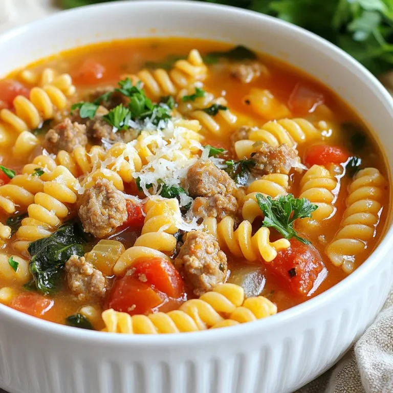 - 1 pound Italian sausage - 1 medium onion, diced - 3 cloves garlic, minced - 2 carrots, diced - 2 celery stalks, diced - 6 cups chicken broth - 1 can (14.5 oz) diced tomatoes with juice - 1 teaspoon dried oregano - 1 teaspoon dried basil - 1 cup small pasta (like ditalini or elbow macaroni) - Salt and pepper to taste To make a hearty sausage pasta soup, start with quality Italian sausage. I like to choose between mild or spicy based on my mood. Diced onion, carrots, and celery add great flavor and texture. The chicken broth and diced tomatoes form a rich base. Oregano and basil bring warmth and depth to the soup. Don't forget the small pasta, which makes it filling! Season it with salt and pepper to your taste. - 1/2 teaspoon red pepper flakes for heat - 2 cups fresh spinach - Fresh parsley, chopped (for garnish) - Grated Parmesan cheese (for serving) For an extra kick, I sometimes add red pepper flakes. Fresh spinach adds color and nutrition. It wilts nicely into the soup. Garnishing with parsley makes it look beautiful. A sprinkle of grated Parmesan cheese enhances the flavor, too! You can mix and match these to fit your taste preferences. {{ingredient_image_1}} First, I take one pound of Italian sausage. I choose either mild or spicy, depending on my taste. I crumble the sausage into a large pot over medium heat. I cook it until it browns, which takes about 5-7 minutes. Once browned, I use a slotted spoon to remove the sausage. I set it aside for later, leaving the fat in the pot. This fat adds great flavor to the soup. Next, I add diced onion, carrots, and celery to the same pot. I sauté these vegetables for about 5-7 minutes until the onion turns translucent. The smell is amazing! After that, I stir in minced garlic, dried oregano, and dried basil. If I like a bit of heat, I add red pepper flakes too. I cook this mix for one more minute, letting the aromas fill my kitchen. Now, it’s time to bring everything together. I pour in six cups of chicken broth and one can of diced tomatoes with their juice. I bring this mixture to a boil. Once boiling, I add one cup of small pasta, like ditalini or elbow macaroni. I reduce the heat and let it simmer for 8-10 minutes, or until the pasta is al dente. After the pasta is cooked, I stir in the cooked sausage and two cups of fresh spinach. I let it cook for another 2-3 minutes until the spinach wilts. Finally, I season with salt and pepper to taste. - How to avoid overcooking the pasta: Cook the pasta until it is just firm. This usually takes about 8-10 minutes, depending on the type. After you add it to the soup, remember that it will keep cooking in the hot broth. If you want to keep it firm, you can cook the pasta separately. Then, add it to the soup right before serving. - Best methods for seasoning: Start with salt and pepper. Add them at the end to taste. You can also taste as you cook. This way, you adjust the flavors to your liking. Fresh herbs like parsley add great flavor. Use them as a garnish right before serving. - How to store in the fridge or freezer: Let the soup cool before storing. Use airtight containers for the fridge. The soup lasts about 3-4 days in the fridge. For longer storage, freeze it. Use freezer-safe containers or bags. The soup can last up to 3 months in the freezer. - Reheating instructions: To reheat, thaw the soup overnight in the fridge. Heat it on the stove over low heat. Stir it often for even warming. If you used frozen pasta, it might soften more while reheating. If the soup is too thick, add a splash of broth or water. Pro Tips Use Quality Sausage: Opt for high-quality Italian sausage for the best flavor. Fresh sausage from a local butcher can elevate your soup significantly. Customize Your Veggies: Feel free to add other vegetables such as bell peppers or zucchini. This soup is versatile and can accommodate what you have on hand. Adjust the Heat: If you prefer a milder soup, choose mild sausage and omit the red pepper flakes. For extra heat, add more flakes or use spicy sausage. Perfect Pasta Cooking: To prevent overcooked pasta, cook it separately and add it to individual bowls before ladling the soup over. This helps maintain the pasta's texture. {{image_2}} You can change the sausage for more options. Try chicken or turkey sausage for a lighter dish. These swaps still give great flavor. For pasta, use any small type you like. Ditalini, elbow macaroni, or even shells work well. Each choice adds its own touch to this soup. If you want a meat-free meal, use plant-based sausage instead. This keeps the texture and taste. Also, switch the chicken broth for vegetable broth. It adds richness without meat. These options make the soup tasty for everyone. You can enjoy this dish no matter your diet. To keep your sausage pasta soup fresh, use an airtight container. Make sure it cools before sealing. This soup stays good in the fridge for about 3 to 4 days. Always check for any bad smells or changes in color before eating. If you want to save some for later, freezing is a great option. First, let the soup cool completely. Then, pour it into freezer-safe containers. Leave some space at the top for expansion. When you’re ready to eat, thaw it overnight in the fridge. To reheat, warm it on the stove over low heat. Stir often to make it smooth and tasty again. If the soup is too thick, add a splash of broth or water. Enjoy your hearty meal! Can I use other types of sausage? Yes, you can use other types of sausage. Chicken sausage, turkey sausage, or even plant-based sausage work well. Each type will change the flavor a bit, but they all fit nicely in this soup. How do I make it spicier? To add spice, use hot Italian sausage. You can also add more red pepper flakes. If you want even more heat, try crushed chili peppers or hot sauce. Start slow, then taste as you go. Can I add more vegetables? Absolutely! This soup welcomes extra vegetables. Try zucchini, bell peppers, or even green beans. Just chop them small and add them when you cook the other veggies. They will add flavor and nutrition. Overview of calories, protein, and fat content This soup is hearty and filling. One serving has about 300 calories. It packs around 15 grams of protein and about 10 grams of fat. These numbers can change based on the sausage and cheese you choose. Health benefits of included ingredients This soup is full of good stuff. Spinach adds iron and vitamins A and C. Carrots bring beta-carotene, which is great for your eyes. Onions and garlic may help with heart health. Plus, the broth keeps you hydrated. Enjoy these tasty benefits with each bowl! This blog post covered a great recipe for sausage pasta soup. You learned about key ingredients, cooking steps, and helpful tips. I shared options for flavor changes and storing leftovers too. Making this soup can be fun and easy. It’s a meal you can enjoy in many ways. Whether you try new flavors or stick to the basics, this soup is a winner. Enjoy your cooking journey!