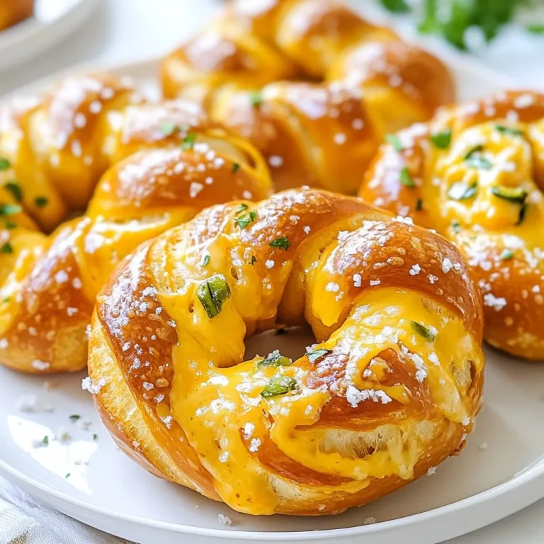 To make these soft pretzels, gather the following main ingredients: - 2 cups warm water (110°F to 115°F) - 1 packet (2 ¼ tsp) active dry yeast - ¼ cup granulated sugar - 4 ½ cups all-purpose flour - 1 teaspoon salt - 1/3 cup baking soda - 1 egg, beaten (for egg wash) - 1 cup sharp cheddar cheese, shredded - 2-3 fresh jalapeños, finely chopped (seeds removed for less heat) - Coarse sea salt, for sprinkling These ingredients work together to create rich flavor and great texture. Want to kick up the taste? Here are some optional ingredients to consider: - Garlic powder for a savory twist - Onion powder for added depth - Dried herbs like oregano or basil for an herby note Adding these ingredients can give your pretzels a unique flair. If you need to swap out some ingredients, here are a few ideas: - Use whole wheat flour instead of all-purpose flour for more fiber. - Swap sharp cheddar for a milder cheese if you prefer less bite. - Replace jalapeños with roasted red peppers for a sweeter flavor. These substitutions keep the recipe flexible while still making tasty pretzels. {{ingredient_image_1}} Start by measuring 2 cups of warm water. The water should be between 110°F and 115°F. Pour the warm water into a large mixing bowl. Add ¼ cup of granulated sugar. Sprinkle 1 packet of active dry yeast on top. Let it sit for 5 to 7 minutes. You want it to become frothy. This means the yeast is alive and ready to work. After your yeast is frothy, mix in 4 ½ cups of all-purpose flour and 1 teaspoon of salt. Stir until a dough starts to form. Once mixed, knead the dough for about 5 to 7 minutes. It should feel smooth and elastic. Place the dough in a greased bowl. Cover it with a damp cloth. Let it rise in a warm spot for about 1 hour. It should double in size. Once your dough has risen, punch it down. Turn it out onto a floured surface. Divide the dough into 8 equal pieces. Roll each piece into a long rope, about 20 inches long. Shape each rope into a pretzel. Make a U shape, cross the ends, and twist them. Then bring the ends down to the bottom of the U. In a large pot, bring 8 cups of water to a boil. Add 1/3 cup of baking soda. Be careful, as it will bubble! Boil each pretzel for 30 seconds. Use a slotted spoon to remove them and place them on baking sheets. Preheat your oven to 425°F (220°C). Brush the tops of the pretzels with a beaten egg. Sprinkle coarse sea salt on top. Bake the pretzels for 12 to 15 minutes. They should turn golden brown. Let them cool a bit before serving. Enjoy them warm with cheese dip or mustard! To get the best dough, use warm water. The water should be about 110°F to 115°F. Mixing in the yeast with sugar helps it bubble up. Knead the dough for 5-7 minutes. It should feel smooth and elastic. If it is too sticky, add a bit more flour. The right texture is key for soft pretzels. Boiling is crucial for that classic pretzel crust. Add baking soda to boiling water. This gives the pretzels their unique flavor and color. Boil each pretzel for 30 seconds. Use a slotted spoon to remove them. Be careful of the hot water; it can splash! Place them on parchment paper after boiling. Bake the pretzels at 425°F (220°C). This high heat helps them brown nicely. Keep an eye on the time; they usually take 12-15 minutes. The pretzels should turn a rich golden brown. If they look pale, they need more time. A good bake makes them taste amazing and look great! Pro Tips Use Fresh Jalapeños: For the best flavor and heat, opt for fresh jalapeños instead of pickled ones. Adjust the amount based on your heat preference. Knead Properly: Ensure the dough is kneaded well until smooth and elastic; this will help create a chewy pretzel texture. Boiling is Key: The baking soda bath gives the pretzels their signature brown color and chewy crust. Don't skip this step! Experiment with Cheese: While sharp cheddar adds great flavor, feel free to mix in different cheeses like pepper jack or gouda for a unique twist. {{image_2}} You can switch up the cheese for more fun. Try gouda for a smoky taste. Use pepper jack for extra heat. You can also mix cheeses for a unique flavor. Just keep the total amount the same, one cup of cheese. This way, your pretzels will stay soft and tasty. Want more heat? Add more jalapeños or use them with seeds. You can also add crushed red pepper flakes to the dough. If you prefer mild flavors, skip the jalapeños. You can even use sweet bell peppers instead. Adjusting these spices helps you find your perfect kick. Get creative with toppings! Try everything bagel seasoning for a savory twist. You can use garlic powder or fresh herbs for extra flavor. For a sweet glaze, brush pretzels with melted butter and sprinkle with cinnamon sugar. These unique toppings can make your pretzels stand out at any gathering. After enjoying your cheddar jalapeno soft pretzels, you may have some left. To keep them fresh, store them in an airtight container. This will help prevent them from becoming stale. Place a piece of parchment paper between layers if you stack them. Keep the container at room temperature for up to two days. For longer storage, consider freezing them. Freezing is a great way to save your pretzels for later. First, let them cool completely. Then, wrap each pretzel tightly in plastic wrap. Place the wrapped pretzels in a freezer-safe bag. Squeeze out as much air as possible before sealing. You can keep them frozen for up to three months. When ready to eat, you can thaw them in the fridge overnight. To enjoy your pretzels again, reheating is key. Preheat your oven to 350°F (175°C). Unwrap the pretzels and place them on a baking sheet. Heat for about 10 minutes, or until warm. This method keeps them soft and tasty. You can also microwave them, but they may get chewy. If you use the microwave, wrap each pretzel in a damp paper towel and heat for 15-20 seconds. Enjoy your snack! Yes, you can make these pretzels ahead. You can prepare the dough and let it rise. Once it has risen, shape the pretzels and store them in the fridge for up to 24 hours. When ready to bake, let them sit at room temperature for about 30 minutes. Then, boil, bake, and enjoy! You have many great options for dips. Cheese sauce is a favorite because it matches the flavors well. Mustard adds a tangy kick. Ranch dressing is also tasty for a cool option. Feel free to get creative and try your favorite dips! Cheddar jalapeno soft pretzels can be a fun snack, but they are not the healthiest choice. They contain flour, cheese, and sugar. However, you can make them a bit healthier by using whole wheat flour and reducing the cheese. Enjoy them in moderation for a tasty treat! Cheddar jalapeno soft pretzels are fun to make and tasty to eat. We covered the key ingredients, from the basic ones to substitutes for extra flavor. I shared step-by-step instructions for preparing, shaping, boiling, and baking. I also gave great tips for perfecting dough texture and getting the bake just right. You can even try different cheeses or spice levels for unique twists. Enjoy your pretzels fresh or save leftovers for later. Keep these tips in mind and enjoy every bite you take!