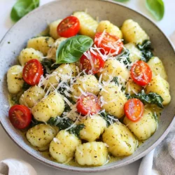 To make One-Pot Creamy Pesto Gnocchi, you need a few simple ingredients. Here’s what you'll need: - 1 package (16 oz) potato gnocchi - 1 cup heavy cream - 1 cup basil pesto (store-bought or homemade) - 1 cup cherry tomatoes, halved - 1 cup baby spinach - 1/2 cup grated Parmesan cheese - 2 tablespoons olive oil - 2 cloves garlic, minced - Salt and pepper to taste - Fresh basil leaves for garnish (optional) Each ingredient plays a key role in making this dish creamy and tasty. - Potato gnocchi: This soft pasta is the heart of the dish. It cooks quickly and soaks up flavors. - Heavy cream: This gives the dish its rich, creamy texture. - Basil pesto: You can choose store-bought or make your own. It adds a fresh, herby taste. - Cherry tomatoes: These add a nice sweetness and a pop of color. - Baby spinach: This greens boost nutrition and adds color. - Parmesan cheese: This melts into the sauce, adding depth and richness. - Garlic: This brings warmth and aroma to the dish. If you want to switch things up, here are some ideas: - Gnocchi: Use gluten-free gnocchi if you need a gluten-free option. - Cream: Swap heavy cream for coconut milk for a dairy-free version. - Pesto: You can use sun-dried tomato pesto or even a homemade version for a unique taste. - Spinach: Kale or arugula can work instead of spinach. These changes can help you make the dish your own while still keeping it delicious! {{ingredient_image_1}} 1. Start by heating the olive oil. Use a large pot and set it on medium heat. This step is key for a good base. 2. Add the minced garlic. Sauté it for one minute. You want it fragrant, not burnt. Keep a close eye on it. 3. Next, toss in the cherry tomatoes. Cook these for about five minutes. Stir them occasionally. They should start to soften. 4. Pour in the heavy cream. Bring it to a gentle simmer. This adds a rich, creamy texture to your dish. 5. Time to add the gnocchi. Stir them into the pot. Cook for three to five minutes. Watch for them to float; that means they are done. 6. Incorporate the basil pesto and baby spinach. Mix well until the spinach wilts. This step adds vibrant flavor and color. 7. Remove the pot from heat. Stir in the grated Parmesan cheese. It should melt and make your sauce creamy. Season with salt and pepper to taste. Timing is important in this recipe. Each step builds flavor and texture. Keep your heat steady. Too high, and you can burn the garlic or cream. Too low, and the gnocchi may not cook right. Enjoy your one-pot creamy pesto gnocchi! To make your gnocchi creamy, use heavy cream. This will give you that rich texture. Heat the cream slowly. This helps it mix well with the other flavors. Using fresh ingredients boosts taste. Fresh basil in pesto adds a bright flavor. Use ripe cherry tomatoes for sweetness. Fresh spinach brings color and nutrients. Avoid overcooking your gnocchi. Cook them just until they float. This means they are done. If you cook them too long, they can get mushy. Be careful with garlic. If you burn it, the taste turns bitter. Sauté it for just one minute. Then add the tomatoes to keep the garlic flavor bright. Pro Tips Use Fresh Ingredients: For the best flavor, opt for fresh basil and ripe cherry tomatoes. Fresh ingredients can elevate the entire dish. Adjust the Creaminess: If you prefer a lighter dish, you can substitute half of the heavy cream with vegetable broth for a delicious twist. Customize the Pesto: Experiment with different types of pesto, such as sun-dried tomato or arugula pesto, for a unique flavor profile. Gnocchi Cooking Tip: Make sure not to overcook the gnocchi; they are done when they float to the top of the pot. This keeps them tender and prevents them from becoming mushy. {{image_2}} If you need gluten-free gnocchi, look for brands made from rice or corn. These options taste good and work well in this dish. For a vegan creamy sauce, swap heavy cream for coconut cream. You can also use nutritional yeast instead of cheese for a cheesy flavor without dairy. You can add proteins like chicken or shrimp to make this dish heartier. Cook the proteins in the pot before adding garlic. This step gives more flavor to the dish. You can also add different veggies. Try zucchini or bell peppers for a fresh twist. Just chop them up and add them with the cherry tomatoes. This way, you get more colors and tastes in your meal. To keep your creamy pesto gnocchi fresh, let it cool first. Store it in an airtight container. Place the container in your fridge. It can stay there for up to three days. If you want to store it longer, freeze it. Use a freezer-safe container. It will stay good for about one month. When you want to enjoy it again, thaw it in the fridge overnight. Reheat it on low heat. Add a splash of cream or milk to keep it creamy. Stir often to avoid burning. Your one-pot creamy pesto gnocchi will stay fresh for three days in the fridge. After that, the taste and texture may change. If you freeze it, use it within one month for the best flavor. It’s quick and easy to make, so enjoy it soon! Yes, you can use store-bought pesto. It saves time and effort. Store-bought pesto is often very tasty. You can find many brands that offer great flavor. However, homemade pesto has a fresh taste. You can control the ingredients and adjust the flavor to your liking. If you have time, try making your own. It can be a fun cooking project! Gnocchi cooks quickly, usually in about 3 to 5 minutes. Look for gnocchi that floats to the top of the pot. This means they are done cooking. You can also taste one to check the texture. It should be soft and tender, not mushy. If it feels firm, give it a little more time. Creamy pesto gnocchi pairs well with many sides. A simple green salad is a great choice. You can add a lemon vinaigrette for brightness. Roasted vegetables, like zucchini or bell peppers, complement the dish nicely. Garlic bread can also be a tasty addition. If you want protein, grilled chicken or shrimp can work well too. Feel free to mix and match! You now have all the tools to make creamy pesto gnocchi successfully. We covered key ingredients, tips for perfect texture, and common mistakes to avoid. I also shared ways to modify the recipe for dietary needs and how to store leftovers properly. Remember, fresh ingredients make a huge difference in flavor. Enjoy experimenting with this dish and make it your own. With practice, your gnocchi will impress friends and family every time.