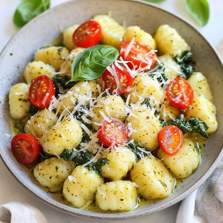 To make One-Pot Creamy Pesto Gnocchi, you need a few simple ingredients. Here’s what you'll need: - 1 package (16 oz) potato gnocchi - 1 cup heavy cream - 1 cup basil pesto (store-bought or homemade) - 1 cup cherry tomatoes, halved - 1 cup baby spinach - 1/2 cup grated Parmesan cheese - 2 tablespoons olive oil - 2 cloves garlic, minced - Salt and pepper to taste - Fresh basil leaves for garnish (optional) Each ingredient plays a key role in making this dish creamy and tasty. - Potato gnocchi: This soft pasta is the heart of the dish. It cooks quickly and soaks up flavors. - Heavy cream: This gives the dish its rich, creamy texture. - Basil pesto: You can choose store-bought or make your own. It adds a fresh, herby taste. - Cherry tomatoes: These add a nice sweetness and a pop of color. - Baby spinach: This greens boost nutrition and adds color. - Parmesan cheese: This melts into the sauce, adding depth and richness. - Garlic: This brings warmth and aroma to the dish. If you want to switch things up, here are some ideas: - Gnocchi: Use gluten-free gnocchi if you need a gluten-free option. - Cream: Swap heavy cream for coconut milk for a dairy-free version. - Pesto: You can use sun-dried tomato pesto or even a homemade version for a unique taste. - Spinach: Kale or arugula can work instead of spinach. These changes can help you make the dish your own while still keeping it delicious! {{ingredient_image_1}} 1. Start by heating the olive oil. Use a large pot and set it on medium heat. This step is key for a good base. 2. Add the minced garlic. Sauté it for one minute. You want it fragrant, not burnt. Keep a close eye on it. 3. Next, toss in the cherry tomatoes. Cook these for about five minutes. Stir them occasionally. They should start to soften. 4. Pour in the heavy cream. Bring it to a gentle simmer. This adds a rich, creamy texture to your dish. 5. Time to add the gnocchi. Stir them into the pot. Cook for three to five minutes. Watch for them to float; that means they are done. 6. Incorporate the basil pesto and baby spinach. Mix well until the spinach wilts. This step adds vibrant flavor and color. 7. Remove the pot from heat. Stir in the grated Parmesan cheese. It should melt and make your sauce creamy. Season with salt and pepper to taste. Timing is important in this recipe. Each step builds flavor and texture. Keep your heat steady. Too high, and you can burn the garlic or cream. Too low, and the gnocchi may not cook right. Enjoy your one-pot creamy pesto gnocchi! To make your gnocchi creamy, use heavy cream. This will give you that rich texture. Heat the cream slowly. This helps it mix well with the other flavors. Using fresh ingredients boosts taste. Fresh basil in pesto adds a bright flavor. Use ripe cherry tomatoes for sweetness. Fresh spinach brings color and nutrients. Avoid overcooking your gnocchi. Cook them just until they float. This means they are done. If you cook them too long, they can get mushy. Be careful with garlic. If you burn it, the taste turns bitter. Sauté it for just one minute. Then add the tomatoes to keep the garlic flavor bright. Pro Tips Use Fresh Ingredients: For the best flavor, opt for fresh basil and ripe cherry tomatoes. Fresh ingredients can elevate the entire dish. Adjust the Creaminess: If you prefer a lighter dish, you can substitute half of the heavy cream with vegetable broth for a delicious twist. Customize the Pesto: Experiment with different types of pesto, such as sun-dried tomato or arugula pesto, for a unique flavor profile. Gnocchi Cooking Tip: Make sure not to overcook the gnocchi; they are done when they float to the top of the pot. This keeps them tender and prevents them from becoming mushy. {{image_2}} If you need gluten-free gnocchi, look for brands made from rice or corn. These options taste good and work well in this dish. For a vegan creamy sauce, swap heavy cream for coconut cream. You can also use nutritional yeast instead of cheese for a cheesy flavor without dairy. You can add proteins like chicken or shrimp to make this dish heartier. Cook the proteins in the pot before adding garlic. This step gives more flavor to the dish. You can also add different veggies. Try zucchini or bell peppers for a fresh twist. Just chop them up and add them with the cherry tomatoes. This way, you get more colors and tastes in your meal. To keep your creamy pesto gnocchi fresh, let it cool first. Store it in an airtight container. Place the container in your fridge. It can stay there for up to three days. If you want to store it longer, freeze it. Use a freezer-safe container. It will stay good for about one month. When you want to enjoy it again, thaw it in the fridge overnight. Reheat it on low heat. Add a splash of cream or milk to keep it creamy. Stir often to avoid burning. Your one-pot creamy pesto gnocchi will stay fresh for three days in the fridge. After that, the taste and texture may change. If you freeze it, use it within one month for the best flavor. It’s quick and easy to make, so enjoy it soon! Yes, you can use store-bought pesto. It saves time and effort. Store-bought pesto is often very tasty. You can find many brands that offer great flavor. However, homemade pesto has a fresh taste. You can control the ingredients and adjust the flavor to your liking. If you have time, try making your own. It can be a fun cooking project! Gnocchi cooks quickly, usually in about 3 to 5 minutes. Look for gnocchi that floats to the top of the pot. This means they are done cooking. You can also taste one to check the texture. It should be soft and tender, not mushy. If it feels firm, give it a little more time. Creamy pesto gnocchi pairs well with many sides. A simple green salad is a great choice. You can add a lemon vinaigrette for brightness. Roasted vegetables, like zucchini or bell peppers, complement the dish nicely. Garlic bread can also be a tasty addition. If you want protein, grilled chicken or shrimp can work well too. Feel free to mix and match! You now have all the tools to make creamy pesto gnocchi successfully. We covered key ingredients, tips for perfect texture, and common mistakes to avoid. I also shared ways to modify the recipe for dietary needs and how to store leftovers properly. Remember, fresh ingredients make a huge difference in flavor. Enjoy experimenting with this dish and make it your own. With practice, your gnocchi will impress friends and family every time.