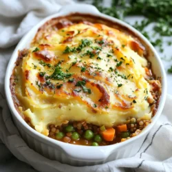 - 1 cup green or brown lentils, rinsed and drained - 3 cups vegetable broth - 1 onion, diced - 2 carrots, diced - 2 stalks of celery, diced - 3 cloves garlic, minced - 1 teaspoon dried thyme - 1 teaspoon dried rosemary - 1 tablespoon soy sauce or tamari - 1 tablespoon tomato paste - 1/2 cup peas (fresh or frozen) - 2 tablespoons olive oil - 4 large potatoes, peeled and cubed - 1/4 cup unsweetened plant milk (almond, soy, or oat) - Salt and pepper to taste When making Vegan Lentil Shepherd's Pie, you need key ingredients. First, the lentils act as the main protein source. You can use either green or brown lentils. They offer a hearty texture. Next, vegetable broth adds depth to the dish. It brings all flavors together. The mix of vegetables is vital. Onion, carrots, celery, and garlic create a base. Each one brings its own taste. They give the pie a sweet and savory touch. Herbs like thyme and rosemary add more flavor. For richness, soy sauce or tamari works well. Tomato paste helps with color and taste. Peas add a pop of color and sweetness. The topping is just as important. Potatoes give a creamy texture when mashed. Plant milk makes it smooth. Don't forget to season with salt and pepper for balance. - Fresh parsley Fresh parsley is a great garnish. It adds color and freshness to the dish. When you sprinkle it on top, it makes the pie look inviting. Plus, it adds a nice hint of flavor. Enjoy your meal! {{ingredient_image_1}} To start, bring three cups of vegetable broth to a boil in a medium pot. This broth adds rich flavor to the dish. Once it boils, add one cup of rinsed and drained lentils. Reduce the heat and let it simmer for 20 to 25 minutes. You want the lentils to be tender but not mushy. After cooking, drain any extra liquid if needed. While the lentils cook, heat two tablespoons of olive oil in a large skillet over medium heat. Add one diced onion, two diced carrots, and two diced celery stalks. Sauté these for about five to seven minutes until they soften. The sweet scent from the veggies will fill your kitchen. Next, add three minced garlic cloves, one teaspoon of dried thyme, and one teaspoon of dried rosemary. Cook for another two minutes until fragrant. Now, it’s time to mix everything. Add the cooked lentils to the skillet with the sautéed vegetables. Stir in one tablespoon of soy sauce or tamari, one tablespoon of tomato paste, and half a cup of peas. Mix well and let it all simmer for five to ten minutes. This allows the flavors to blend. Don't forget to season with salt and pepper to taste. While the lentil mixture simmers, boil a large pot of salted water. Add four peeled and cubed potatoes. Cook until fork-tender, about 15 to 20 minutes. Drain the potatoes and return them to the pot. Add a quarter cup of unsweetened plant milk. Mash until creamy and smooth. Season with salt and pepper to enhance the flavor. Preheat your oven to 400°F (200°C). In a greased baking dish, layer the lentil mixture evenly on the bottom. Spread the mashed potatoes over the top. Smooth them out with a spatula. To make the top crispy, use a fork to create peaks and valleys. This step helps with browning. Finally, bake your pie in the preheated oven for 25 to 30 minutes. You want the top to be slightly golden. Once baked, remove it from the oven and let it cool for a few minutes. Garnish with fresh parsley before serving for a touch of color. Enjoy your hearty comfort dish! To make creamy mashed potatoes, I recommend using Russet or Yukon Gold potatoes. These varieties have a fluffy texture and mash well. When you mash the potatoes, make sure to drain them well. Add the plant milk gradually while mashing. This keeps them light and smooth. A potato masher works best for a nice creamy texture. You can easily customize the flavor of your lentil shepherd's pie. Consider adding extra seasonings like smoked paprika or cumin for a smoky taste. Chopped bell peppers or mushrooms also add depth to the lentil filling. Just sauté them with the onions and carrots for best results. To avoid mushy lentils, make sure to watch your cooking time. Lentils should be tender but not falling apart. When layering your pie, spread the lentil mix evenly in the dish first. Then, top it with the mashed potatoes. This layering helps create a nice contrast between the soft lentils and creamy potatoes. Pro Tips Choose the Right Lentils: For a firmer texture, use green or brown lentils as they hold their shape better than red lentils. Enhance Flavor: Adding a splash of balsamic vinegar or a dash of smoked paprika can elevate the flavor profile of the lentil mixture. Perfect Mashed Potatoes: For extra creaminess, consider adding a tablespoon of vegan butter to the mashed potatoes along with the plant milk. Make Ahead: This shepherd’s pie can be assembled a day in advance. Just cover it and refrigerate, then bake when ready to serve. {{image_2}} You can switch the lentils for other beans. Black beans or chickpeas work well. You could also use quinoa for a lighter dish. Each option brings a unique flavor and texture. Experiment to find your favorite mix. This way, you can enjoy a new twist on the classic recipe. To make this dish gluten-free, choose gluten-free broth. You can replace soy sauce with coconut aminos. These swaps will still give you a great flavor. Most mashed potato recipes are already gluten-free. Just ensure your plant milk is also gluten-free. This will help you enjoy the pie without worries. Using seasonal veggies can add freshness to your pie. In spring, try adding asparagus or peas. Summer is great for zucchini or bell peppers. Fall brings squash or sweet potatoes. Winter can use hearty root veggies like parsnips or turnips. These changes keep the dish exciting and flavorful. Each season offers new tastes to explore. To store leftover Vegan Lentil Shepherd's Pie, let it cool first. Use an airtight container for the best results. You can keep it in the fridge for up to four days. Make sure to cover it well to keep moisture in and prevent drying out. Freezing is a great option for this dish. First, let the pie cool completely. Then, wrap it tightly in plastic wrap. After that, place it in a freezer-safe bag or container. Properly stored, it can last up to three months in the freezer. Label the container with the date for easy tracking. When you are ready to enjoy your shepherd's pie again, reheating is simple. You can use the oven for the best texture. Preheat your oven to 350°F (175°C). Place the pie in an oven-safe dish and cover it with foil. Heat for about 25 minutes or until warm. If you prefer, you can also microwave individual portions. Just be sure to cover them to keep them moist. Yes, you can make this Vegan Lentil Shepherd’s Pie in advance. To prepare it ahead, cook the lentil filling and mashed potatoes. Store each part in separate containers in the fridge. You can do this up to two days before baking. On baking day, layer the lentils and mashed potatoes in a greased dish. Bake as directed until golden. Pair this dish with a fresh side salad or some crusty bread. A light green salad with vinaigrette balances the hearty pie. You can also serve roasted veggies for extra flavor and texture. To make this recipe soy-free, skip the soy sauce or tamari. Instead, use coconut aminos. This keeps the flavor depth without soy. You can also add a bit of extra salt to enhance taste. Yes, this recipe is perfect for meal prep. Portion the pie into individual servings. Store each one in an airtight container. When you are ready to eat, simply reheat in the oven or microwave. This makes for easy, hearty meals throughout the week. This blog post covers how to make a delicious Vegan Lentil Shepherd’s Pie from scratch. You learned about the key ingredients, step-by-step cooking instructions, and tips for a perfect blend of flavors. Customizing the recipe lets you create your own twist, making it even more enjoyable. Remember, this dish is great for meal prep and leftovers. Experimenting with different ingredients can keep it fresh. Enjoy making this hearty meal for friends or family!