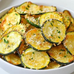 To make your own Garlic Parmesan Zucchini Chips, gather these simple ingredients: - 2 medium zucchinis, thinly sliced - 1 tablespoon olive oil - 1 teaspoon garlic powder - 1 teaspoon onion powder - 1 teaspoon Italian seasoning - 1/2 cup grated Parmesan cheese - Salt and pepper to taste - Fresh parsley, chopped (for garnish) Measuring ingredients correctly helps your chips turn out great. Use a kitchen scale for the zucchinis if you have one. For dry ingredients like garlic powder and Parmesan cheese, use a measuring spoon. Level the spoon off for accuracy. If you don’t have a scale, just try to keep the slices of zucchini even. This way, they bake at the same rate. You can swap some ingredients if needed. If you don’t have garlic powder, fresh minced garlic works well. Use 1-2 cloves instead. For a dairy-free option, try nutritional yeast in place of Parmesan cheese. You can also mix in other spices, like paprika or cayenne pepper, to kick up the flavor. If you want a different base, sweet potatoes or carrots can work, but adjust the baking time. {{ingredient_image_1}} First, gather all your ingredients. You will need two medium zucchinis, olive oil, garlic powder, onion powder, Italian seasoning, Parmesan cheese, salt, and pepper. Start by preheating your oven to 225°F (110°C). This low temperature helps the chips dry out and get crispy. Next, line a baking sheet with parchment paper. This will keep the chips from sticking and make cleanup easy. Now, it’s time to prepare the zucchini. Thinly slice the zucchinis using a sharp knife or a mandoline. Aim for a thickness of about 1/4 inch. In a large bowl, toss the zucchini slices with one tablespoon of olive oil. Make sure each slice gets a nice coat of oil. Then, sprinkle in one teaspoon each of garlic powder, onion powder, and Italian seasoning. Add salt and pepper to taste, and mix well. Lay the seasoned zucchini slices in a single layer on the baking sheet. Keep them from overlapping. This helps them cook evenly. After that, generously sprinkle 1/2 cup of grated Parmesan cheese over the top. Now, place the baking sheet in the oven. Bake for about two hours. Keep an eye on them and check occasionally. You want them golden brown and crispy. To get the best crispiness, make sure the zucchini slices are thin and uniform. This way, they cook evenly. Avoid overcrowding the baking sheet. If you have too many slices, bake them in batches. Also, check on them often as they bake. Each oven can be different, so adjust the time as needed. Once done, let the chips cool on the baking sheet. They will get even crispier as they cool. Enjoy these tasty snacks anytime! To get the best chips, slice the zucchini thinly. Aim for about 1/8 inch thick. Use a mandoline for even cuts. This helps them cook at the same rate. Lay the slices flat on the baking sheet. Avoid stacking or overlapping them. This gives each slice room to crisp up nicely. One common mistake is not drying the zucchini. After slicing, pat them dry with a paper towel. This helps remove excess moisture. Too much moisture can lead to soggy chips. Another mistake is baking at too high a temperature. Keep your oven at 225°F. This low heat allows slow, even cooking for crispy chips. Serve your Garlic Parmesan Zucchini Chips warm for the best taste. They pair well with dips like ranch or hummus. You can also add a sprinkle of extra Parmesan on top. For a fresh touch, garnish with chopped parsley right before serving. Enjoy these chips as a snack or a side dish. Pro Tips Slice Evenly: Ensure that the zucchini slices are cut uniformly to promote even cooking and crispiness. Use Parchment Paper: Lining your baking sheet with parchment paper prevents the chips from sticking and makes cleanup easier. Watch the Baking Time: Baking at a low temperature for a longer time is key; check periodically to avoid burning. Store Properly: For maximum crispiness, store leftover chips in an airtight container at room temperature, but consume within a few days. {{image_2}} You can jazz up your garlic Parmesan zucchini chips in many ways. Consider adding smoked paprika for a nice kick. A sprinkle of cayenne pepper gives heat. For a sweeter touch, try cinnamon or a dash of brown sugar. You can also mix in some crushed red pepper flakes for more spice. Experimenting with herbs like thyme or rosemary can make a big difference too. If you want to switch things up, other cheeses work great. Try using cheddar for a bold flavor. A sprinkle of feta can add a tangy twist. Vegan cheese also works if you prefer a plant-based option. Nutritional yeast is a fantastic choice for a cheesy taste without dairy. Be sure to adjust the amount, as some cheeses are saltier than Parmesan. You can serve your zucchini chips in fun ways. Pair them with a tasty dip like ranch or hummus. Serve them as a side with sandwiches or burgers for crunch. You can even stack them in a jar for a fun snack display. For a fancy touch, garnish with fresh herbs or a drizzle of balsamic glaze. These ideas can turn a simple snack into a star dish. To keep your Garlic Parmesan Zucchini Chips fresh, use an airtight container. Make sure the chips are completely cool before storing. Storing them while warm can create moisture, making them soggy. Place a paper towel in the container to absorb extra moisture. This small step helps keep the chips crispy longer. When you want to enjoy leftover chips, reheating is key. Preheat your oven to 350°F (175°C). Spread the chips on a baking sheet in a single layer. Bake for about 5-10 minutes. This method revives their crispiness. You can also use an air fryer for a quicker option. Just set it to 350°F and heat for 3-5 minutes. Your Garlic Parmesan Zucchini Chips last about 3-5 days in the fridge. If you want to store them longer, freezing is an option. Lay the chips in a single layer on a baking sheet and freeze them for 1-2 hours. Once frozen, place them in a freezer bag. They can last for up to 2 months in the freezer. When ready to eat, follow the reheating tips to restore their crunch. You can make zucchini chips in a dehydrator. Slice the zucchini thinly. Toss them with oil and seasonings as usual. Place the slices in a single layer in the dehydrator. Set it to 125°F (52°C) and dry for 6 to 8 hours. Check them until they are crispy. This method keeps the flavor while removing moisture. Yes, you can use other vegetables! Sweet potatoes, beets, or carrots work well. Just slice them thinly like zucchini. Adjust the cooking time based on the vegetable you choose. Each veggie has a unique taste and texture, so feel free to be creative. Garlic Parmesan zucchini chips can be a healthy snack. Zucchini is low in calories and high in vitamins. Using olive oil adds healthy fats. Parmesan cheese provides protein and calcium. However, watch the portion size due to salt and cheese. Enjoying them in moderation is key to a balanced diet. We covered each step to make crispy zucchini chips. You learned about ingredients, cooking methods, and storage tips. Remember, measuring accurately leads to great taste. Don't hesitate to experiment with flavors and serve them creatively. These chips are fun to make and enjoy. With practice, you'll avoid common mistakes and impress everyone. Try new ingredients or methods to find what you love. Enjoy your cooking journey!