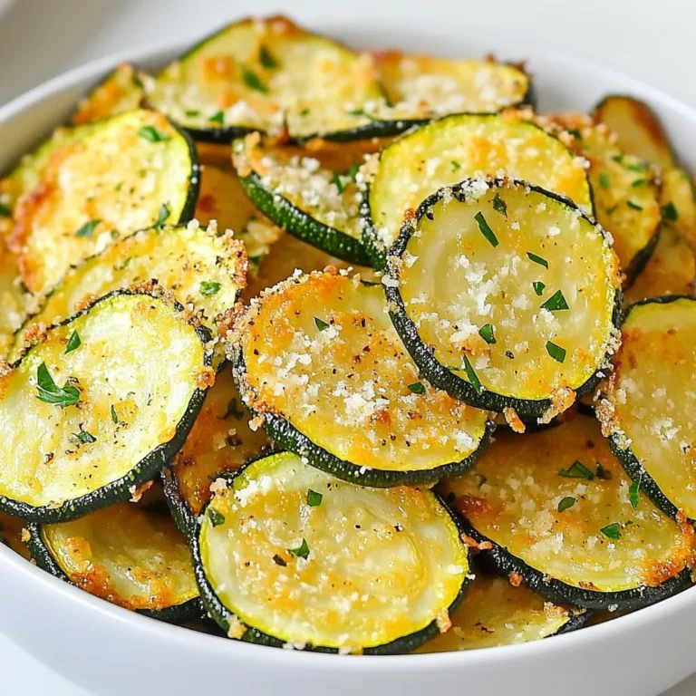 To make your own Garlic Parmesan Zucchini Chips, gather these simple ingredients: - 2 medium zucchinis, thinly sliced - 1 tablespoon olive oil - 1 teaspoon garlic powder - 1 teaspoon onion powder - 1 teaspoon Italian seasoning - 1/2 cup grated Parmesan cheese - Salt and pepper to taste - Fresh parsley, chopped (for garnish) Measuring ingredients correctly helps your chips turn out great. Use a kitchen scale for the zucchinis if you have one. For dry ingredients like garlic powder and Parmesan cheese, use a measuring spoon. Level the spoon off for accuracy. If you don’t have a scale, just try to keep the slices of zucchini even. This way, they bake at the same rate. You can swap some ingredients if needed. If you don’t have garlic powder, fresh minced garlic works well. Use 1-2 cloves instead. For a dairy-free option, try nutritional yeast in place of Parmesan cheese. You can also mix in other spices, like paprika or cayenne pepper, to kick up the flavor. If you want a different base, sweet potatoes or carrots can work, but adjust the baking time. {{ingredient_image_1}} First, gather all your ingredients. You will need two medium zucchinis, olive oil, garlic powder, onion powder, Italian seasoning, Parmesan cheese, salt, and pepper. Start by preheating your oven to 225°F (110°C). This low temperature helps the chips dry out and get crispy. Next, line a baking sheet with parchment paper. This will keep the chips from sticking and make cleanup easy. Now, it’s time to prepare the zucchini. Thinly slice the zucchinis using a sharp knife or a mandoline. Aim for a thickness of about 1/4 inch. In a large bowl, toss the zucchini slices with one tablespoon of olive oil. Make sure each slice gets a nice coat of oil. Then, sprinkle in one teaspoon each of garlic powder, onion powder, and Italian seasoning. Add salt and pepper to taste, and mix well. Lay the seasoned zucchini slices in a single layer on the baking sheet. Keep them from overlapping. This helps them cook evenly. After that, generously sprinkle 1/2 cup of grated Parmesan cheese over the top. Now, place the baking sheet in the oven. Bake for about two hours. Keep an eye on them and check occasionally. You want them golden brown and crispy. To get the best crispiness, make sure the zucchini slices are thin and uniform. This way, they cook evenly. Avoid overcrowding the baking sheet. If you have too many slices, bake them in batches. Also, check on them often as they bake. Each oven can be different, so adjust the time as needed. Once done, let the chips cool on the baking sheet. They will get even crispier as they cool. Enjoy these tasty snacks anytime! To get the best chips, slice the zucchini thinly. Aim for about 1/8 inch thick. Use a mandoline for even cuts. This helps them cook at the same rate. Lay the slices flat on the baking sheet. Avoid stacking or overlapping them. This gives each slice room to crisp up nicely. One common mistake is not drying the zucchini. After slicing, pat them dry with a paper towel. This helps remove excess moisture. Too much moisture can lead to soggy chips. Another mistake is baking at too high a temperature. Keep your oven at 225°F. This low heat allows slow, even cooking for crispy chips. Serve your Garlic Parmesan Zucchini Chips warm for the best taste. They pair well with dips like ranch or hummus. You can also add a sprinkle of extra Parmesan on top. For a fresh touch, garnish with chopped parsley right before serving. Enjoy these chips as a snack or a side dish. Pro Tips Slice Evenly: Ensure that the zucchini slices are cut uniformly to promote even cooking and crispiness. Use Parchment Paper: Lining your baking sheet with parchment paper prevents the chips from sticking and makes cleanup easier. Watch the Baking Time: Baking at a low temperature for a longer time is key; check periodically to avoid burning. Store Properly: For maximum crispiness, store leftover chips in an airtight container at room temperature, but consume within a few days. {{image_2}} You can jazz up your garlic Parmesan zucchini chips in many ways. Consider adding smoked paprika for a nice kick. A sprinkle of cayenne pepper gives heat. For a sweeter touch, try cinnamon or a dash of brown sugar. You can also mix in some crushed red pepper flakes for more spice. Experimenting with herbs like thyme or rosemary can make a big difference too. If you want to switch things up, other cheeses work great. Try using cheddar for a bold flavor. A sprinkle of feta can add a tangy twist. Vegan cheese also works if you prefer a plant-based option. Nutritional yeast is a fantastic choice for a cheesy taste without dairy. Be sure to adjust the amount, as some cheeses are saltier than Parmesan. You can serve your zucchini chips in fun ways. Pair them with a tasty dip like ranch or hummus. Serve them as a side with sandwiches or burgers for crunch. You can even stack them in a jar for a fun snack display. For a fancy touch, garnish with fresh herbs or a drizzle of balsamic glaze. These ideas can turn a simple snack into a star dish. To keep your Garlic Parmesan Zucchini Chips fresh, use an airtight container. Make sure the chips are completely cool before storing. Storing them while warm can create moisture, making them soggy. Place a paper towel in the container to absorb extra moisture. This small step helps keep the chips crispy longer. When you want to enjoy leftover chips, reheating is key. Preheat your oven to 350°F (175°C). Spread the chips on a baking sheet in a single layer. Bake for about 5-10 minutes. This method revives their crispiness. You can also use an air fryer for a quicker option. Just set it to 350°F and heat for 3-5 minutes. Your Garlic Parmesan Zucchini Chips last about 3-5 days in the fridge. If you want to store them longer, freezing is an option. Lay the chips in a single layer on a baking sheet and freeze them for 1-2 hours. Once frozen, place them in a freezer bag. They can last for up to 2 months in the freezer. When ready to eat, follow the reheating tips to restore their crunch. You can make zucchini chips in a dehydrator. Slice the zucchini thinly. Toss them with oil and seasonings as usual. Place the slices in a single layer in the dehydrator. Set it to 125°F (52°C) and dry for 6 to 8 hours. Check them until they are crispy. This method keeps the flavor while removing moisture. Yes, you can use other vegetables! Sweet potatoes, beets, or carrots work well. Just slice them thinly like zucchini. Adjust the cooking time based on the vegetable you choose. Each veggie has a unique taste and texture, so feel free to be creative. Garlic Parmesan zucchini chips can be a healthy snack. Zucchini is low in calories and high in vitamins. Using olive oil adds healthy fats. Parmesan cheese provides protein and calcium. However, watch the portion size due to salt and cheese. Enjoying them in moderation is key to a balanced diet. We covered each step to make crispy zucchini chips. You learned about ingredients, cooking methods, and storage tips. Remember, measuring accurately leads to great taste. Don't hesitate to experiment with flavors and serve them creatively. These chips are fun to make and enjoy. With practice, you'll avoid common mistakes and impress everyone. Try new ingredients or methods to find what you love. Enjoy your cooking journey!