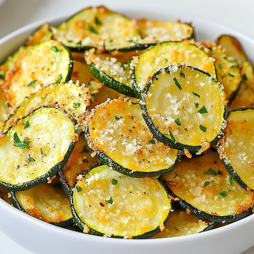 To make your own Garlic Parmesan Zucchini Chips, gather these simple ingredients: - 2 medium zucchinis, thinly sliced - 1 tablespoon olive oil - 1 teaspoon garlic powder - 1 teaspoon onion powder - 1 teaspoon Italian seasoning - 1/2 cup grated Parmesan cheese - Salt and pepper to taste - Fresh parsley, chopped (for garnish) Measuring ingredients correctly helps your chips turn out great. Use a kitchen scale for the zucchinis if you have one. For dry ingredients like garlic powder and Parmesan cheese, use a measuring spoon. Level the spoon off for accuracy. If you don’t have a scale, just try to keep the slices of zucchini even. This way, they bake at the same rate. You can swap some ingredients if needed. If you don’t have garlic powder, fresh minced garlic works well. Use 1-2 cloves instead. For a dairy-free option, try nutritional yeast in place of Parmesan cheese. You can also mix in other spices, like paprika or cayenne pepper, to kick up the flavor. If you want a different base, sweet potatoes or carrots can work, but adjust the baking time. {{ingredient_image_1}} First, gather all your ingredients. You will need two medium zucchinis, olive oil, garlic powder, onion powder, Italian seasoning, Parmesan cheese, salt, and pepper. Start by preheating your oven to 225°F (110°C). This low temperature helps the chips dry out and get crispy. Next, line a baking sheet with parchment paper. This will keep the chips from sticking and make cleanup easy. Now, it’s time to prepare the zucchini. Thinly slice the zucchinis using a sharp knife or a mandoline. Aim for a thickness of about 1/4 inch. In a large bowl, toss the zucchini slices with one tablespoon of olive oil. Make sure each slice gets a nice coat of oil. Then, sprinkle in one teaspoon each of garlic powder, onion powder, and Italian seasoning. Add salt and pepper to taste, and mix well. Lay the seasoned zucchini slices in a single layer on the baking sheet. Keep them from overlapping. This helps them cook evenly. After that, generously sprinkle 1/2 cup of grated Parmesan cheese over the top. Now, place the baking sheet in the oven. Bake for about two hours. Keep an eye on them and check occasionally. You want them golden brown and crispy. To get the best crispiness, make sure the zucchini slices are thin and uniform. This way, they cook evenly. Avoid overcrowding the baking sheet. If you have too many slices, bake them in batches. Also, check on them often as they bake. Each oven can be different, so adjust the time as needed. Once done, let the chips cool on the baking sheet. They will get even crispier as they cool. Enjoy these tasty snacks anytime! To get the best chips, slice the zucchini thinly. Aim for about 1/8 inch thick. Use a mandoline for even cuts. This helps them cook at the same rate. Lay the slices flat on the baking sheet. Avoid stacking or overlapping them. This gives each slice room to crisp up nicely. One common mistake is not drying the zucchini. After slicing, pat them dry with a paper towel. This helps remove excess moisture. Too much moisture can lead to soggy chips. Another mistake is baking at too high a temperature. Keep your oven at 225°F. This low heat allows slow, even cooking for crispy chips. Serve your Garlic Parmesan Zucchini Chips warm for the best taste. They pair well with dips like ranch or hummus. You can also add a sprinkle of extra Parmesan on top. For a fresh touch, garnish with chopped parsley right before serving. Enjoy these chips as a snack or a side dish. Pro Tips Slice Evenly: Ensure that the zucchini slices are cut uniformly to promote even cooking and crispiness. Use Parchment Paper: Lining your baking sheet with parchment paper prevents the chips from sticking and makes cleanup easier. Watch the Baking Time: Baking at a low temperature for a longer time is key; check periodically to avoid burning. Store Properly: For maximum crispiness, store leftover chips in an airtight container at room temperature, but consume within a few days. {{image_2}} You can jazz up your garlic Parmesan zucchini chips in many ways. Consider adding smoked paprika for a nice kick. A sprinkle of cayenne pepper gives heat. For a sweeter touch, try cinnamon or a dash of brown sugar. You can also mix in some crushed red pepper flakes for more spice. Experimenting with herbs like thyme or rosemary can make a big difference too. If you want to switch things up, other cheeses work great. Try using cheddar for a bold flavor. A sprinkle of feta can add a tangy twist. Vegan cheese also works if you prefer a plant-based option. Nutritional yeast is a fantastic choice for a cheesy taste without dairy. Be sure to adjust the amount, as some cheeses are saltier than Parmesan. You can serve your zucchini chips in fun ways. Pair them with a tasty dip like ranch or hummus. Serve them as a side with sandwiches or burgers for crunch. You can even stack them in a jar for a fun snack display. For a fancy touch, garnish with fresh herbs or a drizzle of balsamic glaze. These ideas can turn a simple snack into a star dish. To keep your Garlic Parmesan Zucchini Chips fresh, use an airtight container. Make sure the chips are completely cool before storing. Storing them while warm can create moisture, making them soggy. Place a paper towel in the container to absorb extra moisture. This small step helps keep the chips crispy longer. When you want to enjoy leftover chips, reheating is key. Preheat your oven to 350°F (175°C). Spread the chips on a baking sheet in a single layer. Bake for about 5-10 minutes. This method revives their crispiness. You can also use an air fryer for a quicker option. Just set it to 350°F and heat for 3-5 minutes. Your Garlic Parmesan Zucchini Chips last about 3-5 days in the fridge. If you want to store them longer, freezing is an option. Lay the chips in a single layer on a baking sheet and freeze them for 1-2 hours. Once frozen, place them in a freezer bag. They can last for up to 2 months in the freezer. When ready to eat, follow the reheating tips to restore their crunch. You can make zucchini chips in a dehydrator. Slice the zucchini thinly. Toss them with oil and seasonings as usual. Place the slices in a single layer in the dehydrator. Set it to 125°F (52°C) and dry for 6 to 8 hours. Check them until they are crispy. This method keeps the flavor while removing moisture. Yes, you can use other vegetables! Sweet potatoes, beets, or carrots work well. Just slice them thinly like zucchini. Adjust the cooking time based on the vegetable you choose. Each veggie has a unique taste and texture, so feel free to be creative. Garlic Parmesan zucchini chips can be a healthy snack. Zucchini is low in calories and high in vitamins. Using olive oil adds healthy fats. Parmesan cheese provides protein and calcium. However, watch the portion size due to salt and cheese. Enjoying them in moderation is key to a balanced diet. We covered each step to make crispy zucchini chips. You learned about ingredients, cooking methods, and storage tips. Remember, measuring accurately leads to great taste. Don't hesitate to experiment with flavors and serve them creatively. These chips are fun to make and enjoy. With practice, you'll avoid common mistakes and impress everyone. Try new ingredients or methods to find what you love. Enjoy your cooking journey!