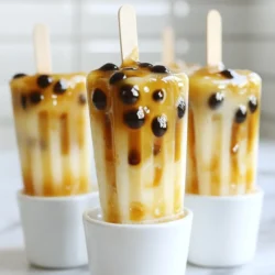 To make these tasty popsicles, you will need: - 1 cup tapioca pearls - 1 cup brown sugar - 2 cups water (for cooking pearls) - 2 cups milk (whole, almond, or oat milk) - 1 cup brewed black tea, cooled - ½ teaspoon vanilla extract - Pinch of salt These ingredients give the popsicles a rich taste and smooth texture. The tapioca pearls add a fun chewy element. The brown sugar brings a deep sweetness that pairs well with the creamy milk and tea. If you want to make your popsicles even creamier, consider adding: - ½ cup condensed milk This addition will make your popsicles rich and smooth. You can also adjust the sweetness to your liking. To make these popsicles, you will need: - A pot for boiling water - A small saucepan for the syrup - Mixing bowls for combining ingredients - Popsicle molds to shape the popsicles - Popsicle sticks for easy handling Having the right tools will make your cooking easier and more fun. With these items ready, you can start your boba popsicle journey! {{ingredient_image_1}} Start by boiling 2 cups of water in a pot. When it bubbles, add 1 cup of tapioca pearls. Cook them for about 20 minutes. Stir them often to stop them from sticking. When they are soft, strain them and rinse under cold water. This keeps them from getting sticky. In a small pot, mix 1 cup of brown sugar with 1 cup of water. Heat it over medium heat. Stir until the sugar melts. Let it simmer for a few minutes. After that, let it cool for about 5 minutes. This syrup adds a nice sweet touch. Grab a mixing bowl. Pour in 1 cup of cooled black tea. Then add 2 cups of milk. If you want it creamier, include ½ cup of condensed milk. Next, add ½ teaspoon of vanilla extract and a pinch of salt. Mix everything well until it’s smooth. Take your popsicle molds. Put a layer of cooked tapioca pearls in the bottom. Then, pour in the milk tea mix until each mold is three-quarters full. Drizzle some of the brown sugar syrup on top. This adds flavor and looks great. Insert popsicle sticks into each mold. Place them in the freezer for at least 6 hours. When they are solid, take them out. To remove the popsicles, run the molds under warm water for a few seconds. Enjoy your cool and creamy treat! To cook tapioca pearls, start by boiling two cups of water. Add one cup of tapioca pearls and stir. Cook for about 20 minutes. You want them soft but not mushy. Stir often to keep them from sticking. After cooking, rinse them under cold water. This helps stop the cooking process and cools them down. For the best creaminess in your popsicles, use whole milk. Whole milk gives a rich taste and smooth texture. Almond and oat milk are great for a dairy-free option. Both add unique flavors. If you want extra creaminess, add half a cup of condensed milk to the mix. It makes the popsicles even richer and sweeter. You can enhance the flavor of your popsicles by adding vanilla extract. Just a half teaspoon can elevate the taste. A pinch of salt is also helpful. It balances the sweetness and brings out the flavors. Feel free to experiment with other flavors too. You can add spices like cinnamon or even a bit of cocoa powder for fun twists. Pro Tips Perfectly Cooked Pearls: Make sure to stir the tapioca pearls occasionally while cooking to prevent them from sticking together and ensure they cook evenly. Cool the Syrup: Allow the brown sugar syrup to cool for a few minutes before adding it to the popsicle molds to avoid melting the milk tea mixture. Layering Technique: For an attractive look, layer the tapioca pearls and milk tea mixture carefully in the molds, allowing the syrup to create a beautiful swirl effect. Easy Release: To easily remove the popsicles from their molds, run them under warm water for a few seconds before pulling them out. {{image_2}} You can play with the base of your popsicles. Use different milk teas for a twist. Try green tea for a fresh flavor. Chai tea adds spice and warmth. Matcha gives a nice green color and earthy taste. Each tea brings its own charm to the mix. Experiment with what you love best. If you want a healthier option, swap out the brown sugar. Honey or maple syrup works well. These sweeteners add flavor and some nutrients. Stevia or agave syrup can help cut down sugar. Adjust the amount based on your taste. You can still enjoy the sweet taste without the guilt. Add fruits or other flavors to make your popsicles fun. Try diced strawberries or mango for a fruity kick. A splash of coconut milk gives a tropical vibe. You can even mix in some matcha for a green tea twist. Get creative! Your taste buds will thank you. Store your leftover popsicles in an airtight container. This keeps them fresh and prevents freezer burn. You can also wrap each popsicle in plastic wrap for extra protection. Make sure to label the container with the date. These popsicles stay good for up to two months in the freezer. For best taste, enjoy them within a month. If you notice any ice crystals, they may not taste as good. To avoid this, keep the freezer temperature steady and low. When you’re ready to enjoy a popsicle, run it under warm water for a few seconds. This helps to loosen it from the mold. Avoid using a microwave; it can make the popsicle melt too fast. Serve them straight from the freezer for a cool and creamy treat! Yes, you can use other types of tea. Green tea or chai tea works well. Each tea gives a unique taste. Experiment with your favorites to find what you enjoy most. Just make sure the tea is brewed and cooled before mixing with milk. Yes, you can make these popsicles vegan. Use almond or oat milk instead of whole milk. Choose a plant-based sweetener instead of condensed milk. This way, you can still enjoy the creamy flavor without dairy. You can find ready-made Brown Sugar Boba Popsicles in Asian grocery stores. Some online retailers may also offer them. Check your local ice cream shop too. They might have their own version of this tasty treat. These popsicles need at least 6 hours to freeze. For best results, leave them overnight. This ensures they are solid and easy to remove from the molds. Enjoy them on a hot day for a refreshing treat! Making Brown Sugar Boba Milk Tea Popsicles is easy and fun. You learned about key ingredients, like tapioca pearls and the brown sugar syrup. I shared steps to cook, mix, and freeze. Plus, I provided tips for creaminess and flavor options for you to explore. These popsicles are a tasty treat that you can customize. Enjoy making them your own!
