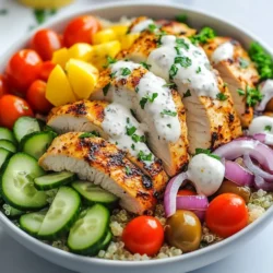 - 1 lb chicken breast, thinly sliced - 1 cup cooked quinoa or rice - 1 cup cucumber, diced - 1 cup cherry tomatoes, halved - 1/2 red onion, thinly sliced - 1/2 cup Kalamata olives, pitted and halved - Fresh parsley, chopped (for garnish) - Pita bread, for serving (optional) - 2 tablespoons olive oil - 2 teaspoons dried oregano - 1 teaspoon garlic powder - 1 teaspoon onion powder - Salt and pepper to taste - 1 cup Greek yogurt - 2 tablespoons fresh lemon juice You can serve the gyro bowls with warm pita bread on the side. This makes it fun to scoop up the tasty fillings! You might also try adding some feta cheese for extra flavor. If you love spice, add some sliced jalapeños. Fresh herbs like dill or mint can give a nice twist, too. These options let you customize the dish to your liking. {{ingredient_image_1}} To start, take 1 pound of chicken breast and slice it thin. Place the chicken in a large bowl. Add 2 tablespoons of olive oil, 2 teaspoons of dried oregano, 1 teaspoon of garlic powder, and 1 teaspoon of onion powder. Sprinkle salt and pepper to taste. Mix everything well until the chicken is coated. This adds great flavor. Next, heat a skillet or grill pan over medium-high heat. Carefully add the seasoned chicken. Cook it for about 6 to 7 minutes. You want the chicken to be cooked through and have nice grill marks. Once done, remove the chicken from heat and set it aside. Grab a separate bowl for the sauce. Combine 1 cup of Greek yogurt with 2 tablespoons of fresh lemon juice. Add salt and pepper to taste. Mix it well until smooth. This creamy sauce gives a nice tang to your gyro bowls. Now, let’s build your gyro bowls! Start with a base of 1 cup of cooked quinoa or rice in each bowl. Next, layer the cooked chicken on top of the grain. Then, add 1 cup of diced cucumber, 1 cup of halved cherry tomatoes, and 1/2 thinly sliced red onion. Don’t forget the 1/2 cup of pitted and halved Kalamata olives. Drizzle a generous amount of the Greek yogurt sauce over the top. For a pop of color and taste, sprinkle some fresh chopped parsley as a garnish. If you like, serve warm pita bread on the side for a fun way to scoop up all the goodness! To cook chicken well, start with thin slices. This helps it cook evenly. Use a hot skillet or grill pan. Aim for a medium-high heat. Cook the chicken for about 6-7 minutes. Look for nice grill marks and no pink inside. If you overcook it, the chicken may get dry. Use a meat thermometer if you want to be sure. It should read 165°F. Let the chicken rest for a few minutes before serving. This helps keep it juicy. Fresh herbs can make your gyro bowls pop! I love using parsley to add brightness. Simply chop some fresh parsley and sprinkle it on top. You can also try dill or mint for a different taste. If you have time, marinate the chicken with herbs for a few hours. This adds more flavor. Remember to taste your dish as you go. Adjust the seasoning to your liking. These gyro bowls are great for meal prep! You can cook the chicken and grains ahead of time. Store everything in separate containers. This keeps the ingredients fresh. You can assemble the bowls quickly during the week. Just layer the quinoa or rice, chicken, and veggies. Drizzle the sauce on top before eating. You can even freeze the chicken for later use. Just thaw it in the fridge overnight before cooking. Pro Tips Marinate for Flavor: For even more flavor, consider marinating the chicken in the olive oil and spices for at least 30 minutes or up to overnight in the fridge. Perfectly Cooked Chicken: Use a meat thermometer to ensure the chicken reaches an internal temperature of 165°F (75°C) for safe consumption. Fresh Ingredients Matter: Opt for fresh, high-quality vegetables and herbs to enhance the flavor and nutritional value of your gyro bowls. Customization is Key: Feel free to customize your bowls with additional toppings like feta cheese, roasted red peppers, or spinach for added variety. {{image_2}} You can swap quinoa or rice for other grains. Try farro or barley for a nutty taste. These grains add fiber and nutrients. Another option is cauliflower rice. It is low in carbs and light. You can easily make it by grating cauliflower. This keeps your meal fresh and healthy. Want to boost the veggie count? Add bell peppers, carrots, or spinach. These veggies bring color and crunch. You can roast them for extra flavor. Roasting makes them sweet and tender. Try adding steamed broccoli or zucchini too. They are nutritious and fill your bowl nicely. You can make gyro bowls meat-free with tasty alternatives. Use falafel for a crunchy bite. Chickpeas are a great source of protein. Or try marinated tofu for a soft texture. Season it like the chicken for similar flavors. Grilled eggplant also works well for a rich taste. Each option keeps the meal fun and exciting. To keep your Greek chicken gyro bowls fresh, store them in airtight containers. Make sure to separate the chicken from the veggies and grains. This helps prevent sogginess. Let the chicken cool before sealing it to avoid steam buildup. You can store the Greek yogurt sauce in a small container. Keep it separate until you're ready to eat. When you're ready to enjoy your gyro bowl again, reheat the chicken in a skillet. Heat it over medium heat for about 5 minutes. Stir it occasionally to warm it evenly. For the grains, you can microwave them for 1-2 minutes, depending on your microwave's power. Make sure they are hot but not overcooked. Add the yogurt sauce after reheating to keep it creamy and fresh. The cooked chicken can last up to 4 days in the fridge. The quinoa or rice will also stay good for about 4 days. Fresh veggies like cucumbers and tomatoes should be consumed within 2 days for best taste. The Greek yogurt sauce will last about 3 days. Always check for any signs of spoilage before eating. You can use many tasty options instead of chicken. Try lamb, beef, or shrimp. Tofu or tempeh works well for a plant-based choice. Each option gives a unique flavor. For extra protein, consider chickpeas. Just marinate them like the chicken. This will add more taste to your bowl. To make Greek Chicken Gyro Bowls gluten-free, simply skip the pita bread. Use quinoa or rice as your base. Both are naturally gluten-free and full of nutrients. Also, check labels on any sauces or seasonings. Some may contain gluten. You want to keep everything safe and delicious. Yes, using store-bought tzatziki sauce is a great option. It saves time and still tastes good. Just make sure it has quality ingredients. Look for fresh herbs and no added sugars. If you want a kick, add some garlic or lemon juice for more flavor. Greek chicken gyro bowls bring fresh flavors and fun to your meals. We explored key ingredients, like chicken and yogurt sauce, and shared ways to make your gyros shine with fresh herbs and veggies. Tips for cooking chicken and meal prep help you save time. Plus, we covered storage and reheating for easy leftovers. Whatever your choice—chicken, vegetarian, or healthy grains—you can enjoy these bowls anytime. Dive into this tasty treat and make it your own!