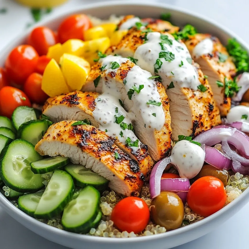 - 1 lb chicken breast, thinly sliced - 1 cup cooked quinoa or rice - 1 cup cucumber, diced - 1 cup cherry tomatoes, halved - 1/2 red onion, thinly sliced - 1/2 cup Kalamata olives, pitted and halved - Fresh parsley, chopped (for garnish) - Pita bread, for serving (optional) - 2 tablespoons olive oil - 2 teaspoons dried oregano - 1 teaspoon garlic powder - 1 teaspoon onion powder - Salt and pepper to taste - 1 cup Greek yogurt - 2 tablespoons fresh lemon juice You can serve the gyro bowls with warm pita bread on the side. This makes it fun to scoop up the tasty fillings! You might also try adding some feta cheese for extra flavor. If you love spice, add some sliced jalapeños. Fresh herbs like dill or mint can give a nice twist, too. These options let you customize the dish to your liking. {{ingredient_image_1}} To start, take 1 pound of chicken breast and slice it thin. Place the chicken in a large bowl. Add 2 tablespoons of olive oil, 2 teaspoons of dried oregano, 1 teaspoon of garlic powder, and 1 teaspoon of onion powder. Sprinkle salt and pepper to taste. Mix everything well until the chicken is coated. This adds great flavor. Next, heat a skillet or grill pan over medium-high heat. Carefully add the seasoned chicken. Cook it for about 6 to 7 minutes. You want the chicken to be cooked through and have nice grill marks. Once done, remove the chicken from heat and set it aside. Grab a separate bowl for the sauce. Combine 1 cup of Greek yogurt with 2 tablespoons of fresh lemon juice. Add salt and pepper to taste. Mix it well until smooth. This creamy sauce gives a nice tang to your gyro bowls. Now, let’s build your gyro bowls! Start with a base of 1 cup of cooked quinoa or rice in each bowl. Next, layer the cooked chicken on top of the grain. Then, add 1 cup of diced cucumber, 1 cup of halved cherry tomatoes, and 1/2 thinly sliced red onion. Don’t forget the 1/2 cup of pitted and halved Kalamata olives. Drizzle a generous amount of the Greek yogurt sauce over the top. For a pop of color and taste, sprinkle some fresh chopped parsley as a garnish. If you like, serve warm pita bread on the side for a fun way to scoop up all the goodness! To cook chicken well, start with thin slices. This helps it cook evenly. Use a hot skillet or grill pan. Aim for a medium-high heat. Cook the chicken for about 6-7 minutes. Look for nice grill marks and no pink inside. If you overcook it, the chicken may get dry. Use a meat thermometer if you want to be sure. It should read 165°F. Let the chicken rest for a few minutes before serving. This helps keep it juicy. Fresh herbs can make your gyro bowls pop! I love using parsley to add brightness. Simply chop some fresh parsley and sprinkle it on top. You can also try dill or mint for a different taste. If you have time, marinate the chicken with herbs for a few hours. This adds more flavor. Remember to taste your dish as you go. Adjust the seasoning to your liking. These gyro bowls are great for meal prep! You can cook the chicken and grains ahead of time. Store everything in separate containers. This keeps the ingredients fresh. You can assemble the bowls quickly during the week. Just layer the quinoa or rice, chicken, and veggies. Drizzle the sauce on top before eating. You can even freeze the chicken for later use. Just thaw it in the fridge overnight before cooking. Pro Tips Marinate for Flavor: For even more flavor, consider marinating the chicken in the olive oil and spices for at least 30 minutes or up to overnight in the fridge. Perfectly Cooked Chicken: Use a meat thermometer to ensure the chicken reaches an internal temperature of 165°F (75°C) for safe consumption. Fresh Ingredients Matter: Opt for fresh, high-quality vegetables and herbs to enhance the flavor and nutritional value of your gyro bowls. Customization is Key: Feel free to customize your bowls with additional toppings like feta cheese, roasted red peppers, or spinach for added variety. {{image_2}} You can swap quinoa or rice for other grains. Try farro or barley for a nutty taste. These grains add fiber and nutrients. Another option is cauliflower rice. It is low in carbs and light. You can easily make it by grating cauliflower. This keeps your meal fresh and healthy. Want to boost the veggie count? Add bell peppers, carrots, or spinach. These veggies bring color and crunch. You can roast them for extra flavor. Roasting makes them sweet and tender. Try adding steamed broccoli or zucchini too. They are nutritious and fill your bowl nicely. You can make gyro bowls meat-free with tasty alternatives. Use falafel for a crunchy bite. Chickpeas are a great source of protein. Or try marinated tofu for a soft texture. Season it like the chicken for similar flavors. Grilled eggplant also works well for a rich taste. Each option keeps the meal fun and exciting. To keep your Greek chicken gyro bowls fresh, store them in airtight containers. Make sure to separate the chicken from the veggies and grains. This helps prevent sogginess. Let the chicken cool before sealing it to avoid steam buildup. You can store the Greek yogurt sauce in a small container. Keep it separate until you're ready to eat. When you're ready to enjoy your gyro bowl again, reheat the chicken in a skillet. Heat it over medium heat for about 5 minutes. Stir it occasionally to warm it evenly. For the grains, you can microwave them for 1-2 minutes, depending on your microwave's power. Make sure they are hot but not overcooked. Add the yogurt sauce after reheating to keep it creamy and fresh. The cooked chicken can last up to 4 days in the fridge. The quinoa or rice will also stay good for about 4 days. Fresh veggies like cucumbers and tomatoes should be consumed within 2 days for best taste. The Greek yogurt sauce will last about 3 days. Always check for any signs of spoilage before eating. You can use many tasty options instead of chicken. Try lamb, beef, or shrimp. Tofu or tempeh works well for a plant-based choice. Each option gives a unique flavor. For extra protein, consider chickpeas. Just marinate them like the chicken. This will add more taste to your bowl. To make Greek Chicken Gyro Bowls gluten-free, simply skip the pita bread. Use quinoa or rice as your base. Both are naturally gluten-free and full of nutrients. Also, check labels on any sauces or seasonings. Some may contain gluten. You want to keep everything safe and delicious. Yes, using store-bought tzatziki sauce is a great option. It saves time and still tastes good. Just make sure it has quality ingredients. Look for fresh herbs and no added sugars. If you want a kick, add some garlic or lemon juice for more flavor. Greek chicken gyro bowls bring fresh flavors and fun to your meals. We explored key ingredients, like chicken and yogurt sauce, and shared ways to make your gyros shine with fresh herbs and veggies. Tips for cooking chicken and meal prep help you save time. Plus, we covered storage and reheating for easy leftovers. Whatever your choice—chicken, vegetarian, or healthy grains—you can enjoy these bowls anytime. Dive into this tasty treat and make it your own!