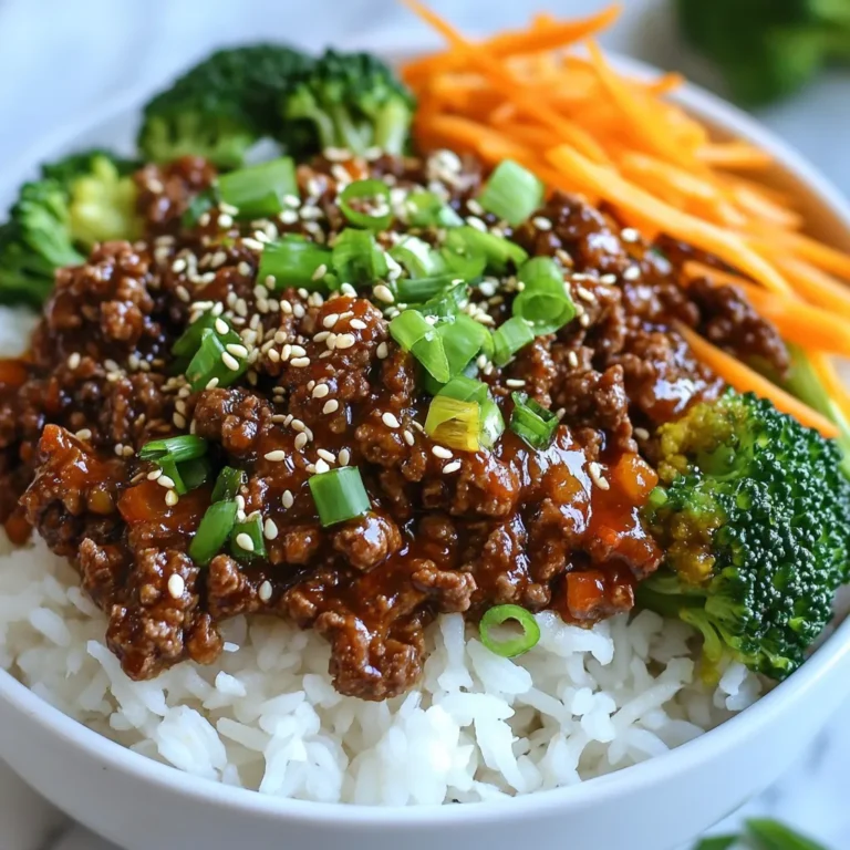 For this tasty dish, you need: - 1 lb ground beef (or thinly sliced beef) - 3 tablespoons gochujang (Korean chili paste) - 2 tablespoons soy sauce - 1 tablespoon sesame oil - 1 tablespoon brown sugar - 2 garlic cloves, minced - 1-inch piece ginger, grated - 1 cup cooked white rice (or cauliflower rice) - 1 cup broccoli florets - 1 carrot, julienned - 2 green onions, chopped - Toasted sesame seeds for garnish These ingredients blend perfectly to create a spicy, savory flavor. Gochujang gives the dish its heat. The sesame oil adds a nice nutty taste. You can change this dish to fit your taste by adding: - Bell peppers - Spinach - Mushrooms - Kimchi - Avocado Feel free to mix and match. These additions can give your bowl new flavors and textures. If you have allergies, try these swaps: - Use tamari instead of soy sauce for a gluten-free option. - Replace sesame oil with olive oil if you are allergic to sesame. - Try turkey or chicken instead of beef for a leaner choice. These swaps keep the dish similar while making it safer for you. Enjoy cooking! {{ingredient_image_1}} First, gather all your ingredients. You need ground beef, gochujang, soy sauce, and sesame oil. Don’t forget brown sugar, garlic, and ginger. You will also need cooked rice, broccoli, carrot, and green onions. For garnish, get toasted sesame seeds. Make sure to wash and chop the vegetables. Julienning the carrot makes it cook faster and look nice. Start by heating the sesame oil in a large skillet over medium heat. Add the minced garlic and grated ginger. Sauté them for about 30 seconds. This step brings out their flavor. Next, add the ground beef or sliced beef to the skillet. Cook it until it turns brown. Use a wooden spoon to break the meat apart. This should take about 5 to 7 minutes. Now, mix gochujang, soy sauce, and brown sugar in a small bowl. Pour this mix over the beef in the skillet. Stir well to coat the meat. Cook for an additional 2 to 3 minutes. This step helps the flavors blend together. While the beef cooks, steam the broccoli and carrot until they are tender-crisp. This takes about 4 to 5 minutes. You can steam them on the stovetop or microwave. Now it’s time to put everything together. Start with a scoop of cooked rice at the bottom of your bowl. Then, add the spicy beef on top. Follow with the steamed broccoli and carrot. Finally, garnish with chopped green onions and a sprinkle of toasted sesame seeds. Serve your spicy Korean beef bowls hot for the best taste. To make your spicy Korean beef truly shine, use fresh ingredients. Fresh garlic and ginger add a punch to the dish. When cooking, heat the sesame oil first. This step wakes up the flavors in the oil. Mix the gochujang, soy sauce, and brown sugar well. This blend gives the beef a nice glaze. Cook the beef until it is browned. This will enhance the flavor and texture. Steaming your veggies keeps them bright and crunchy. Use a stovetop steamer or a microwave-safe bowl. If using the microwave, cover the bowl with a lid or plastic wrap. This traps steam and cooks the veggies quickly. Steam broccoli and carrots for about 4-5 minutes. Check if they are tender-crisp. You want them to maintain some bite. For a true Korean feel, use a bowl for serving. Start with a scoop of rice at the bottom. Add the spicy beef and then top with the steamed veggies. Scatter green onions and toasted sesame seeds on top. This adds color and texture. Serve hot for the best experience. Enjoy your meal with chopsticks for added fun! Pro Tips Choose the Right Beef: For a more tender and flavorful dish, opt for thinly sliced ribeye or sirloin instead of ground beef. Adjust the Spice Level: If you prefer a milder flavor, reduce the amount of gochujang. You can also add more sugar to balance the heat. Prep Your Veggies Ahead: Cut and prep your vegetables in advance to save time during cooking and ensure everything is fresh. Serve with Fresh Herbs: Add fresh cilantro or mint as a garnish for an extra layer of flavor and a pop of color. {{image_2}} You can easily make this dish vegetarian or vegan. Replace the ground beef with plant-based meat. Options like lentils or mushrooms work well too. For a vegan version, swap regular soy sauce for a gluten-free one. Use coconut sugar instead of brown sugar for sweetness. Add tofu for protein and texture, and you’ll have a delicious bowl. If you want a low-carb meal, use cauliflower rice instead of white rice. It adds a nice texture and cuts down on carbs. Just pulse cauliflower florets in a food processor until they look like rice. Then, lightly sauté it in sesame oil for extra flavor. It makes a healthy base for your spicy beef. For those who crave more heat, you can add extra gochujang. Try mixing in red pepper flakes or fresh chili slices. Toss in spicy kimchi for added flavor and crunch. You can also serve with a drizzle of sriracha on top. Each option ramps up the spice and makes your bowl even more exciting. Store your spicy Korean beef bowls in an airtight container. Let the dish cool before sealing. Keep it in the fridge for up to three days. If you want to save it longer, try freezing. To reheat, use the microwave or a skillet. For the microwave, heat for about 1-2 minutes. Stir halfway through for even warmth. If using a skillet, add a splash of water or broth. Heat on low until warmed through. This helps keep the beef juicy. If you want to freeze, pack the beef and veggies separately from the rice. This way, the rice won’t get mushy when thawed. Use freezer-safe containers or bags. Label them with the date. You can freeze for up to three months. When ready to eat, thaw overnight in the fridge. Reheat as mentioned above. Gochujang is a red chili paste from Korea. It has a sweet and spicy flavor. You can find it in Asian grocery stores. Many large supermarkets also carry it. Look in the international aisle or the Asian section. It comes in a tub or squeeze bottle. Yes, you can use other proteins. Ground turkey or chicken works well. Thinly sliced beef is great too. For a vegetarian option, use tofu or tempeh. Just make sure to adjust the cooking time for each protein. These bowls are spicy but not overwhelming. Gochujang gives them heat and flavor. If you want less spice, use less gochujang. You can also add more sugar to balance the heat. Adjust it to fit your taste. Some great sides are kimchi, pickled radishes, or steamed dumplings. You can also serve it with a simple salad. Rice is a common side, too. All these sides complement the bold flavors of the beef bowl perfectly. In this blog post, we explored how to make flavorful Spicy Korean Beef Bowls. We covered key ingredients, cooking steps, and tips for the perfect dish. Customization and variety allow you to meet different tastes and diets. Storing and reheating tips make it easy to enjoy leftovers. Whether you stick to beef or try vegan options, you can create a meal everyone will love. Enjoy your cooking journey and make this dish your own.