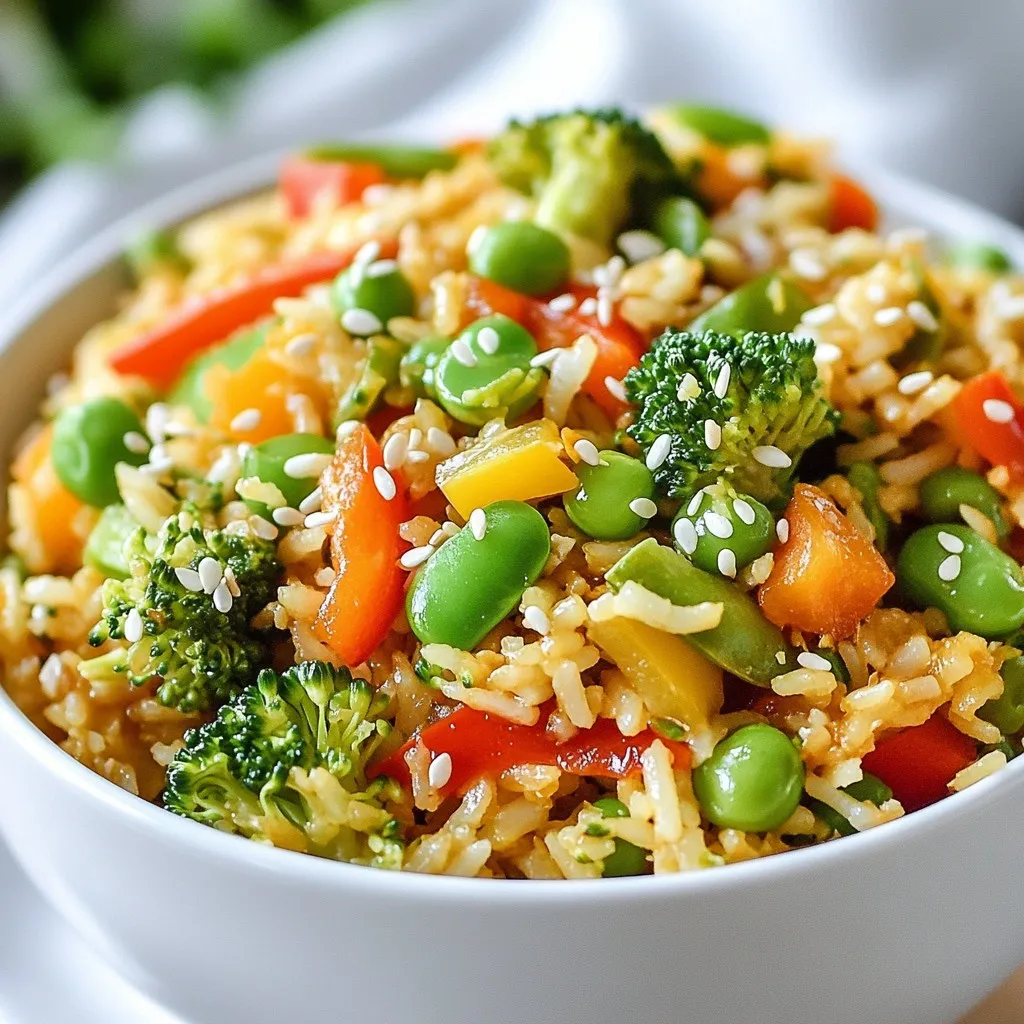 To make veggie loaded fried rice, you need fresh and colorful ingredients. Here’s what you’ll need: - 2 cups cooked jasmine rice (day-old for best results) - 1 cup mixed bell peppers, diced (red, yellow, green) - 1 cup broccoli florets - 1 cup snap peas, trimmed - 1 carrot, diced - 3 green onions, chopped - 2 cloves garlic, minced - 2 tablespoons soy sauce (low sodium preferred) - 1 tablespoon sesame oil - 1 tablespoon olive oil - Salt and pepper to taste - 1 teaspoon grated ginger - 1/4 cup frozen peas - 2 large eggs (optional for protein, skip for vegan) - Sesame seeds for garnish These ingredients blend well to create a tasty meal. Fresh vegetables give a crisp bite. The rice adds a nice base. You can add your favorite veggies or proteins to make this dish your own. Here are some options: - Spinach or kale for extra greens - Mushrooms for umami flavor - Tofu for a protein boost - Corn for sweetness - Cashews or peanuts for crunch Feel free to mix and match. Your veggie loaded fried rice will always taste great. When choosing between fresh and frozen veggies, both have their perks. - Fresh Vegetables: They taste bright and vibrant. Use them if they are in season. They cook quickly and retain nutrients. - Frozen Vegetables: They are convenient and often picked at peak ripeness. No washing or chopping is needed. Just add them straight to the pan. If you use frozen veggies, add them during cooking. This helps them heat through without getting mushy. {{ingredient_image_1}} To make the best veggie loaded fried rice, start with the rice. If you use fresh rice, spread it out on a baking sheet. Let it cool completely. This step helps prevent clumping. Day-old rice is even better. It is less sticky and works great for frying. Next, heat a large skillet or wok over medium-high heat. Add olive oil and sesame oil. Wait until the oil is hot. Then, toss in minced garlic and grated ginger. Stir them for about 30 seconds until they smell amazing. After that, add the diced bell peppers, broccoli florets, diced carrot, and snap peas. Stir-fry these for about 5 minutes. You want them slightly tender, but still crisp. If you choose to add eggs for extra protein, push the veggies to the side of the pan. Crack the eggs directly into the hot skillet. Scramble them until they are fully cooked. Mix the eggs back into the vegetables for a tasty blend. Now it’s time to add the rice. Take your cooled jasmine rice and add it to the skillet. Use a spatula to break up any clumps. Stir in the soy sauce, adjusting the amount for your taste. Cook this mixture for an additional 2-3 minutes. Make sure everything is well combined and heated through. Finally, add frozen peas and chopped green onions. Mix these in and let everything cook for another 1-2 minutes. Season with salt and pepper to your liking. To make the best veggie-loaded fried rice, I follow a few simple steps. First, choose day-old jasmine rice. It has less moisture and won't clump together. If you must use fresh rice, spread it out on a baking sheet to cool. This helps remove excess steam. Additionally, always heat your pan well. A hot pan cooks the rice evenly and adds that nice char. Sticky rice can ruin your dish. To avoid this, make sure your rice is cool before frying. Use less water when cooking rice, especially if you plan to fry it later. When you add the rice to the pan, break up any clumps with a spatula. Mixing gently prevents sticking and keeps the texture perfect. Timing matters when stir-frying. Start with the veggies that take longer to cook. For this recipe, I add bell peppers and broccoli first. They need about 5 minutes to get tender but still crisp. Snap peas and carrots cook quicker, so add them after a couple of minutes. Frozen peas can go in last since they only need a minute to heat through. This way, all the veggies stay vibrant and crunchy! Pro Tips Use Day-Old Rice: For the best texture, use day-old jasmine rice. It’s dryer and less sticky, which helps achieve that perfect fried rice consistency. Prep All Ingredients First: Have all your veggies chopped and ready before you start cooking. Stir-frying happens quickly, and having everything prepped ensures even cooking. Adjust the Soy Sauce: Start with the recommended amount of soy sauce, but feel free to adjust to your taste. Remember, different brands have varying saltiness levels. Customize Your Veggies: Feel free to swap in your favorite vegetables or whatever you have on hand. This recipe is versatile, so get creative! {{image_2}} Veggie Loaded Fried Rice is already a great vegetarian dish. To make it vegan, just skip the eggs. You can also add more plant-based proteins like tofu or tempeh. These options add texture and flavor, keeping the dish filling. Use soy sauce or tamari for flavor without any animal products. If you want more protein, consider adding these ingredients: - 2 large eggs (if not vegan) - 1 cup firm tofu, cubed - 1 cup cooked chickpeas - 1/2 cup edamame These ingredients blend well with the rice and veggies. They boost the dish's nutrition while keeping it tasty. If you need a gluten-free option, use gluten-free soy sauce or tamari. You can also use cauliflower rice instead of jasmine rice for a low-carb choice. It gives a nice texture and keeps the flavors bold. Just make sure all your other ingredients are gluten-free as well! To keep your veggie loaded fried rice fresh, store it in an airtight container. Make sure it cools down before sealing it. This helps prevent moisture build-up, which can make the rice soggy. Place the container in the fridge, and it should last for about three to four days. If you have a lot, consider splitting it into smaller portions for easier use later. When reheating fried rice, use a skillet for the best results. Heat a little oil in the pan over medium heat. Add your leftover fried rice and stir continuously. This keeps it from sticking and helps it heat evenly. You can also add a splash of water or soy sauce to keep it moist. Cover the pan for a minute to steam it. This method helps restore the texture, making it taste fresh again. If you want to save fried rice for later, freezing is a great option. Let it cool completely first, then scoop it into freezer-safe bags. Flatten the bags to save space and make stacking easier. Label the bags with the date. You can freeze it for up to three months. When you’re ready to enjoy it, thaw it in the fridge overnight. Reheat it in a skillet for the best flavor and texture. Yes, you can use brown rice instead of jasmine rice. Brown rice has more fiber and a nutty taste. It takes longer to cook, so keep that in mind. You may need to adjust the cooking time. Just make sure it's cooked and cooled before you add it to your fried rice. You can add many vegetables to this recipe. Here are some tasty options: - Zucchini, diced - Corn, frozen or fresh - Spinach, chopped - Mushrooms, sliced - Cauliflower, cut into small pieces Feel free to mix and match based on what you have. To make the fried rice spicier, add some heat. Use one of these options: - Red pepper flakes for a quick kick - Sriracha sauce drizzled on top - Chopped jalapeños mixed in with the veggies Start with a little and taste as you go. Adjust it to your spice level. Enjoy the heat! You learned about key ingredients and how to customize your veggie fried rice. I shared step-by-step instructions and tips for perfect rice. You now know variations for every diet and storage tips to keep leftovers fresh. In conclusion, making veggie loaded fried rice is easy and fun. Feel free to experiment with flavors and ingredients. With practice, you’ll create your perfect dish every time. Enjoy your cooking adventure and delight in each tasty bite!