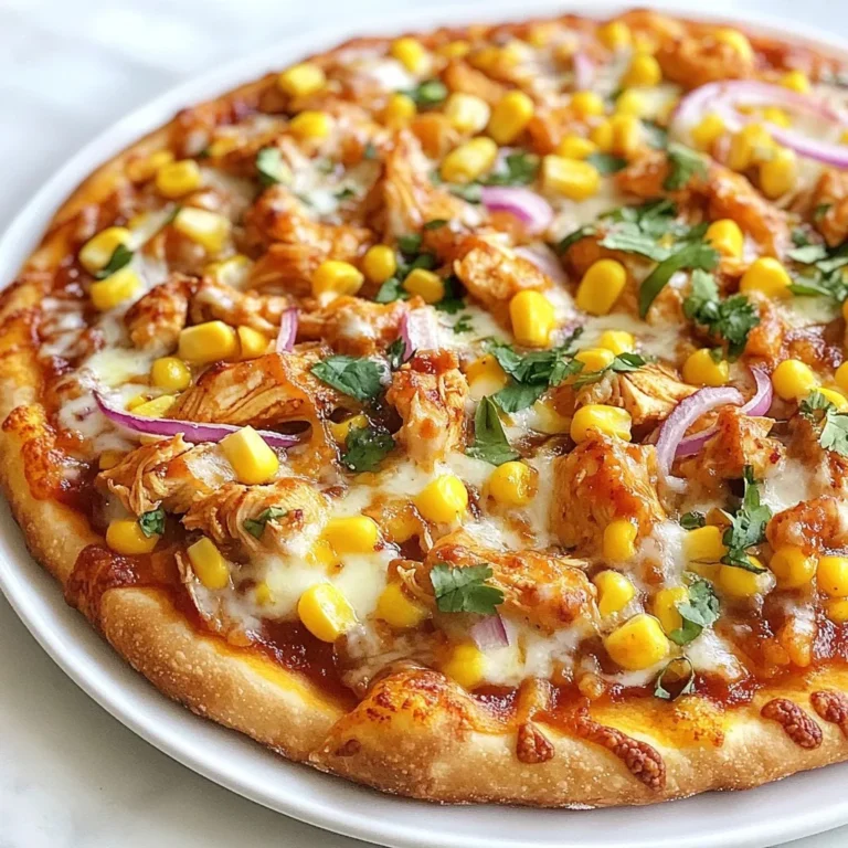 To make BBQ Ranch Chicken Pizza, you need a few key items. Here is what you will need: - 1 pre-made pizza crust (store-bought or homemade) - 1 cup cooked chicken breast, shredded - 1/2 cup BBQ sauce (your favorite brand) - 1/2 cup ranch dressing - 1 cup shredded mozzarella cheese - 1/2 cup red onion, thinly sliced - 1/4 cup cilantro leaves, chopped - 1/2 cup corn kernels (fresh or canned) - Salt and pepper to taste These ingredients come together to create a delightful dish that packs a punch. The mix of BBQ sauce and ranch dressing gives a rich flavor that you will love. You can make this pizza your own with some optional add-ins. Here are some ideas: - Sliced jalapeños for heat - Cooked bacon for a smoky taste - Bell peppers for crunch - Avocado for creaminess - Pineapple for a sweet twist Feel free to get creative! Adding your favorite toppings can bring new layers to the flavor. Choosing the best ingredients can make a big difference. Here are some tips: - Select a quality BBQ sauce that you enjoy. Taste is key! - Use fresh chicken breast for the best flavor. - Pick a pizza crust that suits your style, whether thick or thin. - For cheese, go for fresh mozzarella for a gooey texture. - Fresh herbs, like cilantro, add a burst of freshness. Using quality ingredients will elevate your BBQ Ranch Chicken Pizza. Enjoy the process and savor the flavors! {{ingredient_image_1}} Start by preheating your oven to 425°F (220°C). This step is key for a crispy crust. If you use a store-bought crust, follow its package instructions. For homemade crust, roll it out to your desired thickness. Make sure it fits your pizza pan. Once ready, place the crust on a baking sheet or pizza stone. In a medium bowl, add 1 cup of shredded cooked chicken. Pour in 1/2 cup of your favorite BBQ sauce. Mix them well until the chicken is coated. This makes the chicken juicy and flavorful. You can adjust the amount of BBQ sauce based on your taste. If you like it spicy, add some hot sauce to the mix! Next, spread 1/2 cup of ranch dressing evenly over the crust. This will add a rich flavor. Then, layer the BBQ chicken mixture on top. Spread it evenly to cover the ranch. Now, sprinkle 1/2 cup of corn kernels and 1/2 cup of thinly sliced red onion over the chicken. These add a nice crunch. Finish by adding 1 cup of shredded mozzarella cheese. This will melt into a delicious topping. Season with salt and pepper if you like. Finally, bake it in the oven for 12-15 minutes. Look for a golden crust and bubbly cheese. Once done, let it cool for a couple of minutes. Add fresh cilantro leaves on top before slicing and serving! To bake your pizza perfectly, start with a hot oven. Preheat to 425°F (220°C). This heat helps the crust get crispy. If you use a pizza stone, place it in the oven while preheating. This step gives your crust a nice crunch. Also, avoid overloading the pizza with toppings. Too many toppings can make the pizza soggy. To boost flavors, try adding smoked paprika to your BBQ sauce. This spice adds a nice depth. You can also mix in some chopped jalapeños for heat. Pair your pizza with a fresh salad for crunch. A simple side of cucumber and tomato pairs well too. If you want a drink, a cold lemonade complements the BBQ flavors nicely. One common mistake is not letting the pizza cool before slicing. Wait a few minutes after baking. This cooling time helps the cheese set. Another mistake is using cold ingredients. Always use room-temperature chicken and sauce. Cold ingredients can lead to uneven cooking. Lastly, don’t forget to season with salt and pepper. This final step enhances all the flavors. Pro Tips Choose Your BBQ Sauce Wisely: The flavor of your pizza hinges on the BBQ sauce you select. Go for a sauce that matches your taste—whether it’s sweet, smoky, or tangy—to elevate the overall dish. Preheat for Perfect Crispiness: Always preheat your oven to ensure a crispy crust. A hot oven helps the pizza cook evenly and prevents a soggy bottom. Customize Your Toppings: Feel free to add or replace toppings according to your preference. Jalapeños, bell peppers, or even bacon can add extra flavor and texture. Let It Rest: After baking, allow the pizza to rest for a few minutes before slicing. This helps the cheese set and makes for cleaner cuts and better presentation. {{image_2}} You can make a tasty vegetarian BBQ ranch pizza! Swap the chicken for grilled veggies. Try bell peppers, zucchini, or mushrooms. These add great flavor and texture. You can also use chickpeas for a protein boost. They provide a nice bite and absorb flavors well. Use the same BBQ sauce and ranch dressing. Top with your favorite cheese or a vegan option. If you want to try different sauces, go for it! Use buffalo sauce for a spicy kick. This pairs well with the ranch. You can also try pesto for a fresh twist. It adds a unique herbal flavor. A mix of BBQ and sriracha gives a sweet and spicy taste. Experiment and find what you love most! Get creative with your toppings! Add pineapple for a sweet flavor. Jalapeños can give it a nice heat. Consider feta cheese for a tangy bite. You could even sprinkle some nuts for crunch. A drizzle of balsamic glaze adds sweetness and depth. Each topping can change the whole pizza experience! To keep your BBQ Ranch Chicken Pizza fresh, wrap it well. Use plastic wrap or foil. You can also place slices in an airtight container. Store it in the fridge for up to three days. This keeps the flavors intact and prevents drying out. When you're ready to enjoy your leftovers, reheat them right. Preheat your oven to 350°F (175°C). Place the pizza on a baking sheet. Heat for about 10-12 minutes. This method makes the crust crispy again. You can also use a skillet. Cook on medium heat for about 5-7 minutes. Cover the skillet to melt the cheese. If you want to save pizza for longer, freezing works well. Wrap each slice in plastic wrap. Then, place them in a freezer bag. Squeeze out the air before sealing. You can freeze your BBQ Ranch Chicken Pizza for up to two months. When you’re ready to eat, thaw it overnight in the fridge. Then, reheat in the oven. Enjoy your tasty pizza anytime! BBQ Ranch Chicken Pizza is a fun twist on traditional pizza. It combines BBQ sauce, ranch dressing, and shredded chicken. The flavor is smoky, creamy, and savory. The toppings include cheese, red onions, corn, and cilantro. This pizza is easy to make and perfect for sharing. Yes, you can use different cheeses. Cheddar cheese adds a sharp taste. Gouda gives a smoky flavor. You can even mix cheeses for more depth. Just make sure to keep some mozzarella for that gooey texture. To preheat your oven, set it to 425°F (220°C). Wait until the oven reaches this temperature. This helps the crust bake evenly and get crispy. Always check the oven with a thermometer for accuracy. You can check local pizza shops or delivery services. Many chain restaurants offer BBQ Ranch Chicken Pizza. Use apps or websites to search for nearby options. Look for reviews to find the best places. Making pizza crust is simple! You need flour, water, yeast, salt, and a bit of oil. Mix these ingredients and knead the dough. Let it rise for about an hour. Then roll it out and shape it to your liking. This gives you fresh, homemade crust! Making BBQ Ranch Chicken Pizza is easy and fun. We covered needed ingredients and tips to choose the best ones. You learned how to prepare the crust and the chicken mix. Assembling your pizza and avoiding common mistakes were also key points. Use these tips to create tasty variations or store leftovers. Enjoy great flavors with any toppings you choose. Now you're ready to make your own delicious BBQ Ranch Chicken Pizza!