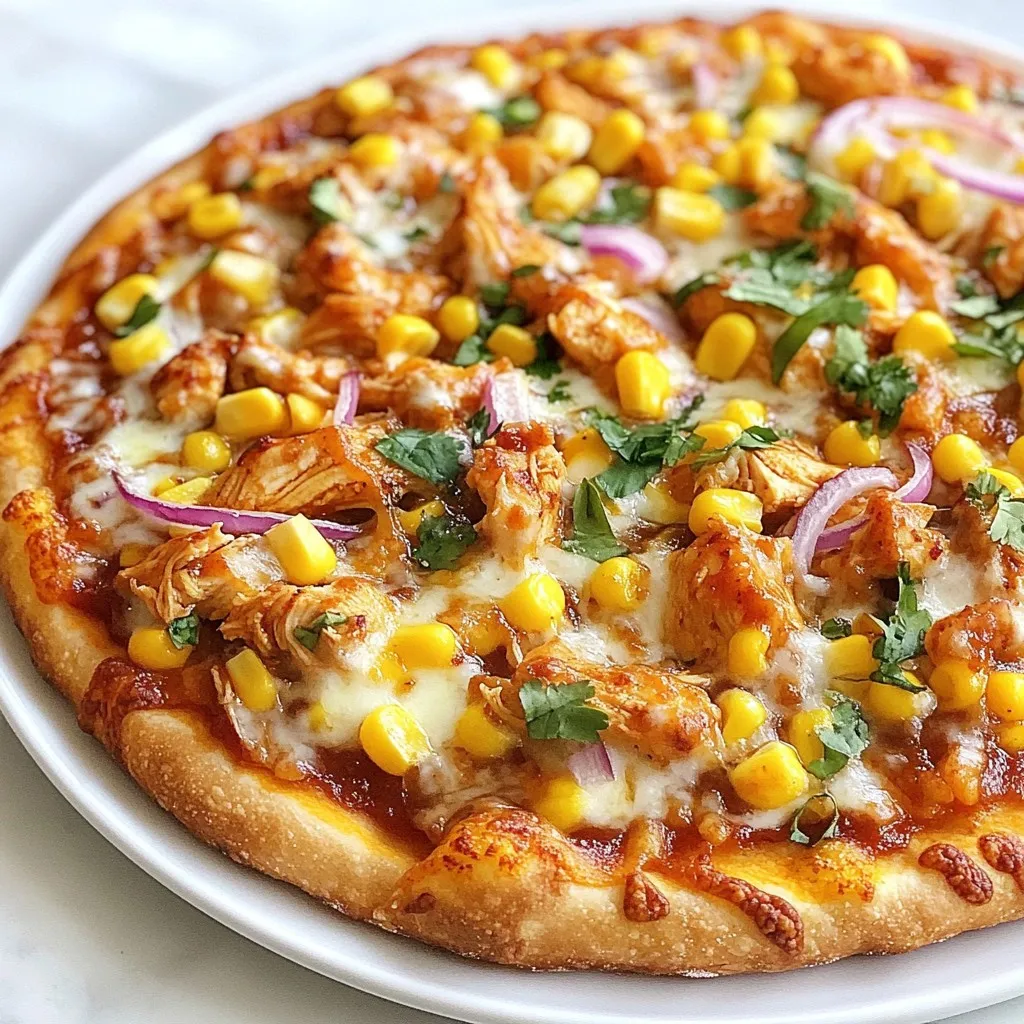 To make BBQ Ranch Chicken Pizza, you need a few key items. Here is what you will need: - 1 pre-made pizza crust (store-bought or homemade) - 1 cup cooked chicken breast, shredded - 1/2 cup BBQ sauce (your favorite brand) - 1/2 cup ranch dressing - 1 cup shredded mozzarella cheese - 1/2 cup red onion, thinly sliced - 1/4 cup cilantro leaves, chopped - 1/2 cup corn kernels (fresh or canned) - Salt and pepper to taste These ingredients come together to create a delightful dish that packs a punch. The mix of BBQ sauce and ranch dressing gives a rich flavor that you will love. You can make this pizza your own with some optional add-ins. Here are some ideas: - Sliced jalapeños for heat - Cooked bacon for a smoky taste - Bell peppers for crunch - Avocado for creaminess - Pineapple for a sweet twist Feel free to get creative! Adding your favorite toppings can bring new layers to the flavor. Choosing the best ingredients can make a big difference. Here are some tips: - Select a quality BBQ sauce that you enjoy. Taste is key! - Use fresh chicken breast for the best flavor. - Pick a pizza crust that suits your style, whether thick or thin. - For cheese, go for fresh mozzarella for a gooey texture. - Fresh herbs, like cilantro, add a burst of freshness. Using quality ingredients will elevate your BBQ Ranch Chicken Pizza. Enjoy the process and savor the flavors! {{ingredient_image_1}} Start by preheating your oven to 425°F (220°C). This step is key for a crispy crust. If you use a store-bought crust, follow its package instructions. For homemade crust, roll it out to your desired thickness. Make sure it fits your pizza pan. Once ready, place the crust on a baking sheet or pizza stone. In a medium bowl, add 1 cup of shredded cooked chicken. Pour in 1/2 cup of your favorite BBQ sauce. Mix them well until the chicken is coated. This makes the chicken juicy and flavorful. You can adjust the amount of BBQ sauce based on your taste. If you like it spicy, add some hot sauce to the mix! Next, spread 1/2 cup of ranch dressing evenly over the crust. This will add a rich flavor. Then, layer the BBQ chicken mixture on top. Spread it evenly to cover the ranch. Now, sprinkle 1/2 cup of corn kernels and 1/2 cup of thinly sliced red onion over the chicken. These add a nice crunch. Finish by adding 1 cup of shredded mozzarella cheese. This will melt into a delicious topping. Season with salt and pepper if you like. Finally, bake it in the oven for 12-15 minutes. Look for a golden crust and bubbly cheese. Once done, let it cool for a couple of minutes. Add fresh cilantro leaves on top before slicing and serving! To bake your pizza perfectly, start with a hot oven. Preheat to 425°F (220°C). This heat helps the crust get crispy. If you use a pizza stone, place it in the oven while preheating. This step gives your crust a nice crunch. Also, avoid overloading the pizza with toppings. Too many toppings can make the pizza soggy. To boost flavors, try adding smoked paprika to your BBQ sauce. This spice adds a nice depth. You can also mix in some chopped jalapeños for heat. Pair your pizza with a fresh salad for crunch. A simple side of cucumber and tomato pairs well too. If you want a drink, a cold lemonade complements the BBQ flavors nicely. One common mistake is not letting the pizza cool before slicing. Wait a few minutes after baking. This cooling time helps the cheese set. Another mistake is using cold ingredients. Always use room-temperature chicken and sauce. Cold ingredients can lead to uneven cooking. Lastly, don’t forget to season with salt and pepper. This final step enhances all the flavors. Pro Tips Choose Your BBQ Sauce Wisely: The flavor of your pizza hinges on the BBQ sauce you select. Go for a sauce that matches your taste—whether it’s sweet, smoky, or tangy—to elevate the overall dish. Preheat for Perfect Crispiness: Always preheat your oven to ensure a crispy crust. A hot oven helps the pizza cook evenly and prevents a soggy bottom. Customize Your Toppings: Feel free to add or replace toppings according to your preference. Jalapeños, bell peppers, or even bacon can add extra flavor and texture. Let It Rest: After baking, allow the pizza to rest for a few minutes before slicing. This helps the cheese set and makes for cleaner cuts and better presentation. {{image_2}} You can make a tasty vegetarian BBQ ranch pizza! Swap the chicken for grilled veggies. Try bell peppers, zucchini, or mushrooms. These add great flavor and texture. You can also use chickpeas for a protein boost. They provide a nice bite and absorb flavors well. Use the same BBQ sauce and ranch dressing. Top with your favorite cheese or a vegan option. If you want to try different sauces, go for it! Use buffalo sauce for a spicy kick. This pairs well with the ranch. You can also try pesto for a fresh twist. It adds a unique herbal flavor. A mix of BBQ and sriracha gives a sweet and spicy taste. Experiment and find what you love most! Get creative with your toppings! Add pineapple for a sweet flavor. Jalapeños can give it a nice heat. Consider feta cheese for a tangy bite. You could even sprinkle some nuts for crunch. A drizzle of balsamic glaze adds sweetness and depth. Each topping can change the whole pizza experience! To keep your BBQ Ranch Chicken Pizza fresh, wrap it well. Use plastic wrap or foil. You can also place slices in an airtight container. Store it in the fridge for up to three days. This keeps the flavors intact and prevents drying out. When you're ready to enjoy your leftovers, reheat them right. Preheat your oven to 350°F (175°C). Place the pizza on a baking sheet. Heat for about 10-12 minutes. This method makes the crust crispy again. You can also use a skillet. Cook on medium heat for about 5-7 minutes. Cover the skillet to melt the cheese. If you want to save pizza for longer, freezing works well. Wrap each slice in plastic wrap. Then, place them in a freezer bag. Squeeze out the air before sealing. You can freeze your BBQ Ranch Chicken Pizza for up to two months. When you’re ready to eat, thaw it overnight in the fridge. Then, reheat in the oven. Enjoy your tasty pizza anytime! BBQ Ranch Chicken Pizza is a fun twist on traditional pizza. It combines BBQ sauce, ranch dressing, and shredded chicken. The flavor is smoky, creamy, and savory. The toppings include cheese, red onions, corn, and cilantro. This pizza is easy to make and perfect for sharing. Yes, you can use different cheeses. Cheddar cheese adds a sharp taste. Gouda gives a smoky flavor. You can even mix cheeses for more depth. Just make sure to keep some mozzarella for that gooey texture. To preheat your oven, set it to 425°F (220°C). Wait until the oven reaches this temperature. This helps the crust bake evenly and get crispy. Always check the oven with a thermometer for accuracy. You can check local pizza shops or delivery services. Many chain restaurants offer BBQ Ranch Chicken Pizza. Use apps or websites to search for nearby options. Look for reviews to find the best places. Making pizza crust is simple! You need flour, water, yeast, salt, and a bit of oil. Mix these ingredients and knead the dough. Let it rise for about an hour. Then roll it out and shape it to your liking. This gives you fresh, homemade crust! Making BBQ Ranch Chicken Pizza is easy and fun. We covered needed ingredients and tips to choose the best ones. You learned how to prepare the crust and the chicken mix. Assembling your pizza and avoiding common mistakes were also key points. Use these tips to create tasty variations or store leftovers. Enjoy great flavors with any toppings you choose. Now you're ready to make your own delicious BBQ Ranch Chicken Pizza!