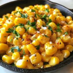 To make Honey Butter Skillet Corn, you need some simple and fresh ingredients. Here is what you will need: - 4 cups fresh or frozen corn kernels - 3 tablespoons unsalted butter - 2 tablespoons honey - 1 teaspoon salt - 1/2 teaspoon black pepper - 1/4 teaspoon smoked paprika (optional) - 2 tablespoons chopped fresh parsley (for garnish) These ingredients work together to create a sweet and savory dish. The corn brings a natural sweetness. Butter adds richness, while honey makes it even sweeter. Salt and pepper balance the flavors. Smoked paprika can add a unique twist if you want. Finally, fresh parsley gives a nice touch and color. You can find fresh corn at your local market, especially in summer. Frozen corn is a great option too, as it keeps the flavor. Always choose good quality butter for the best taste. Honey should be pure for the best flavor. This combination makes Honey Butter Skillet Corn a delightful addition to any meal. {{ingredient_image_1}} Melting the Butter Start by placing a large skillet on medium heat. Add 3 tablespoons of unsalted butter. Let it melt completely. Watch for it to bubble slightly. This step adds rich flavor to the dish. Adding Corn to the Skillet Once the butter has melted, add 4 cups of corn kernels. You can use fresh or frozen corn. Stir the kernels well to coat them with the melted butter. This helps the corn absorb that delicious buttery taste. Cooking and Caramelizing the Corn Cook the corn for about 5 to 7 minutes. Stir occasionally to prevent burning. You want the corn to turn a lovely golden color. This caramelization adds depth and sweetness to the dish. Drizzling Honey After the corn is caramelized, drizzle 2 tablespoons of honey over it. This will give the corn a sweet glaze that makes it even more tasty. Seasoning with Salt and Pepper Next, sprinkle in 1 teaspoon of salt and 1/2 teaspoon of black pepper. Mix everything together well. These seasonings balance the sweetness of the honey. Optional Smoked Paprika If you like a smoky flavor, add 1/4 teaspoon of smoked paprika. Stir it in well. This is optional but can add a nice twist to the dish. Garnishing with Parsley When you're done cooking, remove the skillet from heat. Garnish with 2 tablespoons of chopped fresh parsley. This adds a pop of color and freshness to your dish. Serving Suggestions Serve the honey butter skillet corn in a rustic cast-iron skillet or bowl. You can sprinkle extra parsley on top. A small drizzle of honey makes for a beautiful finish. Enjoy this sweet and savory delight! How to Achieve Perfectly Caramelized Corn To get the best caramelized corn, start with medium heat. Melt the butter well before adding the corn. Stir the corn often. This helps it cook evenly. After 5-7 minutes, look for a golden color. This means it's caramelizing nicely. If you want more color, let it cook a bit longer. Adjusting Sweetness Levels You can change how sweet your corn tastes. Add more honey for a sweet treat. If you want less sweetness, cut back on the honey. Taste as you go, and adjust to your liking. This way, you create a dish that suits your taste buds. Suggestions for Additional Spices Want to kick it up a notch? Try adding spices! A pinch of cayenne pepper gives it heat. Cumin adds warmth and depth. If you like smoke, use more smoked paprika. Each spice can change the flavor in a fun way. Incorporating Other Ingredients You can mix in other ingredients too. Diced bell peppers add color and crunch. Chopped jalapeños bring heat and flavor. For a creamy touch, stir in some cream cheese. Each addition makes the dish unique. Experiment to find your favorite mix! Pro Tips Use Fresh Corn: For the best flavor and texture, use fresh corn when in season. If using frozen corn, make sure to thaw it completely for even cooking. Adjust Sweetness: Feel free to adjust the amount of honey according to your taste preference, or substitute with maple syrup for a different flavor profile. Experiment with Spices: The smoked paprika adds a lovely depth, but you can experiment with other spices like chili powder or cumin for a unique twist. Serving Suggestions: This dish pairs beautifully with grilled meats or as a topping for tacos. Consider adding crumbled feta or cheese for extra creaminess! {{image_2}} Using Different Types of Corn You can use several types of corn for this dish. Fresh corn on the cob gives a sweet and crunchy texture. If you pick frozen corn, it works well too. I recommend using sweet corn for the best flavor. You can even try using corn from a can. Just drain it well before cooking. Each type brings a unique taste. Alternative Sweeteners If you want a different sweet flavor, use maple syrup or agave nectar. These alternatives still blend well with the butter. They also add their own twist to the dish. You can adjust the amount based on your taste. This way, you can make it sweeter or less sweet. Vegan Version Substitutes To make this dish vegan, swap the butter for a plant-based option. You can use coconut oil or vegan butter. Both give a nice flavor and texture. Replace honey with agave syrup or a fruit puree. This keeps the dish sweet without using animal products. Gluten-Free Modifications This recipe is already gluten-free, so you can enjoy it safely! Just make sure your sweetener is gluten-free. This makes it easy for anyone with gluten sensitivities to enjoy this dish. To keep your honey butter skillet corn fresh, let it cool first. Then, store it in the fridge. Place the corn in an airtight container. This helps to lock in flavor and moisture. You can keep it for up to three days. Use glass or plastic containers with tight lids. These work best for storing leftovers. I like to use glass since it doesn't stain. It also allows you to see what's inside. Avoid using metal containers, as they can react with the honey. To reheat your corn, use a skillet over low heat. This method keeps the corn juicy. Stir it often to heat evenly. You can also use a microwave. Place it in a bowl, cover it, and heat for one minute at a time. When reheating, add a bit of butter or honey. This helps maintain the sweet and savory taste. Stir well to mix in the flavors. Avoid cooking it too long, as it can become mushy. Enjoy your delicious corn just as much as when you first made it! You can easily make this recipe dairy-free by using a plant-based butter. Look for brands that melt well. Coconut oil is a good option too. It adds a nice flavor and helps the corn cook evenly. Yes, you can use canned corn. Just drain it well before cooking. Canned corn cooks faster, so adjust the cooking time to about 3-4 minutes. This way, you avoid overcooking it. Honey Butter Skillet Corn lasts for about 3-5 days in the fridge. Store it in a sealed container to keep it fresh. Reheat it on the stove or microwave before serving. This dish pairs well with grilled meats, tacos, or barbecued chicken. It's also great alongside a fresh salad. Try it with cornbread for a classic touch. This blog post covered how to make Honey Butter Skillet Corn using simple ingredients. We explored preparation steps, glazing techniques, and tips for perfecting flavor. You can also adapt this dish with variations for different diets or leftovers. For best results, try different corn types or sweeteners. Experiment with spices to make it your own. This recipe adds great taste to any meal and is easy to store and reheat. Enjoy making and sharing this delicious dish!