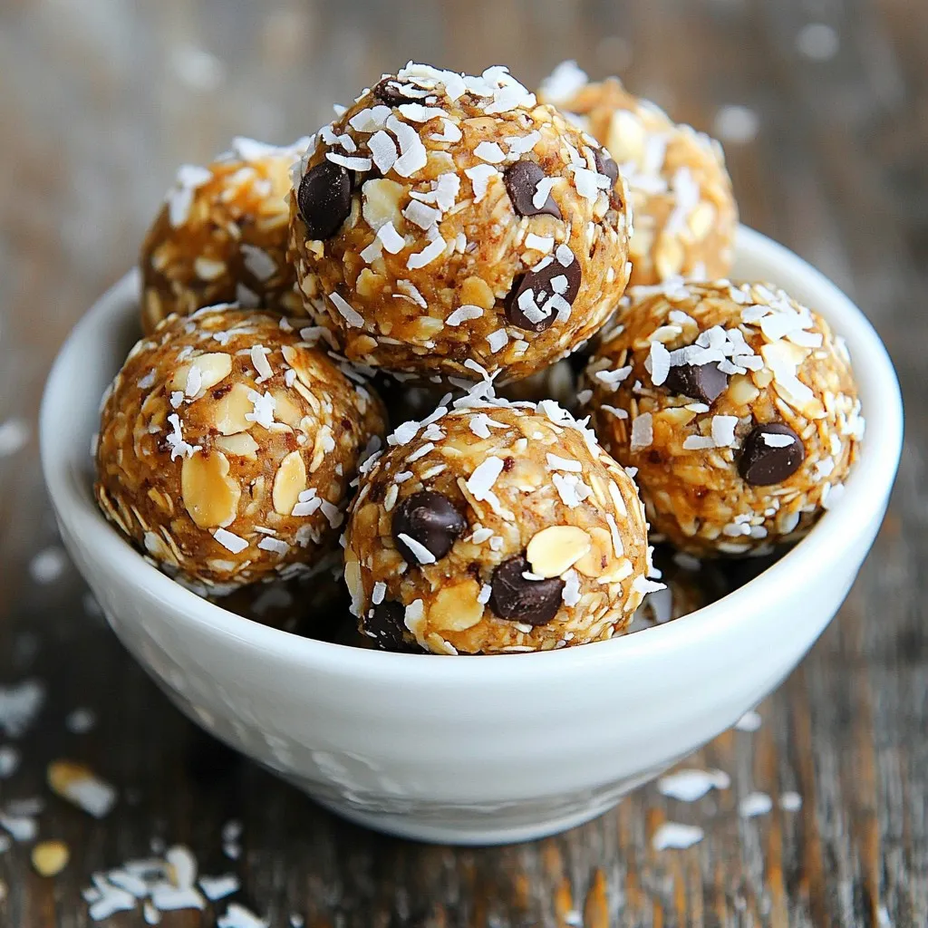 To make Almond Joy Energy Balls, gather these simple ingredients: - 1 cup rolled oats - 1/2 cup almond butter - 1/4 cup honey or maple syrup - 1/2 cup shredded unsweetened coconut - 1/3 cup dark chocolate chips - 1/4 cup chopped almonds - 1/2 teaspoon vanilla extract - A pinch of sea salt Let’s talk about what makes these ingredients great. - Rolled oats provide fiber and energy. They help keep you full longer. - Almond butter is packed with healthy fats and protein. It adds a creamy texture. - Honey or maple syrup gives natural sweetness. They also add moisture to the mix. - Shredded coconut adds flavor and fiber. It makes these bites chewy and fun. - Dark chocolate chips bring rich taste and antioxidants. They add a sweet touch. - Chopped almonds add crunch and protein. They give a nice texture contrast. - Vanilla extract enhances flavor. It makes everything taste better. - Sea salt balances the sweetness. Just a pinch makes a big difference. If you need swaps for any ingredient, here are some ideas: - Use peanut butter instead of almond butter for a different flavor. - Swap honey for agave syrup to make it vegan. - Use sweetened coconut if you prefer a sweeter taste. - Substitute chocolate chips with dried fruit for a healthier option. - If you're nut-free, try sunflower seed butter instead of nut butter. These alternatives keep the energy balls tasty and enjoyable! {{ingredient_image_1}} 1. In a large bowl, put 1 cup of rolled oats. Add 1/2 cup of almond butter and 1/4 cup of honey or maple syrup. Mix well until smooth. 2. Now, add in 1/2 cup of shredded unsweetened coconut, 1/3 cup of dark chocolate chips, and 1/4 cup of chopped almonds. Don’t forget to add 1/2 teaspoon of vanilla extract and a pinch of sea salt. 3. Stir everything together until it blends nicely. If it feels dry, add a bit more almond butter or honey. This helps it stick. 4. Use your hands to scoop out about 1 tablespoon of the mix. Roll it into a ball. Do this until you use all the mixture. You should make about 12 to 15 energy balls. 5. Place the balls on a baking sheet lined with parchment paper. Put them in the fridge for at least 30 minutes. This helps them get firm. - Step 1: Combine oats, almond butter, and honey in a bowl. - Step 2: Add coconut, chocolate chips, almonds, vanilla, and salt. - Step 3: Mix until fully combined. - Step 4: Roll into balls, about 1 tablespoon each. - Step 5: Chill on a baking sheet for 30 minutes. - Skipping the fridge time: This step helps the balls firm up. Don’t skip it! - Not mixing well: Make sure all ingredients are well combined for the best taste. - Using too much liquid: If it feels too wet, the balls won’t hold shape. Add less almond butter or honey. - Not measuring: Be precise with your ingredients for a great outcome. To make the best Almond Joy Energy Balls, use fresh, quality ingredients. Start with rolled oats. They give a great texture. Next, pick a creamy almond butter. This adds richness and flavor. Honey or maple syrup adds the right sweetness. Use unsweetened shredded coconut for the best taste. Dark chocolate chips add a nice touch. Chopped almonds give crunch and flavor. Mix well to ensure every bite is tasty. These energy balls are great as a snack or dessert. You can serve them in a bowl. Add a sprinkle of shredded coconut on top for a nice look. For a fun twist, pair them with fresh fruit. Slices of banana or strawberries work well. You can also enjoy them with a glass of almond milk or coconut milk. These drinks match the flavors perfectly. Want to save time? Make a big batch! You can store these energy balls for later. They keep well in the fridge. You can also freeze them. Just place them in a container and freeze. When you want one, take it out and let it thaw. This way, you always have a quick, healthy snack ready to go. Pro Tips Use Fresh Ingredients: Ensure all ingredients, especially the nuts and chocolate, are fresh for the best flavor and texture. Experiment with Flavors: Feel free to add spices like cinnamon or nutmeg, or swap in different nuts for a unique twist. Storage Tips: Keep energy balls stored in an airtight container in the fridge for up to a week, or freeze for longer shelf life. Perfecting the Texture: If the mixture is too crumbly, add a splash of nut milk to help it bind better. {{image_2}} You can change the flavor of your Almond Joy Energy Balls easily. Try adding different nuts, like cashews or pecans, for a new twist. Use different types of chocolate, like milk chocolate or white chocolate, to switch things up. You might even mix in dried fruit, like cranberries or raisins, for extra sweetness. These small changes can make your energy balls unique and fun! If you want to make these energy balls vegan, simply swap honey for maple syrup. This keeps the sweet taste while sticking to a plant-based diet. For a gluten-free option, use certified gluten-free rolled oats. This way, everyone can enjoy these tasty snacks without worry! To change the texture, you can try different ingredients. For a crunchier bite, add more chopped almonds or use whole nuts. If you want a creamier texture, add a bit more almond butter. You can even mix in some protein powder to boost the energy factor. Each swap gives your energy balls a unique feel and taste! To keep your Almond Joy Energy Balls fresh, store them in an airtight container. A glass jar or plastic container works well. Make sure to place a piece of parchment paper between layers if you stack them. This helps prevent sticking. Store them in the fridge for the best taste and texture. You can freeze these energy balls for up to three months. To do this, arrange the balls on a baking sheet in a single layer. Place the sheet in the freezer for about an hour. Once firm, transfer the balls to a zip-top bag. Remove as much air as possible before sealing. This way, they stay fresh and tasty! When stored properly, Almond Joy Energy Balls last about one week in the fridge. To check freshness, look for any signs of spoilage. If they smell off or look dry, toss them. For the best flavor, eat them within the first few days. Enjoy your delicious snack while it's at its peak! You can make Almond Joy Energy Balls healthy by choosing natural ingredients. Use rolled oats for fiber. Almond butter provides protein and healthy fats. Honey or maple syrup serves as a natural sweetener. Swap dark chocolate chips for a lower-sugar option if you prefer. You can also add extra nuts or seeds for added nutrients. Yes, you can use a different nut butter. Peanut butter works well and adds a rich flavor. Cashew butter is another option for a milder taste. Just make sure the nut butter is smooth. This helps the energy balls stick together better. Almond Joy Energy Balls are packed with nutrition. Each ball has about 100 calories. They contain 4 grams of protein and 5 grams of healthy fats. You also get 2 grams of fiber from the oats and coconut. These energy balls provide a nice balance of carbs, fats, and protein. Enjoy them as a healthy snack! In this post, I shared how to make Almond Joy Energy Balls. We covered key ingredients and their benefits. You learned how to avoid common mistakes and explored different flavors and dietary needs. I offered tips for perfecting your energy balls and storage advice to keep them fresh. In conclusion, these tasty snacks are easy to customize and healthy. Experiment with your favorite flavors and enjoy them anytime!