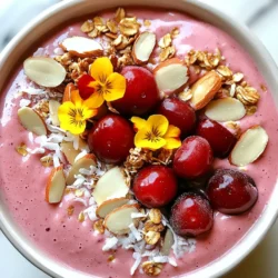 - 1 cup frozen cherries - 1 ripe banana - 1/2 cup almond milk - 1/4 cup Greek yogurt - 1 tablespoon almond butter - 1 tablespoon chia seeds - 1 tablespoon honey or maple syrup - Sliced almonds - Fresh cherries - Granola - Coconut flakes - Edible flowers For this Cherry Almond Smoothie Bowl, I use simple ingredients that pack a punch. Frozen cherries give a sweet and tart flavor. A ripe banana adds creaminess and natural sweetness. I prefer almond milk for a light base, but any plant-based milk works well. Greek yogurt adds protein and a silky texture. Almond butter brings a rich, nutty taste. Chia seeds are a great optional addition for extra fiber and omega-3s. If you want a touch of sweetness, honey or maple syrup works nicely. The toppings make this bowl even more fun! Sliced almonds add crunch. Fresh cherries bring freshness and bright color. Granola gives a nice texture, while coconut flakes offer a tropical twist. Edible flowers not only look pretty, but they also add a special touch to your bowl. {{ingredient_image_1}} Start by gathering your ingredients. You need one cup of frozen cherries, one ripe banana, half a cup of almond milk, and a quarter cup of Greek yogurt. Add one tablespoon of almond butter and one tablespoon of chia seeds. If you like sweetness, include one tablespoon of honey or maple syrup. Now, put all these ingredients into a blender. Blend them on high until the mixture is smooth and creamy. If it feels too thick, add a bit more almond milk. This will help you reach the right consistency for your smoothie bowl. Once your smoothie is ready, pour it into a bowl. This is where the fun begins! Take your time to arrange the toppings. Start with a sprinkle of sliced almonds. Then, add fresh cherries, granola, and coconut flakes. For a special touch, add a few edible flowers on top for a bright look. Taste your smoothie bowl before serving. You might want to adjust the sweetness. If you want to change up the flavor, try blending in different fruits. Strawberries, mangoes, or even peaches can add a new twist to your bowl. Enjoy creating your perfect Cherry Almond Smoothie Bowl! To make your smoothie thick and creamy, start with frozen fruit. Frozen cherries add a nice chill. If your mix is too thick, add a little almond milk. Blend well until smooth. You can pause and scrape the sides of the blender if needed. This will help mix everything evenly. Aim for a texture like soft serve ice cream. When picking almond milk, consider the sweetness. Unsweetened almond milk has no added sugar. It lets the fruit's natural sweetness shine. Sweetened almond milk can add extra sugar, which might not be needed. If you like it sweeter, use the sweetened kind, but taste the smoothie first. This way, you can adjust the sweetness to your liking. Toppings make your smoothie bowl fun and tasty. Use sliced almonds for a nice crunch. Fresh cherries add color and sweetness. Granola gives a great texture, while coconut flakes add a tropical feel. For a fancy touch, add edible flowers on top. They make your bowl look pretty and inviting. You can also mix and match toppings to find your favorite combination. Pro Tips Choose Ripe Bananas: Using a ripe banana will enhance the natural sweetness and creaminess of your smoothie bowl. Blend with Care: Start blending on a low setting and gradually increase to high to achieve a smooth consistency without overworking your blender. Customize Your Toppings: Feel free to swap out toppings based on your preference or what you have on hand for a unique twist each time. Chill Your Bowl: For an extra refreshing experience, chill your bowl in the freezer for a few minutes before serving. {{image_2}} You can switch up the fruit in this smoothie bowl. Frozen strawberries, blueberries, or mango work well. They add a fresh twist to the flavor. Tropical fruits like pineapple or banana also taste great. Each fruit brings its unique taste and health benefits. Using different bases can change your smoothie bowl’s texture. Coconut milk gives a creamy feel and a hint of sweetness. You can also use any plant-based yogurt. Almond, soy, or oat yogurt can be good choices. Each base adds a new layer of flavor. Want to spice things up? Add cinnamon for warmth or vanilla extract for sweetness. These flavors blend well with the cherries and almonds. You can also try nutmeg or cardamom for a unique taste. A small amount goes a long way in enhancing your smoothie bowl. To keep your Cherry Almond Smoothie Bowl fresh, store any leftovers in the fridge. Use an airtight container to lock in freshness. I recommend eating it within 24 hours for the best taste. If you need to store it longer, consider freezing instead. You can freeze the smoothie base for quick breakfasts. Pour the blended mixture into ice cube trays or freezer bags. This way, you can thaw just what you need. To use, simply blend the frozen cubes with a little almond milk for a quick treat. Smoothie bowls are best served cold, so reheating isn’t ideal. If your bowl sits in the fridge and thickens, just add a splash of almond milk. Stir well to get the right texture again. A quick blend can also help if it loses its creaminess. Yes, you can easily make this smoothie bowl vegan. Here are some easy swaps: - Use non-dairy yogurt instead of Greek yogurt. - Choose almond milk or any plant-based milk. - Skip honey and use maple syrup for sweetness. To make your smoothie bowl more filling, add these ingredients: - Include a scoop of protein powder for protein. - Mix in nut butter, like peanut or cashew butter. - Add oats or seeds for extra fiber and texture. Here are some fun topping ideas for your smoothie bowl: - Fresh berries like strawberries or blueberries. - Nuts such as walnuts or pecans. - Seeds like pumpkin or sunflower seeds. - Dried fruits like raisins or cranberries. - Granola for crunch and flavor. This blog post covers a delicious smoothie bowl recipe, highlighting key ingredients and steps. You learned how to blend frozen cherries, ripe banana, almond milk, and Greek yogurt into a creamy bowl. I shared tips on achieving the perfect consistency and ideas for tasty toppings. Remember, you can customize this bowl with various fruits and flavors. Enjoy creating your own unique smoothie bowl that suits your taste and health goals. Get creative, and make each bowl your own masterpiece!