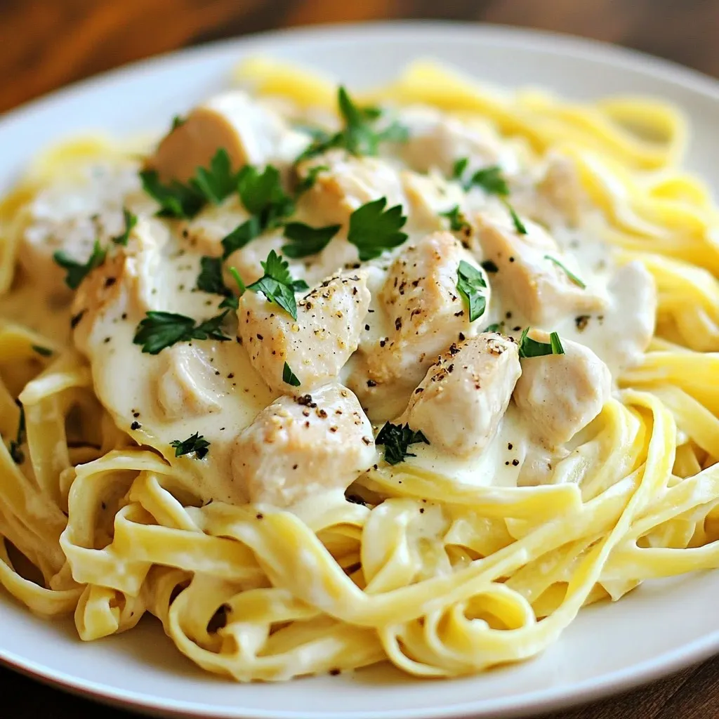 - 1 pound boneless, skinless chicken breasts - 12 ounces fettuccine pasta - 1 cup heavy cream - 1 teaspoon Italian seasoning - Fresh parsley, chopped - Salt and pepper to taste - 2 tablespoons olive oil - 3 cloves garlic, minced - 4 cups chicken broth When making Instant Pot Chicken Alfredo, simple ingredients shine. You start with chicken breasts. Cut them into bite-sized pieces. This helps them cook evenly and quickly. Next, you need fettuccine pasta. It pairs well with the creamy sauce. Heavy cream brings richness to the dish. For flavor, Italian seasoning adds a perfect touch. Fresh parsley makes a bright garnish. Use salt and pepper to taste. You also need olive oil to sauté the chicken. Garlic adds a wonderful aroma and taste. Finally, chicken broth acts as the cooking liquid. It keeps everything moist and tasty. These ingredients come together to create a quick and creamy meal. Every bite is comforting and delicious. {{ingredient_image_1}} Set your Instant Pot to 'Sauté' mode. Add 2 tablespoons of olive oil and let it heat. Once hot, add 1 pound of boneless, skinless chicken breasts cut into bite-sized pieces. Season the chicken with salt and pepper. Sauté until the chicken is golden brown, about 5 minutes. Add 3 cloves of minced garlic and cook for another 1-2 minutes until fragrant. This step builds flavor and starts the magic. Pour in 4 cups of chicken broth to deglaze the pot. Scrape any bits stuck to the bottom with a wooden spoon. This adds depth to your dish. Break 12 ounces of fettuccine in half and submerge it in the broth. Make sure the pasta is evenly distributed and not stuck together. Close the lid, set the valve to sealing, and cook on 'Manual' or 'Pressure Cook' for 6 minutes. Once the cooking time is up, allow a natural pressure release for 5 minutes. Then, carefully perform a quick release to let out any remaining steam. Open the lid and stir in 1 cup of heavy cream, 1 cup of grated Parmesan, and 1 teaspoon of Italian seasoning. Mix until combined and creamy. If the sauce is too thick, add a splash of chicken broth. Taste and adjust seasoning if needed. Serve hot, garnished with fresh chopped parsley for a touch of color and flavor. To get perfect fettuccine, spread it out in the broth. Break the pasta in half and make sure it is fully submerged. Stir gently to avoid clumping. This helps ensure even cooking and a creamy texture. If the pasta sticks together, it won’t cook evenly. You can use half-and-half in place of heavy cream. This cuts down on calories but keeps the dish creamy. For a healthier pasta, try whole wheat or gluten-free fettuccine. These options can add extra fiber and nutrients while still being tasty. Store any leftovers in an airtight container. The dish stays fresh in the fridge for up to three days. When reheating, add a splash of chicken broth. This helps bring back the creamy texture and keeps it from drying out. Heat gently on the stove or microwave for the best results. Pro Tips Use Fresh Ingredients: Fresh garlic and high-quality Parmesan can elevate the flavor of your Alfredo sauce, making it richer and more aromatic. Perfect Pasta Texture: Make sure to break the fettuccine in half before cooking so it cooks evenly and doesn't clump together. Adjust Sauce Consistency: If the sauce becomes too thick after adding cheese, simply stir in a splash of chicken broth or cream to achieve your desired creamy texture. Garnish for Flair: Adding freshly chopped parsley not only adds color but also a fresh flavor that complements the richness of the Alfredo sauce. {{image_2}} You can switch things up with different proteins in your Instant Pot Chicken Alfredo. - Using shrimp or sausage: Shrimp cooks quickly and adds a light taste. Just toss in peeled shrimp at the end of cooking. For sausage, slice it into bite-sized pieces and sauté it with the chicken. This adds a nice, hearty flavor. - Vegetarian options with mushrooms: If you prefer a veggie dish, use mushrooms. Sauté them until they are soft, then follow the same steps as with chicken. This creates a rich, earthy flavor that complements the creamy sauce. Next, let's talk about the sauce. You can make it unique with simple tweaks. - Making a garlic Alfredo version: Increase the garlic from three to five cloves for a bolder flavor. Add the extra garlic when you sauté the chicken for a delicious kick. - Adding sun-dried tomatoes or spinach: For a pop of color and flavor, mix in sun-dried tomatoes or fresh spinach. Add these ingredients right before you stir in the cream. This not only enhances taste but also boosts nutrition. Spicing up your dish can make a world of difference. - Spice it up with red pepper flakes: If you like heat, add a pinch of red pepper flakes. This will give your Alfredo a warm kick that balances the creaminess. - Experimenting with different herbs: Instead of Italian seasoning, try fresh basil or oregano. Fresh herbs can brighten the dish and add fresh flavors. Just chop and sprinkle them in at the end for the best taste. Each serving of Instant Pot Chicken Alfredo has about 600 calories. This dish is rich in macronutrients, making it a balanced choice for a meal. Here’s how the macronutrients break down: - Fat: 30 grams - Protein: 40 grams - Carbohydrates: 50 grams This balance gives you energy and sustains you throughout the day. Chicken and pasta offer many health benefits. Chicken is a great source of lean protein. It helps build and repair muscles. Pasta provides energy through carbohydrates, which fuels your body. Using fresh ingredients adds even more value. Fresh garlic boosts your immune system. Fresh parsley adds vitamins and enhances flavor. These ingredients make your meal not just tasty but also healthy. A recommended serving size for this dish is about 1.5 cups. This helps manage calorie intake while still enjoying the meal. To control calories, consider these tips: - Serve with a side salad to fill you up. - Use smaller plates to help with portion sizes. - Save leftovers for lunch the next day. These steps keep your meal satisfying while maintaining balance. Cooking Instant Pot Chicken Alfredo takes about 30 minutes. Here’s the breakdown: - Prep time: 10 minutes - Cooking time: 6 minutes - Natural pressure release: 5 minutes This quick method gives you a creamy meal in no time. Yes, you can use frozen chicken. Just add a few minutes to the cooking time. If you have 1 pound of frozen chicken, cook it for about 10-12 minutes. Make sure to check the chicken's internal temperature. It should reach 165°F for safety. If you want cheese alternatives, try these options: - Pecorino Romano for a sharper taste - Grated mozzarella for a milder flavor - Nutritional yeast for a dairy-free option These will still give you a creamy and tasty sauce. You can double the recipe! Just keep these tips in mind: - Use the same cooking time, but make sure you do not overfill the pot. - Check that your Instant Pot can hold the extra ingredients. - Keep an eye on the chicken's internal temperature. It should still reach 165°F. This way, you can enjoy more delicious Chicken Alfredo! This blog post covered a delicious Instant Pot chicken fettuccine recipe. We talked about the main ingredients, like chicken and cream, and how to cook them step by step. You learned tips for perfect pasta and the best ways to adjust flavors. We also discussed variations and health benefits to help you customize your meal. Cooking can be fun and easy. Enjoy this dish with friends or family. Experiment with it, and make it your own!