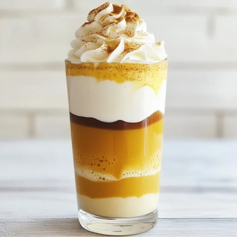 To make the Pumpkin Cream Cold Brew, you need a few key ingredients. Each one adds flavor and fun. Here’s what you will need: - 2 cups cold brew coffee - 1/2 cup heavy cream - 1/4 cup pumpkin puree - 2 tablespoons maple syrup - 1 teaspoon pumpkin spice - 1/2 teaspoon vanilla extract - Ice cubes - Whipped cream and extra pumpkin spice for topping (optional) These ingredients come together to create a delicious drink. The cold brew coffee gives it a smooth base. Heavy cream adds richness, while pumpkin puree offers that fall flavor we all love. Maple syrup sweetens it just right. Pumpkin spice brings warmth, and vanilla extract enhances all the flavors. You can also play with optional toppings. Whipped cream and a sprinkle of pumpkin spice make it look fancy. Feel free to adjust the ingredients to fit your taste. Enjoy the process of making your own Pumpkin Cream Cold Brew! {{ingredient_image_1}} To start, gather your mixing bowl and whisk. Add these ingredients: - 1/2 cup heavy cream - 1/4 cup pumpkin puree - 2 tablespoons maple syrup - 1 teaspoon pumpkin spice - 1/2 teaspoon vanilla extract Whisk them together until smooth. The mixture should be creamy and well blended. This pumpkin cream gives your drink a rich flavor that you will love. Next, grab your favorite glass. Fill it halfway with ice cubes. Then pour in your cold brew coffee, filling the glass about 3/4 full. Now comes the fun part! Slowly pour the pumpkin cream mixture over the coffee. Watch it float on top for a pretty layered look. You can stir it gently if you want to mix the flavors. But it also looks great if you leave it layered. For a special touch, top your drink with whipped cream and a sprinkle of pumpkin spice. It adds extra flavor and makes it look nice too. Serve it with a straw or a spoon so you can enjoy all the layers. This drink is not just tasty; it’s also a treat for the eyes! To make your pumpkin cream cold brew super creamy, start with heavy cream. Heavy cream gives the drink a rich texture. Whisk the cream with pumpkin puree, maple syrup, pumpkin spice, and vanilla extract. Make sure to whisk until it is smooth. If you want more creaminess, try adding a bit more heavy cream. This will enhance the flavor and mouthfeel. Sweetness is key in this drink. If you prefer it sweeter, add more maple syrup. Start with two tablespoons and taste as you go. If it is too sweet, you can cut back on the syrup or add more coffee. This balance helps you find your perfect flavor. Remember, you can always add more sweetness, but you can't take it away. A beautiful drink makes a big difference. When you pour the pumpkin cream over the cold brew, do it slowly. This will create a nice layered look. You can also top your drink with whipped cream and a sprinkle of pumpkin spice. This adds color and makes the drink more inviting. Using clear glasses helps show off the layers. It’s all about that first impression! Pro Tips Use Fresh Pumpkin Puree: For the best flavor, try to use homemade pumpkin puree instead of canned. It enhances the overall taste and freshness of your drink. Chill Your Ingredients: Ensure that your cold brew coffee and heavy cream are well chilled before mixing. This helps to maintain the refreshing quality of your cold brew delight. Layering Technique: When pouring the pumpkin cream mixture over the coffee, do it slowly to create beautiful layers. This not only looks appealing but also allows you to enjoy the different flavors with each sip. Experiment with Sweetness: Adjust the amount of maple syrup based on your sweetness preference. You can also try flavored syrups like vanilla or caramel for a unique twist! {{image_2}} You can make a vegan version of this drink. Use coconut cream instead of heavy cream. Choose a plant-based milk like oat or almond milk for the cold brew. This keeps the flavors rich without dairy. The pumpkin puree and spices still shine through. You’ll still enjoy that creamy texture, too! If you want a different twist, try the iced pumpkin spice latte. Start with strong brewed coffee instead of cold brew. Mix the pumpkin cream as before. Pour the hot coffee over ice and add the pumpkin cream. This gives you a warm spice with a cold kick. It’s perfect for chilly mornings! You can easily swap sweeteners if you prefer. Maple syrup adds a nice flavor, but agave works great too. For a low-cal option, use stevia or monk fruit. Adjust the amount to your taste. This way, you can enjoy your drink just how you like it! After making your pumpkin cream, store any leftover mix in an airtight container. Keep it in the fridge. It will stay fresh for about three days. Make sure to give it a good whisk before using it again. This will help restore its creamy texture. Store your cold brew coffee in the fridge too. Use a sealed jar or pitcher to keep it fresh. It can last up to a week. If you notice strong flavors fading, it may be time to make a new batch. Don't forget to pour it over ice for a refreshing drink! Here’s a quick look at how long your ingredients last: - Heavy cream: 1 week after opening, store in the fridge. - Pumpkin puree: 5-7 days in the fridge, or freeze for later use. - Maple syrup: Up to a year in the pantry, keep it in the fridge after opening. - Pumpkin spice: Lasts about 2-3 years if kept in a cool, dark place. - Vanilla extract: Can last many years, but for best flavor, use within 5 years. Storing these ingredients correctly helps keep your drinks fresh and tasty! Yes, you can use store-bought cold brew. It's a great time-saver. Just choose a brand you like. Look for cold brew that has rich flavor. This makes your drink taste better. If you find one that is smooth, you are golden. To make it less sweet, reduce the maple syrup. You can start with one tablespoon. Taste it, and add more if you like. Some people enjoy a hint of sweetness. You can also use unsweetened pumpkin puree. This helps keep the flavor strong without added sugar. Yes, you can make it dairy-free! Use coconut cream or almond milk instead of heavy cream. Both will give you a nice texture. You can also swap the whipped cream for coconut whipped cream. It adds a fun twist and keeps it creamy. This blog post laid out the steps to make a delicious pumpkin cream cold brew. We covered the key ingredients, from cold brew coffee to pumpkin spice. I shared tips for the perfect blend and how to store your leftovers. Plus, I offered tasty variations like a vegan option and an iced latte twist. Enjoying this drink can be easy and fun. With simple ingredients and steps, you can create your own fall treat. Experiment and make it your own!