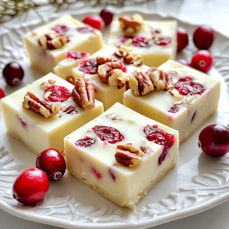 - 2 cups white chocolate chips - 1 can (14 oz) sweetened condensed milk - 1/4 cup unsalted butter - 1/2 cup dried cranberries, roughly chopped - 1/2 cup pecans, chopped (optional) - 1 teaspoon vanilla extract - Pinch of salt White chocolate chips are key in this recipe. They provide a creamy base. Sweetened condensed milk adds sweetness and helps bind the fudge together. Unsalted butter makes the fudge rich and smooth. Dried cranberries bring a fruity taste that balances the sweetness. Pecan nuts add a nice crunch, but they are optional. Vanilla extract gives the fudge a warm, inviting flavor. Finally, a pinch of salt enhances all the tastes. - Mini marshmallows - Coconut flakes - Chopped almonds - Orange zest Feel free to get creative! Mini marshmallows can add extra fluffiness. Coconut flakes bring a tropical twist. Chopped almonds give a different nut flavor. A hint of orange zest adds a refreshing citrus note. - Medium saucepan - Spatula - 8x8 inch baking dish - Parchment paper - Knife for cutting Using the right tools makes the process easier. A medium saucepan helps you melt the chocolate without burning it. A spatula is great for mixing and pouring. The 8x8 inch baking dish is perfect for shaping the fudge. Parchment paper allows for easy removal later. A knife is needed for cutting the fudge into squares. {{ingredient_image_1}} Start by lining an 8x8 inch baking dish. Use parchment paper and leave some overhang. This helps with easy removal later. Gather all your ingredients before you start. This makes the process smooth and fun. In a medium saucepan, set the heat to low. Add 2 cups of white chocolate chips, 1 can of sweetened condensed milk, and 1/4 cup of unsalted butter. Stir the mixture constantly until it is smooth and melted. Watch closely to avoid burning the chocolate. Once melted, take the pan off the heat. Stir in 1 teaspoon of vanilla extract and a pinch of salt. Next, gently fold in 1/2 cup of chopped dried cranberries and 1/2 cup of chopped pecans if you choose to use them. Mix well until everything is even. Pour the fudge mix into the lined baking dish. Use a spatula to smooth the top. Refrigerate the dish for at least 2-3 hours. This makes the fudge firm and set. After it cools, lift the fudge out using the parchment overhang. Cut it into squares. For a nice touch, serve the fudge on a pretty platter. You can add whole cranberries and pecans on top for decoration. To avoid burning chocolate, always use low heat. Stir the mixture constantly. This keeps the chocolate from sticking to the pan. If you see the chocolate starting to clump, take it off the heat. You can let it cool for a moment, then stir again. To get smooth and creamy fudge, combine all ingredients well. Mix the sweetened condensed milk and butter with the chocolate. You want a glossy look. When you fold in the cranberries, be gentle. This keeps the fudge soft. Let it chill in the fridge until firm, but don’t leave it too long. For a lovely display, cut the fudge into neat squares. Use a decorative platter to serve. Add whole cranberries and pecans on top for color. You can also wrap pieces in wax paper for gifts. This makes your fudge even more special for the holidays. Pro Tips Use Quality Chocolate: The flavor of your fudge will largely depend on the quality of the white chocolate chips you choose. Opt for high-quality brands for the best results. Chill Thoroughly: Make sure to refrigerate the fudge for the full 2-3 hours to ensure it sets properly. If it’s too soft, it may not hold its shape when cut. Customize Your Mix-ins: Feel free to experiment with different mix-ins such as dried fruits, nuts, or even a sprinkle of sea salt on top for a gourmet touch. Storage Tips: Store the fudge in an airtight container in the fridge. It can last up to two weeks, making it a great make-ahead treat for gatherings. {{image_2}} You can change the taste of your fudge by adding new flavors. Try a splash of almond extract instead of vanilla for a nutty twist. You can mix in orange zest for a bright, citrus taste. Another idea is to add a sprinkle of sea salt on top for a sweet and salty combo. Each of these options can make your fudge unique. You can make the fudge vegan by swapping the white chocolate chips for dairy-free chocolate chips. Use coconut milk or a nut milk instead of sweetened condensed milk. For gluten-free fudge, just make sure all your ingredients are gluten-free. This way, everyone can enjoy your tasty treat. If you don’t have white chocolate chips, you can use butterscotch or dark chocolate chips. Instead of pecans, feel free to use walnuts, almonds, or even sunflower seeds. If you can’t find dried cranberries, use raisins or dried cherries instead. These swaps keep your fudge fun and delicious. To keep your white chocolate cranberry fudge fresh, store it in an airtight container. Place parchment paper between layers to avoid sticking. This fudge stays good at room temperature for up to five days. If you want it to last longer, put it in the fridge. It will stay fresh for up to two weeks in the fridge. You can freeze white chocolate cranberry fudge for up to three months. First, cut the fudge into squares. Wrap each piece in plastic wrap, then put them in a freezer-safe bag. Make sure to remove as much air as possible. When you want to enjoy some fudge, just take out what you need and let it thaw in the fridge. If you want to warm up your fudge, place it in the microwave for 10-15 seconds. This makes it soft and gooey, perfect for topping on ice cream. You can also chop it into smaller bits and mix it into brownies or cookies for an extra treat. Enjoy your fudge in creative ways! You can use butterscotch chips or almond bark. Both options bring a sweet flavor. If you want a richer taste, try dark chocolate chips. Remember, dark chocolate is less sweet. Adjust your sugar if needed. Fresh cranberries are too tart for fudge. They won’t mix well with the sweet chocolate. Dried cranberries are better because they add sweetness and chewiness. If you really want to use fresh ones, add more sugar to balance the tartness. The fudge lasts about 3 to 4 days at room temperature. Keep it in a cool, dry place. To extend its life, store it in the fridge. It can last up to two weeks when chilled. Always check for changes in texture or smell before eating. We discussed the key ingredients for white chocolate cranberry fudge and how to add extra flavors. You learned the step-by-step process to prepare, cook, cool, and cut the fudge with ease. I shared tips to keep your fudge from burning and how to perfect its texture. You also discovered variations for different diets and storage tips to keep it fresh. White chocolate cranberry fudge is a simple treat. With practice, you can impress everyone with your skills. Enjoy making it and have fun sharing your fudge!
