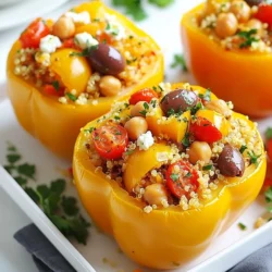 To make this dish, gather these fresh and tasty ingredients: - 4 large bell peppers (any color) - 1 cup quinoa, rinsed - 2 cups vegetable broth - 1 can (15 oz) chickpeas, drained and rinsed - 1 cup cherry tomatoes, halved - ½ cup cucumber, diced - ½ cup feta cheese, crumbled - ¼ cup Kalamata olives, pitted and sliced - 2 tablespoons olive oil - 1 teaspoon dried oregano - 1 teaspoon garlic powder - Salt and pepper to taste - Fresh parsley or basil for garnish Each ingredient in this dish brings its own health benefits. Quinoa is a great source of protein and fiber. It helps keep you full. Chickpeas add more protein and fiber, making this dish hearty. Feta cheese offers calcium for strong bones. The bell peppers are packed with vitamins A and C, which boost your immune system. Olive oil contains healthy fats that support heart health. You can swap ingredients easily. If you want a different grain, use rice or farro instead of quinoa. For a vegan option, skip the feta cheese or use a plant-based cheese. If olives are not your thing, diced bell peppers or pickles work well as a substitute. You can also try different herbs, like thyme or rosemary, to add unique flavors. {{ingredient_image_1}} Start by preheating your oven to 375°F (190°C). Next, take the bell peppers and cut off the tops. Remove the seeds and membranes inside. Place the peppers in a baking dish with the cut side facing up. This helps them hold the stuffing better. In a medium saucepan, bring 2 cups of vegetable broth to a boil. Once boiling, add 1 cup of rinsed quinoa. Reduce the heat to low, cover the pot, and let it simmer for about 15 minutes. Check that the liquid is absorbed and the quinoa is fluffy. Remove the pot from heat and let it cool a bit. In a large mixing bowl, combine the cooked quinoa, drained chickpeas, halved cherry tomatoes, diced cucumber, crumbled feta cheese, and sliced Kalamata olives. Drizzle in 2 tablespoons of olive oil, then sprinkle 1 teaspoon of dried oregano and 1 teaspoon of garlic powder. Add salt and pepper to taste. Mix everything well until all the ingredients are evenly mixed. Now it’s time to fill the peppers! Stuff each bell pepper generously with the quinoa mixture. Cover the baking dish with aluminum foil and place it in the preheated oven. Bake for 25 minutes. After that, remove the foil and bake for an additional 10-15 minutes. This will make the peppers tender and give them a nice char on top. Once done, let them cool for a few minutes before serving. You can garnish with fresh parsley or basil for extra flavor. Enjoy! To make sure your bell peppers are tender, choose ripe peppers. Look for ones that are firm, yet slightly soft. Slice the tops off and remove seeds. This helps cook evenly. Bake them covered for part of the time. This keeps moisture in. After 25 minutes, uncover and bake more. This gives a nice, charred top. Cooking quinoa well is key. Always rinse it first. This removes bitterness. Use two cups of vegetable broth for one cup of quinoa. This adds flavor. Bring the broth to a boil before adding quinoa. Lower the heat, cover, and let it simmer. Cook for about 15 minutes. Once done, let it sit off the heat for a few minutes. This makes it fluffy. Herbs and spices boost flavor. Use dried oregano and garlic powder as a base. They add warmth and depth. Fresh herbs like parsley or basil make it pop. Add them right before serving. You can also try adding red pepper flakes for heat. Adjust salt and pepper to taste for balance. These small changes make your dish shine. Pro Tips Choose Colorful Peppers: Using a mix of red, yellow, and green bell peppers not only adds visual appeal but also enhances the flavor profile of the dish. Cook Quinoa in Broth: Cooking quinoa in vegetable broth instead of water infuses it with extra flavor, making the stuffing more delicious. Let it Rest: Allow the stuffed peppers to rest for a few minutes after baking. This helps the flavors meld together and makes them easier to serve. Experiment with Toppings: Feel free to customize the toppings! Try adding pine nuts, avocado, or a drizzle of balsamic glaze for an extra flavor boost. {{image_2}} You can easily make this dish vegan. Skip the feta cheese and use a plant-based cheese instead. Nutritional yeast is another great option. It adds a cheesy flavor without dairy. You can also add more veggies like spinach or zucchini. This makes the stuffing even heartier. This recipe is already gluten-free since quinoa is a gluten-free grain. Ensure your vegetable broth is also gluten-free. You can swap chickpeas with black beans or lentils if you prefer. This keeps the protein high and the meal satisfying. You can get creative with the stuffings. Try adding corn for a sweet crunch. Diced carrots or bell peppers add extra flavor and texture. If you like spice, include jalapeños or red pepper flakes. Fresh herbs like dill or cilantro can also enhance the taste. To keep your stuffed peppers fresh, let them cool first. Once cool, place them in an airtight container. This helps keep moisture in and air out. Make sure to store them in the fridge. They will taste great for days! When ready to eat, reheat your peppers gently. You can use an oven or microwave. If using an oven, preheat it to 350°F (175°C). Place the peppers on a baking dish, cover with foil, and heat for about 15 minutes. This keeps them moist and flavorful. If using a microwave, heat for about 2-3 minutes. Check if they are warm all the way through. In the fridge, your stuffed peppers can last up to 4 days. For longer storage, freeze them. They can stay fresh in the freezer for up to 3 months. Just wrap each pepper well in plastic wrap and place in a freezer-safe bag. Remember to write the date on the bag. This way, you know when to use them! Yes, you can make these stuffed peppers ahead of time. Prepare them and store them in the fridge for up to two days. Just cover the baking dish with plastic wrap or foil. When you are ready to bake, remove the cover. Bake them at 375°F (190°C) until heated through. This method saves time on busy days. Stuffed peppers pair well with many sides. Here are some ideas: - A fresh green salad - Roasted vegetables - Couscous or rice - Garlic bread These sides can balance the dish and add variety to your meal. Yes, stuffed peppers are quite healthy! They are loaded with nutrients. The quinoa adds protein and fiber. Chickpeas provide more protein and healthy carbs. The bell peppers bring vitamins A and C. This dish is also low in fat, especially if you use less cheese. Absolutely! You can freeze stuffed peppers. After baking, let them cool completely. Wrap each pepper in plastic wrap and then foil. Use a freezer-safe container if you prefer. When ready to eat, thaw in the fridge overnight. Reheat them in the oven at 375°F (190°C) until hot. Enjoy a tasty meal anytime! This blog post covered how to make Mediterranean Quinoa Stuffed Peppers. We explored ingredients, cooking steps, and tips for best results. You can customize your dish with vegan and gluten-free options. Remember to store leftovers properly for freshness. This meal is not only tasty but also healthy. Enjoy this simple recipe and feel free to adapt it to your taste. Cooking doesn't have to be hard; it can be fun and rewarding. Keep trying new ideas in the kitchen!