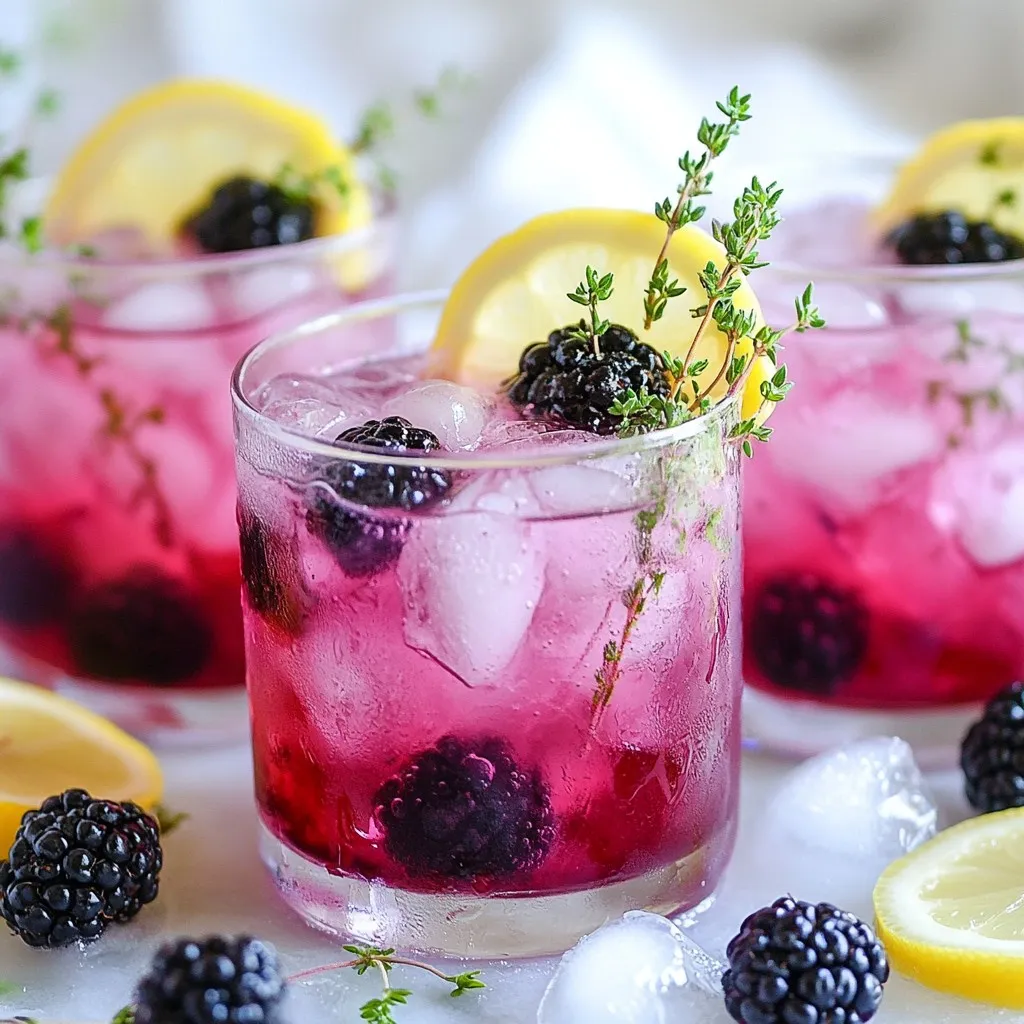 You need 1 cup of fresh blackberries. These berries add a sweet and tangy flavor. They also give a lovely color to your drink. Ripe blackberries work best. Look for ones that are dark and shiny. Use 1 tablespoon of fresh thyme leaves. Thyme brings a unique herbal taste. It pairs well with the berries. You can add extra leaves for garnish if you like. You will need 2 tablespoons of honey or agave syrup. Both sweeteners add a nice touch. Honey gives a rich flavor, while agave is lighter. Choose what you prefer. Add 2 tablespoons of fresh lemon juice. Lemon juice brightens the drink. It balances the sweetness of the blackberries. Use fresh juice for the best taste. You will need 2 cups of sparkling water. This adds fizz and lightness. It makes the drink refreshing. You can use flavored sparkling water if you want. Ice cubes are important to keep your drink cold. Fill your glasses with ice before adding the mixture. This keeps everything nice and chilly. Use lemon slices to garnish your drink. They add a pop of color and a hint of lemony scent. Place a slice on the rim of each glass for a nice touch. {{ingredient_image_1}} Start by taking a medium bowl or glass. Add 1 cup of fresh blackberries and 1 tablespoon of fresh thyme leaves. Use a muddler or the back of a spoon to crush the blackberries. Muddling breaks them down and releases their sweet juice. Make sure to mix in the thyme well. This step creates a rich base for your drink. Next, add 2 tablespoons of honey or agave syrup to the muddled mix. Then, pour in 2 tablespoons of fresh lemon juice. Stir well to combine everything. This mix of sweet and tart flavors gives the mocktail its unique taste. Taste it to see if you need more sweetness or lemon. Now, strain the mixture through a fine mesh sieve. Place the sieve over a pitcher. Pour the muddled mix into it, using a spoon to press down gently. This helps extract all the juice while leaving solids behind. You want a smooth liquid for your mocktail. Take your serving glasses and fill them with ice cubes. Pour the strained blackberry-thyme mixture into each glass, filling them halfway. This cools the drink and adds a refreshing touch. Finally, top off each glass with 2 cups of sparkling water. Stir gently to mix everything together. For a pretty finish, garnish each drink with extra thyme leaves and a lemon slice on the rim. This adds color and a lovely scent. Enjoy your Blackberry Thyme Sparkler Mocktail! Choose deep purple-blackberries. They should feel firm but not hard. Ripe blackberries taste sweet and juicy. Avoid berries that are red or mushy. Fresh, ripe blackberries make this drink shine. Taste your mixture before serving. If it’s too tart, add more honey or agave. Adjust sweetness based on your taste. You can also try maple syrup for a different flavor. Remember, a little goes a long way! Experiment with herbs like mint or basil. These can add a fun twist to your drink. Just muddle a few leaves with the blackberries. This small change can create a new flavor profile. Use chilled sparkling water for the best fizz. Pour it slowly to keep the bubbles. If you want extra sparkle, try flavored sparkling water. This adds another layer of taste and fun to your mocktail! Pro Tips Muddle Gently: Be careful not to over-muddle the blackberries, as this can release too many seeds and create an undesirable texture in your drink. Sweetness Adjustment: Adjust the amount of honey or agave syrup based on your taste preference and the natural sweetness of the blackberries. Chill Ingredients: For a refreshing drink, chill the sparkling water and glasses beforehand to keep your mocktail cool without diluting it with too much ice. Herb Infusion: Experiment with other herbs like mint or basil for a unique twist on the flavor profile of your mocktail. {{image_2}} You can swap blackberries for other berries in this mocktail. Try raspberries, strawberries, or blueberries. Each berry adds a unique taste. Raspberries give a tart flavor. Strawberries add sweetness. Blueberries offer a mild taste. Just muddle them the same way as blackberries. The thyme pairs well with all these berries. For a refreshing twist, use citrus fruits. Squeeze fresh orange or lime juice instead of lemon. You can mix in some zest for extra flavor. The bright notes from citrus blend well with thyme. This version will taste bright and zesty. It’s perfect for hot days or brunches. If you want a lighter drink, try sparkling thyme water. Simply add fresh thyme to sparkling water. Let it steep for a few minutes. This drink is light and fragrant. You can add a slice of lemon or lime for a hint of citrus. It's a great option for hydration or a simple refreshment. You can prepare the blackberry-thyme mixture ahead of time. Just muddle the blackberries and thyme, then mix in honey and lemon. Strain this mixture, and keep it in the fridge. This way, you can make your drinks quickly. Just add ice and sparkling water when you are ready to serve. If you have leftover mocktail, store it in an airtight container. Keep it in the fridge for up to two days. However, the sparkling water will lose its fizz over time. You can add more sparkling water before serving. This helps keep the drink refreshing and bubbly. Use fresh blackberries and thyme for the best taste. Store blackberries in the fridge, but don’t wash them until you’re ready to use them. This keeps them fresh longer. For thyme, wrap it in a damp paper towel and place it in a bag. This method helps keep it crisp. Always look for ripe blackberries for a sweet flavor. You can use maple syrup or simple syrup. Both options add sweetness. For a lower-calorie choice, try stevia or monk fruit sweetener. Keep in mind that flavor may change slightly. Maple syrup gives a rich taste, while simple syrup is neutral. Adjust to your taste. Yes, you can use dried thyme. Use about one-third of the amount. Dried herbs are stronger, so start with less. This helps avoid overpowering the drink. However, fresh thyme gives the best flavor and aroma. To make a larger batch, just multiply the ingredients. For example, use 4 cups of blackberries for eight servings. Mix everything in a big pitcher. Strain the mixture as usual. Add sparkling water just before serving. This keeps it fizzy. Absolutely! You can add gin or vodka for a fun twist. Use about 1.5 ounces of alcohol per glass. Mix it with the blackberry-thyme mixture before adding the sparkling water. Adjust the sweetness if needed. Enjoy responsibly! In addition to thyme and lemon, try fresh mint or basil. Berries like raspberries or blueberries also work well. Citrus peels can add a colorful touch. Choose garnishes that match your taste and style. Have fun and get creative! This blog post shared a fun and easy recipe for a refreshing thyme and blackberry mocktail. We discussed the key ingredients, from fresh blackberries to lemon slices, and detailed each step for making it. I also provided tips on selecting ripe fruits and ways to switch up the flavor. Remember, you can adjust the sweetness and experiment with different berries. Don’t forget to store leftovers properly! Now, go ahead and enjoy making this drink, whether alone or with friends. Cheers!