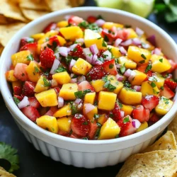 - 1 cup strawberries, hulled and diced - 1 cup ripe mango, diced - 1/2 red onion, finely chopped - 1 jalapeño, seeded and minced (optional for heat) - 1/4 cup fresh cilantro, chopped - Juice of 1 lime - 1 tablespoon honey or agave syrup (adjust to taste) - Salt to taste This Strawberry Mango Fruit Salsa shines with fresh, bright flavors. Each ingredient plays a role in making it delicious. The strawberries offer sweet juiciness, while the mango adds a tropical touch. Red onion adds a mild crunch. If you like spice, the jalapeño brings heat, but you can skip it if you prefer mild salsa. Fresh cilantro adds a burst of herb taste. Lime juice gives a tangy kick that balances the sweetness. Honey or agave syrup adds a hint of sweetness but can be adjusted based on your taste. A pinch of salt enhances all these flavors. I recommend using ripe fruits for the best taste. Choose strawberries that are bright red and plump. Mangoes should feel slightly soft when you gently squeeze them. Fresh herbs will make your salsa vibrant, so look for bright green cilantro. Each bite will be a colorful and tasty treat! {{ingredient_image_1}} 1. First, grab a medium bowl. Combine one cup of diced strawberries and one cup of ripe mango. This mix gives you a sweet base. 2. Next, finely chop half a red onion. Add it to the bowl for a tasty crunch. If you want some heat, seed and mince a jalapeño. Toss that in too. 3. Now, let's add some freshness. Chop a quarter cup of cilantro and stir it into the mix. This herb brings a bright flavor. 4. Squeeze the juice of one lime over the fruit and veggies. This adds a zesty kick and balances the sweetness. 5. Drizzle one tablespoon of honey or agave syrup over the salsa. Adjust this to suit your taste. Sprinkle in a pinch of salt for flavor. 6. Gently toss everything together. You want all the ingredients to mix well. Let the salsa sit for at least 15 minutes. This helps all the flavors blend beautifully. For a great presentation, serve the salsa in a colorful bowl. Place a scoop of tortilla chips on the side. Garnish with extra cilantro leaves and a sprinkle of lime zest. This adds a vibrant look and makes it more inviting. When you pick strawberries, look for ones that are bright and firm. They should have a sweet smell and vibrant color. For mangoes, choose ones that are slightly soft when you press them. They should also have a rich golden hue. Both fruits should be ripe for the best flavor in your salsa. If you want more heat, add more jalapeño. You can also try adding a dash of hot sauce. For sweetness, use more honey or agave syrup. Taste as you mix to find the right balance. Adjusting these flavors helps make the salsa your own. Fresh herbs make a big difference. Use cilantro for a bright flavor. You can also try fresh mint or basil. A squeeze of lime juice adds zing. This brings all the flavors together and keeps it fresh. Pro Tips Choose Ripe Fruits: Select strawberries and mangoes that are fully ripe for the best flavor. The sweetness and juiciness of your salsa will greatly depend on the quality of the fruit. Adjust Spice Level: If you prefer a milder salsa, feel free to omit the jalapeño or substitute it with a small amount of bell pepper. For more heat, leave the seeds in or add extra jalapeño. Let It Marinate: Allow the salsa to sit for at least 15 minutes before serving. This resting period helps the flavors meld together, enhancing the overall taste. Experiment with Add-Ins: Feel free to add other ingredients like chopped bell peppers, diced avocado, or even a splash of orange juice for a unique twist on this classic salsa. {{image_2}} You can change up the fruits in your salsa. Try using pineapple for a tropical twist. Peaches add sweetness and a nice texture. You can even use kiwi for a tangy bite. Mixing fruits gives your salsa a fun twist and new flavors. Want more heat? Add more jalapeño! You can also try a dash of hot sauce. If you like it really spicy, add diced serrano peppers. Just remember, start small. You can always add more heat, but you can't take it away. If you want less sugar, use fresh orange juice instead of honey or agave. You can also try using stevia or monk fruit sweetener. These options keep the salsa tasty without adding too much sugar. Adjust to your taste for the best results. To keep your salsa fresh, store it in an airtight container. Glass containers work best. Make sure to push out any air before sealing. This helps maintain flavor and texture. Place the container in the fridge right after serving. The salsa stays fresh in the fridge for about 3 to 5 days. After that, the fruits may lose their crispness. If you notice any off smell or color changes, it’s best to toss it out. Always use your senses to check if it’s still good. You can freeze fruit salsa, but the texture may change. To freeze, place it in a freezer-safe bag. Remove as much air as you can. Label the bag with the date. Salsa can last up to 3 months in the freezer. Thaw it in the fridge when you’re ready to use it. You can serve this salsa with many tasty snacks and meals. Here are some great ideas: - Tortilla chips for dipping - Grilled chicken or fish for a fresh topping - Tacos or burritos to add a fruity kick - On top of salads for extra flavor - With cream cheese on crackers for a fun appetizer Each option brings out the bright flavors of the salsa. Yes, you can make this salsa ahead of time! Here are some tips: - Prepare the salsa up to a day in advance. - Store it in an airtight container in the fridge. - Wait to add the lime juice and honey until just before serving. This keeps the fruit fresh. - Let it sit for at least 15 minutes before eating. This helps all the flavors mix well. Fruit salsa is best when fresh, but it can last a few days. Here are guidelines for freshness: - Store it in the fridge and use within 3 days. - Check for any signs of spoilage, like off smells or a change in color. - If it looks good and smells fresh, it is likely safe to eat. - Always give it a little stir before serving, as the juices may settle. You learned how to make a delicious Strawberry Mango Fruit Salsa. We covered ingredients, preparation steps, and tips for freshness. Variations let you switch fruits or adjust spice levels. Remember, this salsa shines with ripe fruit and fresh herbs. You can store leftovers safely for a few days or even freeze them. This salsa complements many dishes and adds a fresh touch to any meal. Enjoy experimenting with flavors that excite your taste buds!