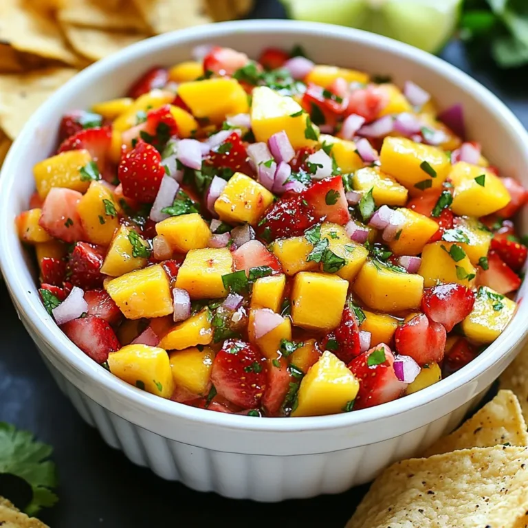 - 1 cup strawberries, hulled and diced - 1 cup ripe mango, diced - 1/2 red onion, finely chopped - 1 jalapeño, seeded and minced (optional for heat) - 1/4 cup fresh cilantro, chopped - Juice of 1 lime - 1 tablespoon honey or agave syrup (adjust to taste) - Salt to taste This Strawberry Mango Fruit Salsa shines with fresh, bright flavors. Each ingredient plays a role in making it delicious. The strawberries offer sweet juiciness, while the mango adds a tropical touch. Red onion adds a mild crunch. If you like spice, the jalapeño brings heat, but you can skip it if you prefer mild salsa. Fresh cilantro adds a burst of herb taste. Lime juice gives a tangy kick that balances the sweetness. Honey or agave syrup adds a hint of sweetness but can be adjusted based on your taste. A pinch of salt enhances all these flavors. I recommend using ripe fruits for the best taste. Choose strawberries that are bright red and plump. Mangoes should feel slightly soft when you gently squeeze them. Fresh herbs will make your salsa vibrant, so look for bright green cilantro. Each bite will be a colorful and tasty treat! {{ingredient_image_1}} 1. First, grab a medium bowl. Combine one cup of diced strawberries and one cup of ripe mango. This mix gives you a sweet base. 2. Next, finely chop half a red onion. Add it to the bowl for a tasty crunch. If you want some heat, seed and mince a jalapeño. Toss that in too. 3. Now, let's add some freshness. Chop a quarter cup of cilantro and stir it into the mix. This herb brings a bright flavor. 4. Squeeze the juice of one lime over the fruit and veggies. This adds a zesty kick and balances the sweetness. 5. Drizzle one tablespoon of honey or agave syrup over the salsa. Adjust this to suit your taste. Sprinkle in a pinch of salt for flavor. 6. Gently toss everything together. You want all the ingredients to mix well. Let the salsa sit for at least 15 minutes. This helps all the flavors blend beautifully. For a great presentation, serve the salsa in a colorful bowl. Place a scoop of tortilla chips on the side. Garnish with extra cilantro leaves and a sprinkle of lime zest. This adds a vibrant look and makes it more inviting. When you pick strawberries, look for ones that are bright and firm. They should have a sweet smell and vibrant color. For mangoes, choose ones that are slightly soft when you press them. They should also have a rich golden hue. Both fruits should be ripe for the best flavor in your salsa. If you want more heat, add more jalapeño. You can also try adding a dash of hot sauce. For sweetness, use more honey or agave syrup. Taste as you mix to find the right balance. Adjusting these flavors helps make the salsa your own. Fresh herbs make a big difference. Use cilantro for a bright flavor. You can also try fresh mint or basil. A squeeze of lime juice adds zing. This brings all the flavors together and keeps it fresh. Pro Tips Choose Ripe Fruits: Select strawberries and mangoes that are fully ripe for the best flavor. The sweetness and juiciness of your salsa will greatly depend on the quality of the fruit. Adjust Spice Level: If you prefer a milder salsa, feel free to omit the jalapeño or substitute it with a small amount of bell pepper. For more heat, leave the seeds in or add extra jalapeño. Let It Marinate: Allow the salsa to sit for at least 15 minutes before serving. This resting period helps the flavors meld together, enhancing the overall taste. Experiment with Add-Ins: Feel free to add other ingredients like chopped bell peppers, diced avocado, or even a splash of orange juice for a unique twist on this classic salsa. {{image_2}} You can change up the fruits in your salsa. Try using pineapple for a tropical twist. Peaches add sweetness and a nice texture. You can even use kiwi for a tangy bite. Mixing fruits gives your salsa a fun twist and new flavors. Want more heat? Add more jalapeño! You can also try a dash of hot sauce. If you like it really spicy, add diced serrano peppers. Just remember, start small. You can always add more heat, but you can't take it away. If you want less sugar, use fresh orange juice instead of honey or agave. You can also try using stevia or monk fruit sweetener. These options keep the salsa tasty without adding too much sugar. Adjust to your taste for the best results. To keep your salsa fresh, store it in an airtight container. Glass containers work best. Make sure to push out any air before sealing. This helps maintain flavor and texture. Place the container in the fridge right after serving. The salsa stays fresh in the fridge for about 3 to 5 days. After that, the fruits may lose their crispness. If you notice any off smell or color changes, it’s best to toss it out. Always use your senses to check if it’s still good. You can freeze fruit salsa, but the texture may change. To freeze, place it in a freezer-safe bag. Remove as much air as you can. Label the bag with the date. Salsa can last up to 3 months in the freezer. Thaw it in the fridge when you’re ready to use it. You can serve this salsa with many tasty snacks and meals. Here are some great ideas: - Tortilla chips for dipping - Grilled chicken or fish for a fresh topping - Tacos or burritos to add a fruity kick - On top of salads for extra flavor - With cream cheese on crackers for a fun appetizer Each option brings out the bright flavors of the salsa. Yes, you can make this salsa ahead of time! Here are some tips: - Prepare the salsa up to a day in advance. - Store it in an airtight container in the fridge. - Wait to add the lime juice and honey until just before serving. This keeps the fruit fresh. - Let it sit for at least 15 minutes before eating. This helps all the flavors mix well. Fruit salsa is best when fresh, but it can last a few days. Here are guidelines for freshness: - Store it in the fridge and use within 3 days. - Check for any signs of spoilage, like off smells or a change in color. - If it looks good and smells fresh, it is likely safe to eat. - Always give it a little stir before serving, as the juices may settle. You learned how to make a delicious Strawberry Mango Fruit Salsa. We covered ingredients, preparation steps, and tips for freshness. Variations let you switch fruits or adjust spice levels. Remember, this salsa shines with ripe fruit and fresh herbs. You can store leftovers safely for a few days or even freeze them. This salsa complements many dishes and adds a fresh touch to any meal. Enjoy experimenting with flavors that excite your taste buds!