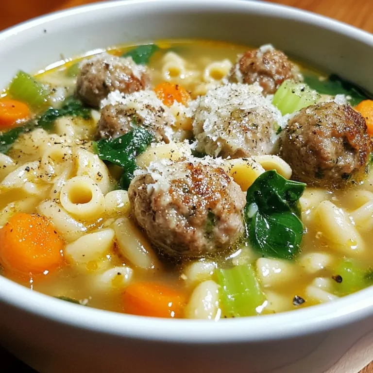 The heart of Italian Wedding Soup lies in its rich and flavorful ingredients. Here’s what you need: - 1 cup small pasta (like acini di pepe or orzo) - 1 tablespoon olive oil - 1 medium onion, finely chopped - 2 cloves garlic, minced - 4 cups chicken broth - 1 cup fresh spinach, chopped - 1 cup chopped carrots - 1 cup chopped celery - 1 teaspoon dried oregano - 1/2 teaspoon crushed red pepper flakes (optional) - Salt and pepper to taste - 1/2 cup grated Parmesan cheese (plus extra for serving) - 1 pound ground turkey or chicken (for meatballs) - 1/4 cup breadcrumbs - 1 egg - 1 teaspoon Italian seasoning These ingredients work together to create a warm and hearty dish. The small pasta adds texture, while the meatballs bring flavor. Fresh veggies like spinach, carrots, and celery add nutrition and crunch. You can adjust this soup to your taste. Here are some optional ingredients to consider: - Add more greens like kale or Swiss chard. - Substitute ground beef or pork for the turkey or chicken. - Use vegetable broth for a vegetarian version. - Include beans for added protein and fiber. Feel free to mix and match these options. Your soup can be as unique as you want! Italian Wedding Soup is not just tasty; it has health benefits too. Here’s a quick look at what you get per serving: - Calories: About 250 - Protein: 20g - Carbohydrates: 30g - Fat: 8g - Fiber: 3g This soup is a good source of protein from the meatballs and pasta. The veggies add fiber and vitamins, making it a balanced meal. Enjoy it knowing you’re nourishing your body while savoring every bite! {{ingredient_image_1}} To start, gather your ingredients for the meatballs. You need ground turkey or chicken, breadcrumbs, an egg, Italian seasoning, salt, and pepper. In a large bowl, combine these items. Mix gently until everything is just combined. Avoid overmixing; it keeps the meatballs tender. Now, shape the mixture into small meatballs, about one inch in size. This size helps them cook evenly. Next, heat a large pot over medium heat and add olive oil. Once the oil is hot, gently place the meatballs in the pot. Make sure to brown them on all sides. This should take about five to seven minutes. Browning adds flavor and keeps the meatballs juicy. Once browned, carefully remove them from the pot and set them aside. In the same pot, do not wash it! Add chopped onions, minced garlic, chopped carrots, and chopped celery. Sauté these for about five minutes. You want the veggies to soften but not brown. After that, pour in four cups of chicken broth and bring it to a gentle simmer. Stir in one cup of small pasta. Cook according to package instructions until it is al dente. Once the pasta is ready, return the browned meatballs to the pot. Add chopped spinach, dried oregano, and crushed red pepper flakes if you like heat. Cook everything together for three to four minutes. The spinach should wilt, and the meatballs will heat through. To get the best meatballs, use ground turkey or chicken. These meats keep the meatballs light. Mix the meat, breadcrumbs, egg, and seasonings gently. Over-mixing makes them tough. Form the meatballs into small balls, about one inch wide. This size helps them cook evenly. Start with good chicken broth for deep flavor. I like to add fresh herbs, like oregano. You can also toss in crushed red pepper flakes for a little heat. Sautéing the onion and garlic first brings out their natural sweetness. This step makes the broth taste rich and warm. Serve the soup in warm bowls to keep it cozy. I like to sprinkle extra Parmesan on top. A dash of black pepper adds flavor and looks nice. You can also add a slice of crusty bread on the side. This makes it a complete meal! Pro Tips Use Fresh Herbs: Incorporating fresh herbs like basil or parsley at the end of cooking can enhance the flavor of your soup and make it more aromatic. Customize Meatballs: Feel free to experiment with different ground meats or add finely chopped vegetables to the meatball mixture for added flavor and nutrition. Perfect Pasta: To prevent the pasta from becoming mushy, slightly undercook it in the soup, as it will continue to cook while sitting in the broth. Make Ahead: This soup tastes even better the next day, making it a great option for meal prep. Store the soup and meatballs separately to maintain texture. {{image_2}} You can make a tasty vegetarian version of Italian wedding soup. Start with vegetable broth instead of chicken broth. Use small pasta like acini di pepe or orzo. For protein, add chickpeas or lentils. Replace meatballs with veggie meatballs made from beans and grains. You can add more vegetables, like zucchini or bell peppers. These changes keep the soup hearty and satisfying. Different parts of Italy have unique takes on this soup. For example, in Naples, people may add escarole instead of spinach. In other regions, they might use different herbs like basil or parsley. Some may even stir in a splash of lemon juice for brightness. These small changes offer new flavors while keeping the heart of the dish. You don’t have to stick with turkey or chicken for meatballs. You can try beef or pork if you want a richer flavor. For a lighter option, use ground chicken breast. If you are looking for a twist, use seafood like shrimp. Each choice gives the soup a new taste, making it fun to explore different proteins. After enjoying your Italian wedding soup, let it cool first. Then, scoop the soup into airtight containers. This helps keep it fresh. Store the containers in the fridge. The soup stays good for about three to four days. If you want to save some for later, consider freezing it. When you're ready to enjoy the soup again, reheat it on the stove. Pour the soup into a pot over medium heat. Stir it often to avoid burning. You can also use a microwave. Just heat it in a bowl, covered, for about two to three minutes. Make sure to stir halfway through. Check the temperature before eating. It should be hot all the way through. To freeze the soup, let it cool completely. Then, pour it into freezer-safe bags or containers. Leave some space at the top, as soup expands when it freezes. Label the bags with the date. You can freeze it for up to three months. When you're ready, thaw it overnight in the fridge. Then, reheat it using the tips above. Enjoy your delicious soup whenever you want! Italian Wedding Soup comes from Italy. Its name is a fun mix-up. It does not mean it is for weddings. The soup blends flavors from different regions. It features greens, meat, and pasta. People often think it is a special dish, but it is a common meal. The soup warms you up and fills you up. It celebrates unity and family, which is why it fits well with weddings. Yes, you can use different meats. Ground beef, pork, or chicken all work well. If you want a lighter option, try turkey. You can even mix meats for extra flavor. For a vegetarian twist, use plant-based meat substitutes. Adjust the seasonings to match your meat choice. Each option brings a unique taste to the soup. Feel free to get creative with your choice. To make Italian Wedding Soup gluten-free, simply swap the pasta. Use gluten-free pasta like rice noodles or quinoa. Check the breadcrumbs for gluten as well. You can use crushed gluten-free crackers instead. This way, you can still enjoy the soup's heartiness. Always read labels to ensure all ingredients are gluten-free. This keeps everyone safe and happy at the table. Italian wedding soup is a tasty mix of meatballs, greens, and broth. You can customize it with optional ingredients for your taste and dietary needs. I shared tips for perfect meatballs, rich flavors, and fun serving ideas. You can even try variations like vegetarian or regional styles. Don't forget about storage options for leftovers! This soup not only warms the heart but also brings families together. Try making it your own, and enjoy the delicious results!