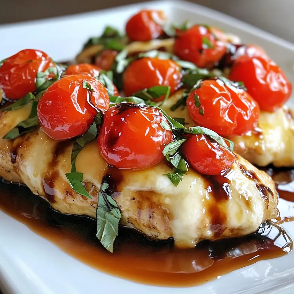 First, preheat your oven to 375°F (190°C). This step helps cook the chicken evenly. Next, take the boneless, skinless chicken breasts. Season them with salt, pepper, and Italian seasoning. This adds great flavor. Place the chicken in a greased baking dish, ready for the bruschetta. Now, let’s make the bruschetta mixture. In a bowl, combine 1 cup of quartered cherry tomatoes, 1/2 cup of chopped basil, and 3 cloves of minced garlic. Add 2 tablespoons of olive oil and a pinch of salt. Mix everything well. This mixture brings fresh flavor to the dish. Spoon the bruschetta mixture evenly over the chicken breasts. Make sure to cover them well. Next, sprinkle 1 cup of shredded mozzarella cheese on top. This cheese melts beautifully and adds creaminess. Finally, drizzle 1/4 cup of balsamic glaze over everything. It adds a sweet and tangy kick. Now, place the baking dish in your preheated oven. Bake for 25-30 minutes. Check that the chicken reaches an internal temperature of 165°F (75°C). The cheese should be bubbly and golden. This ensures your meal is both tasty and safe to eat. To ensure your chicken is juicy and safe, cook it to 165°F (75°C). Use a meat thermometer to check this. Insert it into the thickest part of the chicken. This step prevents any undercooked meat, which can lead to foodborne illness. When done, the chicken should be firm and have clear juices. You can elevate this dish with a few herbs and spices. Consider adding dried oregano or thyme for an extra kick. A sprinkle of red pepper flakes can add spice. Fresh parsley or chives also work well for a green touch. Mixing these in with the bruschetta adds depth to the flavor. To make your dish look as good as it tastes, use a large platter. Place the chicken in the center, topped with the bruschetta mixture. Drizzle extra balsamic glaze around the chicken for color. Add fresh basil leaves on top for a pop of green. This makes your meal visually appealing and ready to impress! Pro Tips Marinate for Extra Flavor: Allow the chicken to marinate in the olive oil, balsamic glaze, and seasonings for at least 30 minutes before baking. This enhances the flavor and tenderness of the chicken. Fresh Ingredients Matter: Use fresh basil and ripe cherry tomatoes for the best flavor. Fresh ingredients can significantly elevate the dish. Adjust Cheese to Taste: Feel free to experiment with different types of cheese, such as provolone or feta, for a unique twist on the classic mozzarella topping. Rest Before Serving: Let the baked chicken rest for 5 minutes after removing it from the oven. This allows the juices to redistribute, resulting in a juicier bite. {{image_2}} You can swap chicken for other meats. Try turkey or pork for a different taste. If you want a plant-based option, use firm tofu or chickpeas. Both options add protein and flavor. Each alternative gives a new twist to the dish while keeping it healthy. Don’t have fresh basil? Use dried basil or parsley instead. If you want less cheese, reduce the mozzarella. You can use goat cheese or feta for a tangy flavor. Need a gluten-free option? Ensure your balsamic glaze is gluten-free. These swaps make the dish fit your diet while keeping it tasty. Pair Bruschetta Chicken Bake with a fresh salad. A simple green salad balances the meal. You can also serve it with garlic bread. This adds a crunchy side. For a heartier option, try roasted vegetables. They add color and nutrition to your plate. To store leftovers of Bruschetta Chicken Bake, let it cool first. Place the chicken in an airtight container. Make sure to cover it tightly. This helps keep out air and moisture. You can store it in the fridge for up to three days. When you're ready to eat, just reheat it in the oven or microwave. If you want to freeze the dish, wrap it well. Use plastic wrap or aluminum foil to cover it tightly. Then, place it in a freezer-safe container. This will help keep out freezer burn. You can freeze Bruschetta Chicken Bake for up to three months. To reheat, let it thaw in the fridge overnight. Then, warm it in the oven until heated through. In the fridge, Bruschetta Chicken Bake lasts about three days. If frozen, it can stay good for three months. Always check for any signs of spoilage before eating. If it smells off or looks strange, it's best to throw it away. Yes, you can make Bruschetta Chicken Bake ahead of time. This dish is great for meal prep. Start by seasoning the chicken and mixing the bruschetta ingredients. You can store everything in the fridge for up to 24 hours before baking. - Tips for prepping in advance: - Season the chicken and place it in a greased baking dish. - Mix the tomatoes, basil, garlic, and olive oil. Store this mix in a sealed container. - When you're ready, just assemble and bake. This saves time and keeps flavors fresh. If you need a cheese swap, there are great options. You can use gouda, provolone, or even goat cheese for a tangy taste. Each cheese will add its own unique flavor. - Cheese alternatives for different flavors: - Gouda adds a rich, smoky note. - Provolone gives a sharp kick. - Goat cheese offers creaminess with a zesty twist. Bruschetta Chicken Bake is a nutritious choice. It features lean chicken and fresh veggies. The cherry tomatoes and basil are packed with vitamins. - Nutritional information and health benefits: - Each serving provides protein from chicken and calcium from cheese. - The dish is low in carbs and high in flavor. - Using fresh ingredients boosts the meal's health profile. In this post, we covered how to make a tasty Bruschetta Chicken Bake. We looked at main ingredients like chicken, tomatoes, and mozzarella. Then, we walked through simple steps to prepare and bake the dish. I shared tips for cooking the chicken just right and ideas for variations. This recipe is versatile and easy to modify. You can choose different proteins or ingredients to match your taste. Enjoy experimenting with this dish while keeping it fresh and healthy. With practice, you'll impress anyone who tries it. Get cooking and have fun!