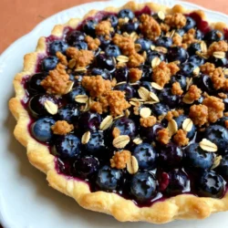 To make a Blueberry Crumble Pie, gather these ingredients: - 2 cups fresh blueberries - 1 cup granulated sugar (divided) - 2 tablespoons cornstarch - 1 tablespoon lemon juice - 1 tablespoon lemon zest - 1 teaspoon vanilla extract - 1 teaspoon ground cinnamon - 1 pre-made pie crust (store-bought or homemade) - 1 cup rolled oats - 1/2 cup all-purpose flour - 1/3 cup brown sugar - 1/2 cup unsalted butter, melted - Pinch of salt Fresh blueberries taste great in this pie. They burst with flavor and keep their shape. You can find them in stores during summer. If you can't get fresh ones, frozen blueberries work too. They are picked at peak ripeness, so they’re still sweet. Just remember to thaw them first and drain excess liquid to avoid a watery pie. If you want to swap out granulated sugar, there are options. Honey and maple syrup can add nice flavors. Use about 3/4 cup of honey or maple syrup for every cup of sugar. For a lower-calorie choice, try stevia or erythritol. These sweeteners can be used in equal amounts, but check the package for details. Each option gives a different taste, so choose what you like! {{ingredient_image_1}} Start by preheating your oven to 375°F (190°C). This step is key. A hot oven helps to bake the pie evenly. Set the temperature early, so it’s ready when you finish preparing the pie. In a mixing bowl, add the fresh blueberries. Then, pour in 1/2 cup of granulated sugar. Next, sprinkle in the cornstarch, lemon juice, lemon zest, vanilla extract, and ground cinnamon. Gently fold the mixture together. You want the blueberries to be coated well. This mix brings out their sweet and tangy flavors. Once your filling is ready, grab a pre-made pie crust. Carefully pour the blueberry mixture into the crust. Spread it out evenly. Make sure the blueberries are well-distributed. This helps each slice have a good amount of filling. In a separate bowl, mix together the rolled oats, all-purpose flour, and brown sugar. Add the melted butter and a pinch of salt. Stir the mixture until it looks like wet sand. This will create a crunchy topping that pairs well with the sweet blueberries. Now, it’s time to bake. Evenly sprinkle the crumble topping over the blueberry filling. Place the pie in your preheated oven. Bake for about 35-40 minutes. You want the topping to be golden brown and the blueberries to bubble. Once it’s done, remove the pie from the oven. Let it cool on a wire rack for at least 15-20 minutes. This helps the filling set a bit before serving. To get that perfect crumble texture, use cold butter. Cut it into the dry mix. The butter needs to mix until it resembles wet sand. If it looks too dry, add a bit more melted butter. This will help create a crunchy topping. Mix in oats and flour well to have a great balance. A flaky pie crust starts with cold ingredients. Use chilled butter and water in the dough. If you use a store-bought crust, look for one made with simple ingredients. Pre-bake the crust for 10 minutes before filling it. This helps keep the bottom from getting soggy. Serving this pie warm makes it even better. Top it with vanilla ice cream for a creamy touch. Fresh mint leaves add color and a nice flavor. Whipped cream is also a favorite choice. You can even drizzle some caramel sauce for extra sweetness. Enjoy experimenting with your favorite toppings! Pro Tips Use Fresh Blueberries: For the best flavor and texture, always opt for fresh blueberries. Frozen blueberries can be used, but they may make the filling more watery. Prevent a Soggy Crust: To avoid a soggy bottom, consider pre-baking the pie crust for 10 minutes before adding the filling. This will help create a barrier against moisture. Flavor Variations: Feel free to mix in other berries like raspberries or blackberries for a delicious twist. Adjust the sugar accordingly based on the sweetness of the berries used. Serve with Ice Cream: This pie is perfect when served warm with a scoop of vanilla ice cream. The combination of warm pie and cold ice cream is irresistible! {{image_2}} You can change the fruit in this pie. Try peaches, cherries, or apples. Each fruit brings a new taste. For peaches, slice them thin. Use about 2 cups, just like blueberries. Cherries need pitting, but they taste great too. Apples add crunch and sweetness. Mix your choice of fruit with sugar, cornstarch, lemon juice, and spices. You can even try mixed fruit for a fun twist. If you need a gluten-free option, it’s easy to swap the crust. Look for a gluten-free pie crust at the store. You can also make one at home. Use gluten-free flour blends to create your dough. Almond flour works well too. Just mix it with butter, sugar, and a pinch of salt. Press it into your pie dish, and you’re ready to fill it! To make this pie vegan, you can adjust a few things. Use a plant-based butter instead of regular butter. For the crust, choose a vegan pie crust from the store or make your own with coconut oil. Replace the granulated sugar with coconut sugar or maple syrup. These swaps keep the pie tasty and plant-friendly. You can still enjoy this cozy dessert without animal products! To keep your pie fresh, let it cool completely first. Once cool, cover it with plastic wrap or aluminum foil. You can also place it in an airtight container. This way, it stays safe from air and moisture. Store the pie in the fridge for up to three days. If you want to keep it longer, consider freezing it. When you want to enjoy your pie again, preheat your oven to 350°F (175°C). Place the pie on a baking sheet to catch any drips. Heat it for about 15-20 minutes. This warms up the pie and crisp up the crumble topping. If you prefer, you can microwave a slice for about 30 seconds. Just keep an eye on it, so it doesn't get too hot. If you want to save your pie for a special occasion, freezing is a great choice. First, cool the pie completely. Wrap it tightly in plastic wrap, then in aluminum foil. This extra layer helps prevent freezer burn. You can freeze the pie for up to three months. When you're ready to eat it, thaw it in the fridge overnight before reheating. Enjoy it just like fresh! Yes, you can use frozen blueberries. They work well in this pie. Just make sure to thaw them first. Drain any excess juice to avoid a soggy pie. Use the same amount as fresh blueberries. The taste will still be great! You will know the pie is done when the topping is golden brown. The blueberries should be bubbling around the edges. This usually takes about 35 to 40 minutes in the oven. Keep an eye on it to avoid overbaking. If you don’t have cornstarch, you can use flour as a substitute. Use 2 tablespoons of all-purpose flour instead. It will help thicken the filling, but it may not be as clear as cornstarch. Yes, you can prepare the filling in advance. Mix all the filling ingredients and store it in the fridge. It can stay fresh for up to 24 hours. Just pour it into the crust when ready to bake. You can store the pie at room temperature for up to two days. If you want it to last longer, keep it in the fridge for up to five days. Make sure to cover it well to keep it fresh. We covered the key steps for making a delicious blueberry crumble pie. You learned about choosing fresh or frozen berries, sweetener alternatives, and the best techniques for the filling and crust. I shared tips for the perfect crumble texture and how to store leftovers. You can even add your favorite fruits or try different diets like vegan or gluten-free. Enjoy making this dessert as a fun project!
