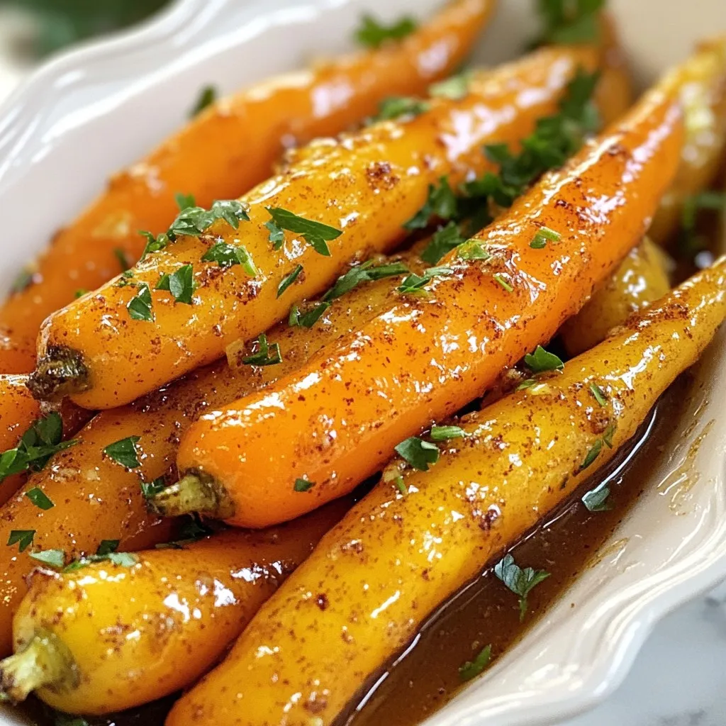 - 1 lb baby carrots (or sliced regular carrots) - 2 tablespoons unsalted butter - 3 tablespoons pure maple syrup - 2 tablespoons brown sugar - 1 teaspoon cinnamon - 1/2 teaspoon salt - Freshly cracked black pepper to taste - 1 tablespoon chopped fresh parsley (for garnish) The key to great Maple Brown Sugar Glazed Carrots lies in the ingredients. Start with fresh baby carrots. They are sweet, tender, and easy to cook. If you can't find baby carrots, regular carrots work too—just slice them into even pieces. Unsalted butter adds richness to the dish. It helps the carrots cook evenly and enhances the glaze. Pure maple syrup gives a deep, natural sweetness. It pairs perfectly with brown sugar, which adds a touch of caramel flavor. Cinnamon brings warmth and spice. It complements the sweet glaze beautifully. Salt is important to balance the flavors. A touch of freshly cracked black pepper adds a mild kick. Finally, fresh parsley is for garnish. It adds a pop of color and freshness. This dish not only tastes good but also looks great on your table. With these simple ingredients, you can create a side dish that is both tasty and visually appealing. Enjoy the sweet and savory flavors! {{ingredient_image_1}} - Wash and peel the carrots if using regular carrots, or simply wash baby carrots. - Melt butter in a skillet over medium heat. - Sauté carrots for about 5 minutes until they begin to soften. - Combine maple syrup, brown sugar, cinnamon, salt, and black pepper in a bowl. - Pour the glaze over the carrots, cover, and cook until tender. - Garnish with fresh parsley before serving. To make these carrots shine, start by washing them well. If you use regular carrots, peel them for a smooth texture. Baby carrots only need a quick rinse. Melt the butter in your skillet over medium heat. As it melts, the rich aroma fills the air, setting the stage for your dish. Next, toss in those carrots. Sauté them for about 5 minutes. You want them to soften just a bit but still have a nice bite. Stir them often to coat them in that lovely butter. While the carrots cook, grab a small bowl. Combine maple syrup, brown sugar, cinnamon, salt, and black pepper. This mix creates a sweet and spicy glaze. When the carrots are ready, pour this glaze over them. Stir to coat every carrot evenly. Now, cover the skillet and lower the heat. Let the carrots cook for another 10 to 15 minutes. Stir them occasionally. You want them tender but not mushy. The glaze will thicken, creating a beautiful shine. When they are done, take the skillet off the heat. Sprinkle fresh parsley on top. This adds a bright color and a touch of freshness. Serve these carrots in a shallow bowl, drizzled with any remaining glaze. Enjoy this sweet and savory side dish! - Use fresh baby carrots for optimal flavor and texture. They are sweet and tender. - Stir the carrots occasionally for even cooking. This helps them soften nicely. - Experiment with additional spices like nutmeg or ginger for extra warmth. A pinch can turn up the flavor. - Try adding a little cayenne pepper for a spicy kick. It pairs well with the sweetness. - Pair these glazed carrots with roasted meats. They complement chicken, pork, or beef beautifully. - Serve as a holiday side dish for a colorful plate. Their shine and sweetness bring joy to any meal. Pro Tips Use Fresh Carrots: Fresh, vibrant carrots will enhance the flavor and texture of your dish. Look for firm, unblemished carrots for the best results. Adjust Sweetness: Feel free to modify the amount of maple syrup and brown sugar based on your preference for sweetness. Start with less and add more if desired. Add a Pinch of Nutmeg: For an extra layer of warmth and flavor, consider adding a pinch of nutmeg to the glaze mixture. It pairs beautifully with cinnamon. Caramelization is Key: Allow the carrots to cook undisturbed for a few minutes while covered to enable proper caramelization, which enhances the overall flavor. {{image_2}} You can swap honey for maple syrup. This change gives a different sweetness. It can be fun to try! Another idea is to add a splash of orange juice. This adds a nice citrus twist. The bright flavor of orange pairs well with carrots. If you want a vegan dish, use coconut oil instead of butter. It gives a nice flavor and works well in the glaze. This change makes the dish plant-based and still tasty. You can also cook these carrots in the oven. Roasting brings out their natural sweetness. If you want a faster method, use a pressure cooker. Pressure cooking gives a different texture and saves time. After enjoying your maple brown sugar glazed carrots, store any leftovers wisely. Place them in an airtight container. They will stay fresh in the fridge for up to 3 days. Remember to let them cool before sealing the container. When it's time to enjoy your leftovers, warm them in a skillet. Use low heat to keep them tender. If they seem dry, add a splash of water. This will help restore the glaze's shine and flavor. If you want to save your glazed carrots for later, freezing is a great option. First, lay them in a single layer on a baking sheet. Once frozen, transfer them to a freezer-safe bag. This method helps prevent clumping. Your glazed carrots can last for up to 2 months in the freezer. Yes, you can use frozen carrots. They save time and are easy to use. Just thaw them first. Drain any excess water before cooking. Use the same amount of glaze as fresh carrots. Cook them a bit longer, about 15 to 20 minutes, until tender. Check often to avoid overcooking. These carrots pair well with many dishes. Serve them with roasted chicken or pork for a hearty meal. They also go great with grilled steak or fish. For a vegetarian option, serve with quinoa or a hearty salad. The sweet glaze balances well with savory flavors. Yes, you can double this recipe easily. Just use a larger skillet or two separate ones. Make sure to stir more often for even cooking. Keep an eye on the cooking time. They may need a bit longer to soften. Adjust the glaze as needed to coat all the carrots. This blog post shared a simple recipe for maple brown sugar glazed carrots. You learned about the necessary ingredients and precise steps to achieve tender, sweet carrots. We discussed tips for the best results, variations to personalize your dish, and storage methods to keep leftovers fresh. Incorporating these carrots into meals adds flavor and freshness. Enjoy exploring different ingredients and serving options. Your kitchen can create delicious moments for family and friends.
