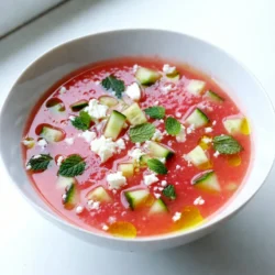 - 2 cups watermelon, cubed and seeds removed - 1 medium cucumber, peeled and diced - 1 small red bell pepper, chopped - 1 small red onion, finely chopped - 2 cups vegetable broth - 2 tablespoons fresh lime juice - 1 tablespoon olive oil - Fresh mint leaves, chopped - Crumbled feta cheese - Salt and pepper Making Cucumber Watermelon Gazpacho is simple and fun. Each ingredient adds its own flavor and style. Watermelon gives the gazpacho a sweet base. Cucumber adds a fresh crunch. Red bell pepper and red onion add a savory touch. The vegetable broth brings it all together. Fresh lime juice gives a nice tang. Olive oil adds richness and smoothness. For the best taste, I love adding fresh mint leaves as a garnish. They give a lovely aroma and flavor. If you want a salty kick, sprinkle some feta cheese on top. It’s a great way to finish the dish. You can adjust the salt and pepper to your liking. This will make your gazpacho just perfect for your taste buds. Enjoy the vibrant colors and fresh flavors of this dish! {{ingredient_image_1}} - Start by cubing 2 cups of watermelon. Make sure to remove the seeds. - Next, peel and dice 1 medium cucumber into small pieces. - Chop 1 small red bell pepper and finely chop 1 small red onion. - In a blender, combine the cubed watermelon and half of the diced cucumber. Blend until smooth. - Now, add the chopped red bell pepper, red onion, 2 cups of vegetable broth, 2 tablespoons of fresh lime juice, and 1 tablespoon of olive oil. Blend again until the mix is smooth. - Pour the mixture into a large bowl. Stir in the remaining diced cucumber and chopped mint leaves. - Cover the bowl and chill the gazpacho in the fridge for at least 1 hour. This helps the flavors blend well. To make your gazpacho smooth, blend in stages. First, mix watermelon and half the cucumber until smooth. Next, add the rest of the ingredients, blending until fully mixed. This helps keep the texture just right. If your gazpacho is thick, you can add more vegetable broth. Start with a little, then blend again until it feels right. For a burst of flavor, consider adding fresh herbs. Basil or cilantro can brighten the dish. You can also spice it up with jalapeño. Just a small amount will add a nice kick without being too hot. Taste as you go to find the right balance. Serve your gazpacho in chilled bowls. This keeps it refreshing and cool. For garnishing, sprinkle chopped mint leaves on top. You can also add crumbled feta cheese for a savory touch. This will make your dish look beautiful and taste even better. Pro Tips Choose Ripe Watermelon: Select a watermelon that feels heavy for its size and has a uniform shape. The skin should have a dull finish, indicating ripeness. Chill Ingredients: For an extra refreshing gazpacho, chill all your ingredients, including the vegetable broth, before blending. Variations on Herbs: Experiment with different herbs like basil or cilantro for a unique flavor profile that complements the sweetness of the watermelon. Adjusting Consistency: If you prefer a thicker gazpacho, reduce the amount of vegetable broth or add more cubed cucumber before blending. {{image_2}} You can boost your gazpacho by adding other fruits. Mango and pineapple work great. Their sweetness pairs well with the cucumber and watermelon. Just chop them up and blend them in. This adds fun flavors and makes the dish even more colorful. Want to make it vegan? No problem! The recipe is already plant-based. Just skip the feta cheese. For a low-sodium option, use homemade vegetable broth. You can also reduce added salt to keep it healthy. Use fresh herbs and veggies that are in season. Basil and cilantro add a nice twist. You can also try different peppers for varied taste. Adjust the recipe based on what's fresh at your local market. The more seasonal ingredients you use, the better the flavors will be. Store your Cucumber Watermelon Gazpacho in a glass container with a tight lid. This keeps it fresh longer. Make sure the container is clean before use. Avoid plastic wrap since it can cause condensation. Keep the gazpacho in the fridge. This helps maintain its cool and crisp flavors. In the fridge, your gazpacho stays fresh for about three days. This is perfect for meal prep or quick snacks. If you want to keep it longer, you can freeze it. However, freezing can change the texture. To freeze, pour it into freezer bags. Remove as much air as possible before sealing. Before serving leftovers, mix the gazpacho well. This helps blend the flavors again. If it seems thick, add a splash of vegetable broth or water. For a fresh taste, sprinkle in some extra mint leaves or a squeeze of lime juice. This will brighten the flavors nicely. Enjoy your chilled gazpacho as if it were fresh! Yes, you can make this gazpacho a day before. Chilling it overnight helps the flavors blend. The longer it sits, the tastier it gets. Just remember to cover it well in the fridge. This helps keep it fresh and cool. Cucumber Watermelon Gazpacho pairs well with light dishes. Try it with bruschetta or shrimp cocktails. It also goes great with a fresh salad or grilled chicken. These options make for a balanced meal. You can freeze gazpacho, but it may change texture. The fresh taste might fade as well. If you freeze it, store it in airtight containers. This helps avoid freezer burn. Thaw it in the fridge before serving. Cucumber Watermelon Gazpacho is fresh, tasty, and easy to make. You learned how to combine simple ingredients like watermelon, cucumber, and red bell pepper into a chilled soup. I shared tips for perfect texture and enhancing flavors with herbs and spices. Don't forget to try different fruits for unique twists. Storing and serving well keeps it delicious longer. Enjoy this refreshing dish at your next gathering! The possibilities are endless, so get creative and make it your own.
