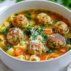 To make Italian Wedding Soup, you need simple, fresh items. Here’s the list of required ingredients: - 1 pound ground turkey or chicken - 1/2 cup breadcrumbs - 1/4 cup grated Parmesan cheese - 1 large egg - 2 cloves garlic, minced - 1 teaspoon Italian seasoning - Salt and pepper to taste - 8 cups chicken broth - 2 cups chopped kale or spinach - 1 cup diced carrots - 1 cup diced celery - 1 small onion, finely chopped - 1 cup small pasta (like acini di pepe or orzo) - Extra Parmesan cheese for serving - Fresh parsley, chopped for garnish Now, let’s talk about why each ingredient matters. The ground turkey or chicken gives a nice base flavor. Breadcrumbs add texture and help bind the meatballs. Grated Parmesan cheese brings a salty kick. The egg helps hold everything together. Garlic and Italian seasoning infuse great taste. Chicken broth is key. It forms the soup's heart. Kale or spinach adds nutrition and color. Carrots, celery, and onion build a sweet base. Small pasta makes the soup hearty and filling. Finally, fresh parsley and extra Parmesan add a nice touch when serving. Gathering these ingredients sets you up for a delightful cooking experience. Each one plays a role in creating that cozy, flavorful bowl of soup. {{ingredient_image_1}} To start, I mix the meatball ingredients in a large bowl. I use 1 pound of ground turkey or chicken. Then, I add 1/2 cup of breadcrumbs and 1/4 cup of grated Parmesan cheese. Next, I crack in 1 large egg and add 2 cloves of minced garlic. I also sprinkle in 1 teaspoon of Italian seasoning, along with salt and pepper to taste. I mix everything together until it's well combined. It should feel moist but not sticky. After mixing, I form the mixture into small meatballs, about 1 inch in size. I set these aside on a plate for later. Next, I cook the soup base in a large pot. I drizzle some olive oil into the pot and heat it over medium heat. I add the chopped onion, diced carrots, and diced celery. I sauté these for about 5-7 minutes until they soften and smell great. Once the veggies are tender, I pour in 8 cups of chicken broth. I bring this to a gentle boil. The broth adds rich flavor to the soup. Now, it’s time to add the meatballs. I carefully drop them into the boiling broth. I reduce the heat to a simmer and cook for about 10 minutes. This cooks the meatballs all the way through. Next, I stir in 2 cups of chopped kale or spinach and 1 cup of small pasta, like acini di pepe or orzo. I then let it cook for another 5-7 minutes until the pasta is tender. Finally, I check the seasoning. If it needs more salt or pepper, I adjust it at this stage. Now, my soup is ready to serve! I ladle it into bowls and top it with fresh parsley and extra Parmesan cheese. To make great meatballs, keep the mix moist. Start with 1 pound of ground turkey or chicken. Add 1/2 cup of breadcrumbs and 1/4 cup of grated Parmesan cheese. Use 1 large egg to bind it all. Mix in 2 cloves of minced garlic and 1 teaspoon of Italian seasoning. Don't forget salt and pepper to taste. Make your meatballs about 1 inch wide. This size cooks quickly and stays juicy. You can also make smaller ones if you prefer bite-sized pieces. Herbs and spices bring life to your soup. Add fresh parsley when serving for a pop of color. You can also sprinkle extra Parmesan cheese on top. For a rich taste, cook your soup for about 40 minutes total. Start by sautéing your veggies for 5-7 minutes. Then, let the meatballs simmer in the broth for 10 minutes. Finally, add the kale and pasta and let them cook for 5-7 more minutes. Garnish your soup with chopped parsley and extra Parmesan. It adds a nice touch and flavor. For sides, serve Italian bread or crusty rolls. They soak up the broth well. You could also have a light salad for freshness. Enjoy every hearty spoonful! Pro Tips Use Fresh Herbs: Fresh parsley or basil can elevate the flavor of your soup significantly. Add them just before serving for a burst of freshness. Customize Your Greens: Feel free to switch out kale or spinach for other greens like Swiss chard or collard greens, depending on your preference. Make Ahead: This soup can be made ahead of time and stored in the fridge for up to 3 days. The flavors will deepen, making it even tastier! Control the Pasta Cook Time: To prevent overcooking, add the pasta to the soup in the last few minutes of cooking, so it remains al dente. {{image_2}} You can easily make Italian Wedding Soup vegetarian. Instead of meat, use plant-based ingredients. Try lentils or chickpeas for protein. They add a nice texture. Use vegetable broth for the soup base. This keeps all the flavors while making it meat-free. If you want a vegan version, swap out the egg and cheese. Use a flax egg or a vegan egg substitute. Nutritional yeast can replace cheese for that cheesy flavor. Different regions of Italy have unique twists on this soup. You can change the pasta type to fit your taste. Use small shells, ditalini, or even gluten-free pasta. Each choice adds its own charm. Local greens also add flavor. Instead of kale, try Swiss chard or collard greens. You can mix and match vegetables too. Zucchini or peas are great additions. Feel free to swap proteins based on what you have. Ground beef or pork works well in this soup. If you want a lighter option, try ground chicken or turkey. For a smoky flavor, add pancetta or sausage. You can also change the broth. Use beef broth for a richer taste or homemade broth for freshness. These swaps keep the soup exciting and new each time you make it. To store your Italian Wedding Soup, let it cool first. Transfer the soup into an airtight container. This keeps it fresh and tasty. You can store it in the fridge for about 3 to 4 days. Always remember to label the container with the date. This way, you will know when to use it. If you want to save the soup for later, freezing is a great option. Pour the soup into freezer-safe bags or containers. Leave some space at the top for expansion. Seal tightly to avoid freezer burn. You can freeze the soup for up to 3 months. When you’re ready to eat, thaw the soup in the fridge overnight. To reheat, pour the soup into a pot and warm it on low heat. Stir often to keep it smooth. You can also add a splash of broth if it seems too thick. Italian Wedding Soup is a warm dish full of flavor. Many think it comes from weddings, but that’s not true. The name comes from the Italian phrase "minestra maritata," which means "married soup." It tells how the rich flavors of meat and greens blend so well together. This soup has roots in Southern Italy. It mixes meatballs, greens, and broth in a comforting way. Yes, you can make Italian Wedding Soup ahead of time. It actually tastes better the next day! To prepare, cook the meatballs and soup base, but leave out the pasta and greens. Store them separately in the fridge. When you are ready to eat, add the pasta and greens to the warm broth. This keeps the pasta from getting soggy. Many sides pair well with Italian Wedding Soup. Here are some tasty ideas: - Crusty bread for dipping. - Garlic bread for a flavor boost. - A fresh salad for a light touch. These sides make the meal complete and add more taste. Italian Wedding Soup is quite healthy! Here’s a quick look at its nutrition: - Lean protein: Ground turkey or chicken provide great protein. - Vitamins: The kale or spinach gives vitamins A and C. - Fiber: Carrots and celery add fiber for digestion. - Low in calories: This soup is low in calories and filling. Overall, it’s a delicious choice for a balanced meal! Italian Wedding Soup is a tasty blend of healthy flavors. We learned how to prepare meatballs, sauté veggies, and cook the soup. Tips helped improve flavor, and variations offered new ideas. Proper storage keeps leftovers fresh. In my view, this soup warms the heart and body. Whether you make it for a meal or a gathering, it brings joy. Enjoy cooking and make it your own!