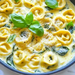 To make a delicious creamy spinach tortellini skillet, you'll need these fresh ingredients: - 9 oz fresh tortellini (cheese-filled) - 2 cups fresh spinach, roughly chopped - 1 cup heavy cream - 1 tablespoon olive oil - 2 cloves garlic, minced - 1 teaspoon Italian seasoning - 1/2 cup grated Parmesan cheese - Salt and pepper to taste - Red pepper flakes (optional, for heat) - Fresh basil leaves for garnish Each item adds flavor and texture to this easy weeknight meal. Fresh tortellini gives a soft bite, while the spinach adds color and nutrients. Heavy cream creates that rich, creamy sauce we all love. Garlic brings warmth, and Italian seasoning adds depth. Parmesan cheese provides a savory finish. You can adjust salt and pepper to your taste, and red pepper flakes can give a fun kick. Don’t forget the fresh basil for a pop of flavor on top! {{ingredient_image_1}} To start, fill a large pot with water. Make sure to add a good amount of salt. Bring the water to a rolling boil. Once boiling, add the fresh tortellini. Cook it according to the package instructions, usually about 3-5 minutes. You want the tortellini to be al dente, which means firm to the bite. Drain the tortellini well and set it aside. Next, grab a large skillet. Set your heat to medium and pour in 1 tablespoon of olive oil. Once the oil is hot, add 2 minced garlic cloves. Sauté the garlic for about 1 minute. You will know it’s ready when you can smell its lovely aroma. Be careful not to burn it; burnt garlic can taste bitter. Now, it's time to make the cream sauce. Pour 1 cup of heavy cream into the skillet with the garlic. Bring the cream to a gentle simmer. This should take just a minute or two. Next, add 2 cups of roughly chopped fresh spinach. Cook for 2-3 minutes until the spinach wilts down. Stir in 1 teaspoon of Italian seasoning, salt, and pepper to taste. If you like heat, add red pepper flakes now. Let the sauce simmer for another 2 minutes, stirring occasionally. Once your sauce is ready, it’s time to mix in the tortellini. Gently add the cooked tortellini to the skillet. Toss everything together to coat the pasta well in the creamy sauce. Gradually add 1/2 cup of grated Parmesan cheese and mix until it melts. If the sauce feels too thick, splash in a bit of pasta water to loosen it up. Always taste and adjust seasoning if needed. Now for the fun part—serving! Use a large spoon to transfer the creamy tortellini onto plates or into a serving dish. For a nice touch, garnish with fresh basil leaves and sprinkle a bit more Parmesan on top. This makes the dish look inviting and adds extra flavor. Enjoy your meal! To cook tortellini just right, aim for al dente. This means it should be firm but not hard. Follow the package instructions closely. Usually, it takes about 3 to 5 minutes in boiling water. When draining the tortellini, use a colander. Shake it gently to get rid of excess water. Avoid rinsing the pasta. Rinsing can wash away flavor and starch. To make your sauce creamier, consider adding cream cheese or mascarpone. These ingredients boost richness without overpowering the dish. You can also mix in a little butter for extra gloss. If the sauce feels too thick, add a splash of pasta water. This helps loosen it while keeping the flavor intact. Stir well to ensure everything blends smoothly. For a beautiful dish, focus on color and texture. Serve the tortellini in a deep bowl or a wide plate. This creates space for the sauce to pool around the pasta. Garnishing is key. Add fresh basil leaves on top for a pop of green. A sprinkle of extra Parmesan cheese can enhance both flavor and look. You might even add a pinch of red pepper flakes for a hint of spice. Pro Tips Tip Title: Use Fresh Ingredients: Fresh tortellini and spinach will elevate the flavor of your dish significantly. Opt for high-quality cheese-filled tortellini for the best results. Tip Title: Adjust Creaminess: If you prefer a lighter sauce, consider substituting half of the heavy cream with vegetable broth or milk. This will reduce the richness while maintaining flavor. Tip Title: Add More Vegetables: Feel free to include other vegetables such as mushrooms or bell peppers to enhance the nutritional value and taste of the dish. Tip Title: Perfect Pasta Cooking: Ensure your pasta is al dente for the best texture. Remember, it will continue to cook slightly when added to the hot sauce. {{image_2}} You can change the tortellini filling. Try mushroom, spinach, or even a meat option. This gives you new tastes. For a dairy-free choice, use coconut cream instead of heavy cream. This still offers a rich flavor. You can also find dairy-free cheese for a nice twist. Want to boost your meal? Add protein! Chicken works great. Just cook it in the skillet before adding other ingredients. Shrimp is quick to cook and adds a nice touch. Bacon gives a crunchy, salty kick. Just remember to cook it crisp first. Keep in mind cooking times vary, so adjust as needed. To make your dish pop, add more herbs. Thyme or oregano can brighten the taste. You might even try fresh parsley for a different flavor. Mixing in vegetables like bell peppers or mushrooms adds nutrition and color. Just sauté them with garlic for that full flavor. To keep your creamy spinach tortellini fresh, store it in an airtight container. This helps prevent moisture loss and keeps flavors intact. Make sure the dish is cool before sealing. In the fridge, it will last about 3 days. After that, the taste and texture can change. When it's time to enjoy leftovers, reheat them gently. The best way is to use a skillet on low heat. Stir often to warm evenly. If the pasta seems dry, add a splash of water or cream. This will help avoid sogginess and keep the sauce creamy. You can freeze creamy spinach tortellini for later meals. Place it in a freezer-safe container or bag. Make sure to remove as much air as possible. It will stay good for about 2-3 months. To thaw, move it to the fridge overnight. Reheat as mentioned above for the best flavor. Yes, you can use frozen tortellini. The cooking time will change slightly. Cook it in boiling water for about 2-3 minutes longer than fresh tortellini. Always check the package for exact times. Frozen tortellini may also need a few extra minutes to heat through in the sauce. Just keep an eye on it as it cooks. Creamy spinach tortellini pairs well with several side dishes. Here are a few ideas: - Garlic bread for a crunchy side. - A simple green salad to add freshness. - Steamed vegetables like broccoli or green beans. - A light tomato soup for a warm touch. These sides can balance the richness of the creamy dish. To add heat, you can use red pepper flakes. Just sprinkle a pinch into the sauce while it simmers. If you want more spice, add diced jalapeños or a splash of hot sauce. You can also try a pinch of cayenne pepper. Adjust the heat to suit your taste. Enjoy the kick! In this blog post, we covered how to make creamy spinach tortellini from scratch. You learned about the essential ingredients, easy steps to cook the dish, and tips for perfect results. I shared ways to customize it, store it, and even make it spicier. Cooking can be fun and rewarding. Enjoy your creamy tortellini as a quick meal or impress guests. With the right ingredients and steps, you can create a dish that everyone will love. Try it out, and let your kitchen shine!