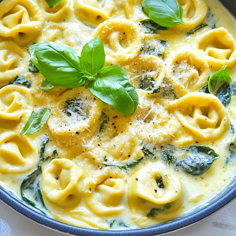 To make a delicious creamy spinach tortellini skillet, you'll need these fresh ingredients: - 9 oz fresh tortellini (cheese-filled) - 2 cups fresh spinach, roughly chopped - 1 cup heavy cream - 1 tablespoon olive oil - 2 cloves garlic, minced - 1 teaspoon Italian seasoning - 1/2 cup grated Parmesan cheese - Salt and pepper to taste - Red pepper flakes (optional, for heat) - Fresh basil leaves for garnish Each item adds flavor and texture to this easy weeknight meal. Fresh tortellini gives a soft bite, while the spinach adds color and nutrients. Heavy cream creates that rich, creamy sauce we all love. Garlic brings warmth, and Italian seasoning adds depth. Parmesan cheese provides a savory finish. You can adjust salt and pepper to your taste, and red pepper flakes can give a fun kick. Don’t forget the fresh basil for a pop of flavor on top! {{ingredient_image_1}} To start, fill a large pot with water. Make sure to add a good amount of salt. Bring the water to a rolling boil. Once boiling, add the fresh tortellini. Cook it according to the package instructions, usually about 3-5 minutes. You want the tortellini to be al dente, which means firm to the bite. Drain the tortellini well and set it aside. Next, grab a large skillet. Set your heat to medium and pour in 1 tablespoon of olive oil. Once the oil is hot, add 2 minced garlic cloves. Sauté the garlic for about 1 minute. You will know it’s ready when you can smell its lovely aroma. Be careful not to burn it; burnt garlic can taste bitter. Now, it's time to make the cream sauce. Pour 1 cup of heavy cream into the skillet with the garlic. Bring the cream to a gentle simmer. This should take just a minute or two. Next, add 2 cups of roughly chopped fresh spinach. Cook for 2-3 minutes until the spinach wilts down. Stir in 1 teaspoon of Italian seasoning, salt, and pepper to taste. If you like heat, add red pepper flakes now. Let the sauce simmer for another 2 minutes, stirring occasionally. Once your sauce is ready, it’s time to mix in the tortellini. Gently add the cooked tortellini to the skillet. Toss everything together to coat the pasta well in the creamy sauce. Gradually add 1/2 cup of grated Parmesan cheese and mix until it melts. If the sauce feels too thick, splash in a bit of pasta water to loosen it up. Always taste and adjust seasoning if needed. Now for the fun part—serving! Use a large spoon to transfer the creamy tortellini onto plates or into a serving dish. For a nice touch, garnish with fresh basil leaves and sprinkle a bit more Parmesan on top. This makes the dish look inviting and adds extra flavor. Enjoy your meal! To cook tortellini just right, aim for al dente. This means it should be firm but not hard. Follow the package instructions closely. Usually, it takes about 3 to 5 minutes in boiling water. When draining the tortellini, use a colander. Shake it gently to get rid of excess water. Avoid rinsing the pasta. Rinsing can wash away flavor and starch. To make your sauce creamier, consider adding cream cheese or mascarpone. These ingredients boost richness without overpowering the dish. You can also mix in a little butter for extra gloss. If the sauce feels too thick, add a splash of pasta water. This helps loosen it while keeping the flavor intact. Stir well to ensure everything blends smoothly. For a beautiful dish, focus on color and texture. Serve the tortellini in a deep bowl or a wide plate. This creates space for the sauce to pool around the pasta. Garnishing is key. Add fresh basil leaves on top for a pop of green. A sprinkle of extra Parmesan cheese can enhance both flavor and look. You might even add a pinch of red pepper flakes for a hint of spice. Pro Tips Tip Title: Use Fresh Ingredients: Fresh tortellini and spinach will elevate the flavor of your dish significantly. Opt for high-quality cheese-filled tortellini for the best results. Tip Title: Adjust Creaminess: If you prefer a lighter sauce, consider substituting half of the heavy cream with vegetable broth or milk. This will reduce the richness while maintaining flavor. Tip Title: Add More Vegetables: Feel free to include other vegetables such as mushrooms or bell peppers to enhance the nutritional value and taste of the dish. Tip Title: Perfect Pasta Cooking: Ensure your pasta is al dente for the best texture. Remember, it will continue to cook slightly when added to the hot sauce. {{image_2}} You can change the tortellini filling. Try mushroom, spinach, or even a meat option. This gives you new tastes. For a dairy-free choice, use coconut cream instead of heavy cream. This still offers a rich flavor. You can also find dairy-free cheese for a nice twist. Want to boost your meal? Add protein! Chicken works great. Just cook it in the skillet before adding other ingredients. Shrimp is quick to cook and adds a nice touch. Bacon gives a crunchy, salty kick. Just remember to cook it crisp first. Keep in mind cooking times vary, so adjust as needed. To make your dish pop, add more herbs. Thyme or oregano can brighten the taste. You might even try fresh parsley for a different flavor. Mixing in vegetables like bell peppers or mushrooms adds nutrition and color. Just sauté them with garlic for that full flavor. To keep your creamy spinach tortellini fresh, store it in an airtight container. This helps prevent moisture loss and keeps flavors intact. Make sure the dish is cool before sealing. In the fridge, it will last about 3 days. After that, the taste and texture can change. When it's time to enjoy leftovers, reheat them gently. The best way is to use a skillet on low heat. Stir often to warm evenly. If the pasta seems dry, add a splash of water or cream. This will help avoid sogginess and keep the sauce creamy. You can freeze creamy spinach tortellini for later meals. Place it in a freezer-safe container or bag. Make sure to remove as much air as possible. It will stay good for about 2-3 months. To thaw, move it to the fridge overnight. Reheat as mentioned above for the best flavor. Yes, you can use frozen tortellini. The cooking time will change slightly. Cook it in boiling water for about 2-3 minutes longer than fresh tortellini. Always check the package for exact times. Frozen tortellini may also need a few extra minutes to heat through in the sauce. Just keep an eye on it as it cooks. Creamy spinach tortellini pairs well with several side dishes. Here are a few ideas: - Garlic bread for a crunchy side. - A simple green salad to add freshness. - Steamed vegetables like broccoli or green beans. - A light tomato soup for a warm touch. These sides can balance the richness of the creamy dish. To add heat, you can use red pepper flakes. Just sprinkle a pinch into the sauce while it simmers. If you want more spice, add diced jalapeños or a splash of hot sauce. You can also try a pinch of cayenne pepper. Adjust the heat to suit your taste. Enjoy the kick! In this blog post, we covered how to make creamy spinach tortellini from scratch. You learned about the essential ingredients, easy steps to cook the dish, and tips for perfect results. I shared ways to customize it, store it, and even make it spicier. Cooking can be fun and rewarding. Enjoy your creamy tortellini as a quick meal or impress guests. With the right ingredients and steps, you can create a dish that everyone will love. Try it out, and let your kitchen shine!